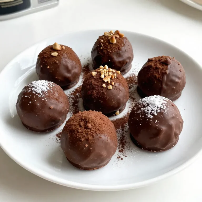 - 200g high-quality dark chocolate (70% cocoa), finely chopped - 100ml Baileys Irish Cream (or a non-alcoholic Irish cream alternative if preferred) - 100ml heavy cream To make these truffles, start with dark chocolate. It gives the truffles a rich taste. Use high-quality chocolate for the best flavor. Baileys Irish Cream adds a smooth, creamy touch. You can swap this for a non-alcoholic version if you like. Heavy cream makes the truffles soft and rich. Make sure you measure these ingredients carefully for great results. - 50g unsweetened cocoa powder (for rolling) - 50g finely crushed nuts (hazelnuts or almonds are excellent choices) - 50g powdered sugar (for rolling) The coating adds a fun twist to your truffles. Unsweetened cocoa powder gives a deep chocolate flavor. Finely crushed nuts offer a crunchy texture. Hazelnuts or almonds both work well. Powdered sugar adds a sweet touch. You can mix and match these coatings for variety. - Pinch of flaky sea salt - Flavor variations A pinch of flaky sea salt can enhance the chocolate's flavor. It balances the sweetness perfectly. You can also explore different flavors. Consider adding a few drops of orange zest or espresso. This can give your truffles a unique twist. Don't be afraid to experiment! {{ingredient_image_2}} - Finely chop the dark chocolate. This helps it melt evenly. - Transfer the chocolate into a heatproof bowl. Make sure it is a sturdy bowl. - Heat the cream in a small saucepan over medium heat. Stir it until it simmers. Don't let it boil. - Once simmering, pour the cream over the chopped chocolate. Let it sit for about 2 minutes. This helps the chocolate melt fully. - Add the Baileys and a pinch of sea salt to the melted chocolate. This adds flavor and depth. - Stir the mixture gently. Keep mixing until it is completely smooth. No lumps should remain. - Cover the bowl with plastic wrap. Place it in the fridge and chill for about 2 hours. This helps it firm up. - Once firm, use a melon baller or small spoon to scoop the mixture. Roll each scoop into a ball between your hands. - Set up three shallow bowls: one with cocoa powder, one with crushed nuts, and one with powdered sugar. This gives you options for coating. - Roll each truffle in your chosen coating. Make sure they are evenly covered. Place them on a baking sheet lined with parchment paper. - After coating, chill the truffles again for 30 minutes. This helps them set well. - Serve them on a nice plate. Enjoy these rich, creamy delights with friends or family! - Use high-quality dark chocolate, around 70% cocoa, for rich flavor. - The better the chocolate, the better your truffles will taste. Quality chocolate melts smoothly and adds depth. - To get creamy truffles, warm the cream gently. Don’t let it boil. - Stir the mixture well after adding Baileys. This helps avoid lumpy truffles. - Present the truffles on a nice plate. A sprinkle of cocoa or crushed nuts adds flair. - Pair these truffles with coffee or a glass of dessert wine. They balance the sweet flavors perfectly. Pro Tips Use Quality Chocolate: The better the chocolate, the richer and more delicious your truffles will be. Look for high-quality dark chocolate with at least 70% cocoa content for the best flavor. Chill for Perfect Texture: Don’t rush the chilling process. Allowing the chocolate mixture to chill adequately ensures your truffles are easy to roll and maintain their shape. Experiment with Coatings: Get creative with your truffle coatings! Try using different flavors like crushed cookies, shredded coconut, or even sprinkles for a fun twist. Perfect Portioning: Use a small cookie scoop or melon baller for uniform truffles. This not only makes them look professional but also ensures even flavor in every bite. {{image_4}} You can have fun with flavor in your truffles. Try adding other liqueurs for a twist. A splash of coffee liqueur gives a rich taste. You can also use orange liqueur for a citrusy zing. Both pair well with chocolate. Using different chocolate types can change the flavor too. Dark chocolate gives a bold taste, while milk chocolate adds sweetness. White chocolate can give a creamy texture, too. Each type brings its unique charm. Not everyone wants alcohol in their sweets. You can make non-alcoholic truffles by using a non-alcoholic Irish cream. This keeps the rich flavor without the boozy kick. If you want vegan truffles, swap heavy cream with coconut cream. Use dairy-free chocolate to keep it plant-based. These options still taste amazing and are a hit at parties. Seasonal flavors can make your truffles special. During the holidays, add spices like cinnamon or nutmeg. These warm flavors create a cozy vibe. For special occasions, think about decadent toppings. Drizzle melted chocolate on top for a fancy touch. You can also sprinkle sea salt for a contrast in taste. These small additions can really elevate your truffles. To keep your truffles fresh, store them in the fridge. Place them in an airtight container. This method helps maintain their rich taste and creamy texture. You can also store them at room temperature for a short time. Just make sure it’s cool and dry. The truffles stay fresh for about one week in the fridge. If left out, they last only a few days. These truffles make a great gift! For packaging, consider using small boxes or decorative tins. You can also wrap them in colorful paper. Add a personal touch with a ribbon. Include storage instructions for the recipient. Mention that they should keep them in the fridge. This will help the truffles stay tasty longer. You can freeze truffles for later enjoyment. To do this, place them in a single layer on a baking sheet. Freeze them for about an hour until solid. Once frozen, transfer the truffles to a freezer bag. Squeeze out any extra air and seal it. They can last up to three months in the freezer. When you want to enjoy them, thaw them in the fridge overnight. This keeps their quality top-notch. Yes, you can use milk chocolate. Milk chocolate is sweeter and creamier. It has less cocoa than dark chocolate, so the truffles will taste different. If you prefer a sweeter dessert, this option works well. Under ideal conditions, these truffles last about one week in the fridge. Make sure to store them in an airtight container. If left out at room temperature, they may not stay fresh as long. Yes, you can make them without alcohol. Use a non-alcoholic Irish cream instead. You can also add coffee or vanilla extract for flavor. This keeps the truffle taste rich without the alcohol. Rolling the truffles in your chosen coating is key. Use a shallow bowl for each coating. This helps you coat each truffle evenly. Make sure to roll them gently to avoid breaking. Yes, you can use other creams. Heavy whipping cream gives the best texture. If you want a lighter option, use half-and-half. This may change the creaminess, but the truffles will still taste great. In this post, we explored how to make rich Baileys truffles. We discussed the essential ingredients, like dark chocolate and heavy cream, and highlighted coating options. I shared easy step-by-step instructions to help you create smooth, flavorful truffles. Additionally, we looked at variations, storage tips, and addressed common questions. These truffles are fun to make and perfect for sharing. Enjoy the process and impress your friends with these tasty treats.