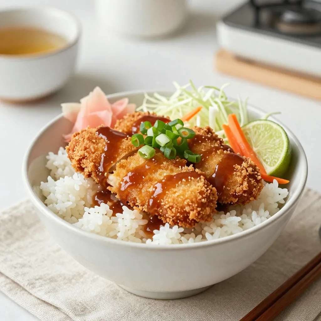 - 2 boneless, skinless chicken breasts - 1 cup panko breadcrumbs - 1/2 cup all-purpose flour - 2 large eggs, beaten You need fresh chicken breasts for the best taste. Panko breadcrumbs give a nice crunch. All-purpose flour helps the breading stick. The beaten eggs are key for coating. - Salt, to taste - Freshly ground black pepper, to taste - 1 teaspoon garlic powder - 1 teaspoon onion powder - Tonkatsu sauce, for drizzling - Pickled ginger, for serving Seasoning makes a big difference. Salt and pepper bring out the chicken's flavor. Garlic and onion powder add depth. Tonkatsu sauce is sweet and tangy. Pickled ginger offers a zesty bite. - 2 cups cooked Japanese short-grain rice - 1 cup finely shredded cabbage - 1/4 cup shredded carrots - 1/4 cup sliced scallions Japanese short-grain rice is sticky and perfect for bowls. Shredded cabbage adds crunch. Carrots bring color and sweetness. Scallions add a fresh, mild onion taste. Each ingredient enhances the overall dish. When combined, they create a flavorful and satisfying meal. {{ingredient_image_2}} 1. First, take the chicken breasts and place them between two sheets of plastic wrap. 2. Use a meat mallet or rolling pin to pound the chicken to about 1/2 inch thick. This step helps the chicken cook evenly. 3. Next, season both sides with salt, black pepper, garlic powder, and onion powder. Make sure the seasonings are spread out well. 1. Now, set up your breading station. You need three bowls: one with all-purpose flour, another with beaten eggs, and the last one with panko breadcrumbs. 2. To bread the chicken, first dredge each piece in flour. Shake off extra flour. 3. Dip the chicken into the eggs next, allowing any excess to drip off. 4. Finally, coat the chicken with panko breadcrumbs. Press the breadcrumbs onto the chicken so they stick well. 1. In a large skillet, heat about 1/2 inch of vegetable oil over medium heat. 2. To check if the oil is ready, drop in a few panko crumbs. If they sizzle, the oil is hot enough. 3. Carefully place the breaded chicken into the skillet. Don't overcrowd the pan. 4. Fry each piece for about 4-5 minutes on each side. They should be golden brown and cooked through. 5. Once cooked, transfer the chicken to a plate lined with paper towels. This helps drain any excess oil. 1. While the chicken rests, prepare your serving bowls. Divide the cooked Japanese short-grain rice among them. 2. Top the rice with a good amount of shredded cabbage and a sprinkle of sliced carrots. 3. After the chicken has cooled a bit, slice it into strips. 4. Arrange the chicken over the rice and vegetables in each bowl. 5. Drizzle tonkatsu sauce over the chicken and garnish with sliced scallions. Add pickled ginger on the side for extra flavor. To ensure your chicken katsu is crispy, follow these steps: - Pound the chicken to an even thickness. This helps it cook evenly. - Use panko breadcrumbs for the best crunch. - Fry the chicken in hot oil. The ideal temperature is around 350°F (175°C). Check the oil's heat by dropping a few panko crumbs in. If they sizzle, the oil is ready. Avoid overcrowding the pan. This keeps the oil hot and helps the chicken fry evenly. Serving your chicken katsu bowls with chopsticks adds a fun touch. It makes the meal feel more authentic and engaging. To enhance the dish's look, add lime slices on the side. The bright color and fresh scent make your bowl more inviting. Plus, a squeeze of lime adds a tasty zing. Don’t be afraid to experiment with sauces! Try adding a spicy mayo or a drizzle of sriracha for extra flavor. You can also customize your vegetable toppings. Add cucumbers, radishes, or avocado for different textures and tastes. These small changes can make a big difference in your bowl. Pro Tips Even Thickness: Pound the chicken breasts to an even thickness to ensure they cook uniformly, avoiding dry edges and undercooked centers. Proper Oil Temperature: Check the oil temperature by dropping panko crumbs in; they should sizzle. This ensures a crispy, golden crust while preventing greasy chicken. Press the Breadcrumbs: When coating the chicken, press the panko breadcrumbs firmly to ensure they adhere well. This will give you a thicker, crunchier crust. Rest After Frying: Let the fried chicken rest on paper towels to absorb excess oil. This step helps maintain the crispiness of the coating. {{image_4}} You can switch up the chicken katsu with different proteins. Using pork katsu is a great option. It has a rich flavor and a juicy texture. Simply follow the same steps as chicken katsu. If you want a vegetarian option, try using eggplant or tofu. Slice the eggplant into thick rounds, coat it in panko, and fry it until crispy. For tofu, press it to remove moisture, slice it, and then bread and fry it. Both options are tasty and satisfying. You can serve katsu in many ways. One popular style is katsu curry bowls. Top your rice and vegetables with katsu and pour warm curry sauce over it. This creates a cozy and hearty meal. Another fun idea is adding a poached egg on top. The runny yolk adds creaminess and richness. Just poach the egg while you fry the katsu. Then, place it on the bowl for a delightful twist. Want to spice things up? Try making spicy katsu by adding chili powder to the breading mix. This adds a nice kick to each bite. You can also incorporate sesame or seaweed for more depth. Sprinkle sesame seeds on top before serving. For seaweed, you can use nori sheets, cut into strips. This adds a subtle umami flavor that pairs well with katsu. To store leftover chicken katsu, place it in an airtight container. Keep it in the refrigerator for up to three days. To reheat, use an oven or an air fryer. This helps keep the chicken crispy. Avoid using the microwave, as it can make the katsu soggy. If you want to keep chicken katsu longer, you can freeze it. Wrap each piece tightly in plastic wrap. Then, place them in a freezer bag. This helps prevent freezer burn. You can freeze the katsu for up to three months. When you're ready to eat, thaw it in the fridge overnight. Reheat in the oven or air fryer until hot. Chicken katsu bowls stay fresh in the fridge for about three days. If you freeze them, they can last for up to three months. For the best taste and texture, enjoy them sooner rather than later. Always check for any signs of spoilage before eating. To make chicken katsu crispy, follow these tips: - Use panko breadcrumbs for that light crunch. - Ensure the oil is hot enough before frying. - Dredge the chicken in flour, then egg, and finally coat it in panko. - Press the breadcrumbs firmly onto the chicken to help them stick. These steps help create a tasty and crispy coating. The hot oil cooks the katsu evenly, making it golden brown. Yes, you can use other types of breadcrumbs. Here are some alternatives: - Regular breadcrumbs: They make a decent substitute. - Crushed cornflakes: They add a fun crunch. - Ground nuts: They give a unique flavor and texture. Each option brings a different taste and texture to the dish. Experiment to find your favorite! Tonkatsu sauce is a sweet and tangy sauce that pairs well with katsu. Its key ingredients include: - Worcestershire sauce - Ketchup - Soy sauce - Sugar - Vinegar - Garlic powder This sauce adds a rich flavor to the crispy chicken. It's thick and sticky, perfect for drizzling over your katsu. Chicken katsu can be made gluten-free. Here are some ways to adapt the recipe: - Use gluten-free breadcrumbs instead of panko. - Swap all-purpose flour for a gluten-free flour blend. These changes let you enjoy chicken katsu without gluten. Always check the labels of your ingredients to be safe. Yes, you can prepare chicken katsu in advance. Here are some tips: - Bread the chicken a few hours ahead and keep it in the fridge. - Cook the chicken and store it in an airtight container for later. When you're ready to serve, just reheat the chicken in the oven for a crispy finish. This makes meal prep easy and quick! This guide showed you how to make delicious chicken katsu bowls step by step. We covered the main ingredients like chicken, panko, and rice, plus tips to keep your chicken crispy. You can also try different proteins and flavors. Remember, you can store leftovers easily, letting you enjoy this dish later. Try these ideas, and make your kitchen your favorite place. Happy cooking!