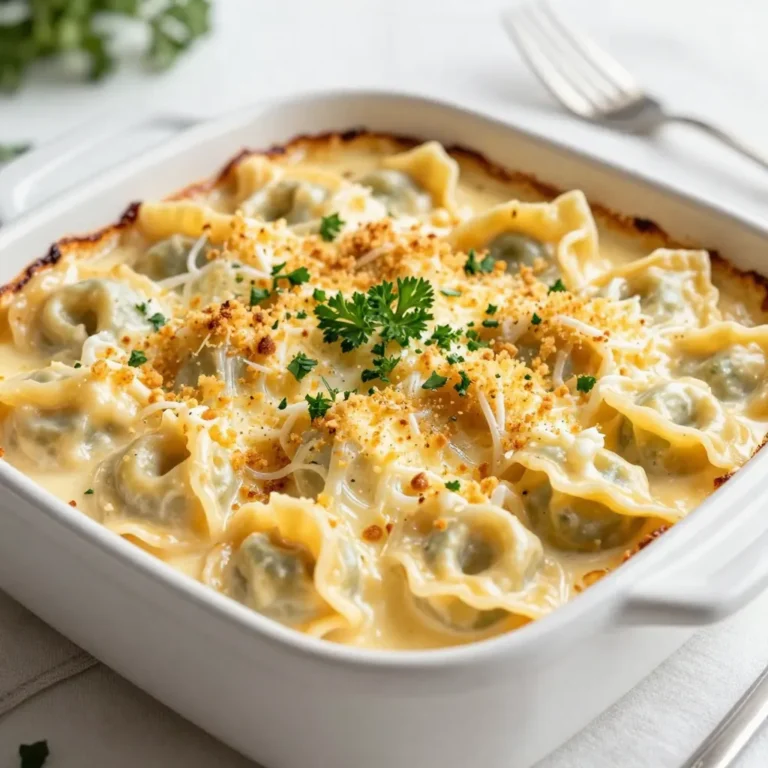 To make a Cheesy Tortellini Alfredo Bake, you will need the following: - 12 oz cheese tortellini (fresh or frozen) - 2 cups heavy cream - 1 cup freshly grated Parmesan cheese - 1 cup shredded mozzarella cheese - 2 tablespoons unsalted butter - 3 cloves garlic, minced - 1 teaspoon Italian seasoning (or a mix of dried oregano and basil) - Salt and freshly ground black pepper to taste - 1/2 cup breadcrumbs (optional for a crunchy topping) - Fresh parsley, chopped (for garnish) These ingredients create a rich and creamy dish full of flavor. The cheese tortellini brings a delightful texture, while the heavy cream forms the heart of the Alfredo sauce. The blend of Parmesan and mozzarella cheeses adds depth and a melty finish. Garlic and butter give a warm aroma, making your kitchen feel cozy. The Italian seasoning ties the dish together, giving it an authentic taste. Adding breadcrumbs on top is optional, but it offers a nice crunch. To elevate the dish, fresh parsley adds a pop of color and freshness. Each ingredient plays a vital role in making this dish a comforting favorite. {{ingredient_image_2}} 1. Preheat the oven: First, set your oven to 375°F (190°C). This step helps your dish cook evenly and turn out perfect. 2. Cook the tortellini: In a large pot, bring salted water to a boil. Add 12 oz of cheese tortellini and cook according to the package directions. Once tender, drain the tortellini and set them aside. 1. Sautéing garlic: In a large saucepan, melt 2 tablespoons of unsalted butter over medium heat. Once melted and bubbly, add 3 cloves of minced garlic. Cook for about one minute until fragrant but not browned. 2. Creating the sauce: Pour in 2 cups of heavy cream. Bring it to a gentle simmer while stirring often. This step keeps the sauce from burning. Next, lower the heat and whisk in 1 cup of freshly grated Parmesan cheese. Stir until smooth. Add 1 teaspoon of Italian seasoning, salt, and black pepper to taste. 1. Adding tortellini to sauce: Gently fold the cooked tortellini into the creamy Alfredo sauce. Make sure each piece is coated well. 2. Preparing for the oven: Transfer the mixture to a greased 9x13 inch baking dish. Spread it out evenly for the best baking results. 3. Baking the dish: Top with 1 cup of shredded mozzarella cheese. If you want a crunchy top, sprinkle ½ cup of breadcrumbs over the cheese. Bake in the preheated oven for 25-30 minutes. Look for bubbly cheese and a golden brown top. To make a smooth Alfredo sauce, use fresh cream. This will help achieve a rich and velvety texture. When you heat the cream, avoid boiling it. Instead, let it simmer gently. This helps prevent scorching and keeps the sauce silky. After adding the cheese, whisk until it melts completely. This step is key for a creamy sauce. Using fresh ingredients also makes a big difference. Freshly grated Parmesan gives a brighter flavor than pre-grated cheese. The same goes for garlic; fresh minced garlic packs a punch. To get that golden top, bake at the right temperature. Preheat your oven to 375°F (190°C) before placing the dish inside. This ensures even cooking. If you want a crunchy topping, add breadcrumbs before baking. They will toast nicely and add great texture. Avoid overcooking by keeping an eye on the bake time. Aim for 25-30 minutes. The cheese should be bubbly and golden brown. If it looks too dark, check it sooner. For a complete meal, pair this dish with a crisp green salad. The freshness of the salad balances the rich flavors of the bake. Garlic bread also makes a great side. For garnishing, sprinkle chopped parsley on top. This adds a pop of color and freshness. You can also add extra cheese if you're feeling indulgent! Pro Tips Fresh vs. Frozen Tortellini: Fresh tortellini will give you a softer texture and richer flavor, while frozen tortellini can save time and still deliver great taste. Choose based on your preference and availability. Customize Your Cheese: Feel free to mix different cheeses like Gouda or cheddar with the mozzarella and Parmesan for a unique flavor profile. Just ensure the cheeses melt well together. Add Veggies: Boost the nutritional value by adding your favorite vegetables like spinach, mushrooms, or broccoli to the tortellini before baking. This adds color and nutrients to your dish. Make Ahead: This dish can be assembled a day in advance. Just cover it tightly with plastic wrap and refrigerate. When ready to bake, remove the wrap and bake as directed, adding a few extra minutes to the cooking time. {{image_4}} You can switch up the pasta type for this dish. Use any pasta you like. Try penne, shells, or even gluten-free options. Each type gives a unique taste and feel. If you seek lighter options, use low-fat cream. You can replace heavy cream with a mix of milk and cornstarch. This swaps richness for a lighter dish. Get creative with flavors! Adding vegetables can boost nutrition and taste. Think about spinach, broccoli, or bell peppers. Simply sauté them with the garlic for a fresh twist. You can also add proteins. Grilled chicken or shrimp pairs well with the cheesy sauce. Mix in cooked sausage for a heartier meal. Each addition makes the dish more filling and delicious. For toppings, consider different cheeses. Try sharp cheddar or creamy gouda instead of mozzarella. Mixing cheeses adds depth to each bite. Incorporate spices for a kick. A sprinkle of red pepper flakes can bring heat. Fresh herbs like basil or thyme brighten the dish. Experiment with flavors to find what you love most! After you enjoy your Cheesy Tortellini Alfredo Bake, it’s smart to store the leftovers right. Make sure it cools down first. Then, place it in an airtight container. Proper refrigeration keeps it fresh for about three to four days. If you want to save it for later, freezing is a great option. Divide the leftovers into smaller portions. Use freezer-safe containers or bags. This way, you can enjoy it for up to two months. Just remember to label them with the date. When it's time to eat your leftovers, reheating correctly is key. The best method is using the oven. Preheat it to 350°F (175°C). Place the tortellini in an oven-safe dish, cover it with foil, and heat it for about 20 minutes. This helps keep the pasta moist. If you’re short on time, you can use the microwave. Place a portion on a microwave-safe plate. Add a splash of cream or water to help keep it from drying out. Heat it in short bursts, stirring in between, until warm. Enjoy your cheesy comfort dish! You can serve several side dishes with this tasty meal. Here are some great ideas: - Crisp Green Salad: A light salad with mixed greens balances the rich dish. - Garlic Bread: This classic goes well with creamy pasta and adds extra flavor. - Steamed Vegetables: Broccoli or green beans add color and nutrients to your plate. - Roasted Brussels Sprouts: Their slight bitterness complements the rich tortellini. Yes, you can prepare this dish ahead of time. Here’s how: - Assemble and Refrigerate: Make the recipe but don’t bake it right away. Cover the assembled dish and store it in the fridge for up to 24 hours. - Bake When Ready: When you’re ready to eat, take it out, and bake it straight from the fridge. Just add a few extra minutes to the baking time. - Reheat Leftovers: If you have leftovers, store them in an airtight container. You can reheat them in the oven or microwave. You can easily modify this dish for a gluten-free diet. Here are some tips: - Gluten-Free Tortellini: Look for gluten-free cheese tortellini at your local store. Many brands offer great options. - Check Labels: Ensure that the heavy cream and cheeses are gluten-free as well. - Breadcrumb Alternatives: Use gluten-free breadcrumbs or skip them entirely for a creamy top. These simple changes let everyone enjoy Cheesy Tortellini Alfredo Bake without worry! This blog post covered a delightful Cheesy Tortellini Alfredo Bake. We discussed the key ingredients, like cheese tortellini and heavy cream, to make this dish rich and tasty. I shared step-by-step instructions for cooking and baking, including tips for a perfect sauce and golden top. You can even explore variations with different ingredients and toppings. Store leftovers properly and reheat for the best taste. Enjoy making this easy, creamy dish that’s sure to impress!