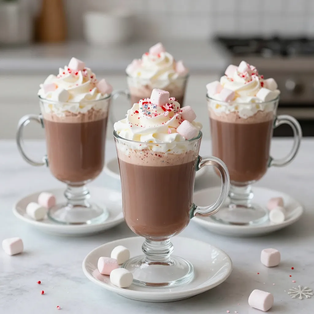 To make this delightful drink, you'll need a few key ingredients: - 2 cups whole milk - 1 cup heavy cream - ⅓ cup unsweetened cocoa powder - ½ cup granulated sugar - 1 teaspoon pure vanilla extract - A pinch of fine sea salt These ingredients create a rich base that makes your hot chocolate creamy and flavorful. The cocoa powder gives it that deep chocolate taste, while the sugar balances the flavors perfectly. To elevate your hot chocolate, consider adding these optional ingredients: - ½ cup mini marshmallows - ¼ cup crushed peppermint candies - Edible glitter Mini marshmallows add a fun texture. Crushed peppermint candies give a refreshing twist. Edible glitter is the finishing touch, making your drink sparkle like a snow globe! Presentation is key for this recipe. Use these garnishes to wow your guests: - Whipped cream, for topping - Holiday-shaped cookies or chocolate decorations A generous dollop of whipped cream looks like fresh snow. Adding cookies or chocolate on the rim brings a festive flair. Serve your snow globe hot chocolate in clear mugs to show off all the beautiful layers! {{ingredient_image_2}} First, take your medium saucepan. Pour in 2 cups of whole milk and 1 cup of heavy cream. Set the heat to medium and stir often. Watch for steam but don’t let it boil. This step helps keep the milk smooth and tasty. While the milk heats, get a mixing bowl. Add ⅓ cup of unsweetened cocoa powder and ½ cup of granulated sugar. Don’t forget a pinch of fine sea salt! Mix them well. Now, take a few tablespoons of the hot milk mixture. Pour it into the bowl while you whisk. Keep whisking until you have a smooth chocolate paste. This step builds rich flavor. Once your paste is smooth, pour it back into the saucepan. Stir it into the warm milk and cream. Whisk until everything is mixed and warm throughout. This usually takes a few minutes. Now, remove the saucepan from the heat. Add 1 teaspoon of pure vanilla extract and stir it gently. If you want some magic, add a sprinkle of edible glitter. It makes your hot chocolate sparkle! Next, pour the hot chocolate into clear glass mugs, filling them halfway. Top with whipped cream, making it puff up high. Then, sprinkle mini marshmallows and crushed peppermint candies on top. This creates a snowy look inside your mugs. Finally, add holiday-shaped cookies or chocolate decorations for a festive touch. Enjoy your cozy night with this warm treat! To keep your milk from scorching, use low heat. Stir the milk often as it warms. Scorching happens when the milk cooks too fast. If you see steam, that's great! But if it starts to boil, turn down the heat. Always watch it closely. This method helps keep the milk smooth and creamy. For the best whipped cream, start with cold heavy cream. Place your mixing bowl and whisk in the fridge for 10 minutes. This keeps the cream from melting too fast. Whip the cream until soft peaks form. Avoid overwhipping, as it can turn into butter. Add a little sugar and vanilla for sweetness. This cream is perfect for topping your hot chocolate! To add sparkle, wait until your hot chocolate is ready. Sprinkle edible glitter on top of the whipped cream. A little goes a long way. The glitter makes your drink look magical and festive. It’s fun to watch it swirl in your hot chocolate. This touch will impress your friends and family! Pro Tips Use Fresh Ingredients: Always opt for fresh whole milk and heavy cream for the creamiest hot chocolate. This makes a noticeable difference in flavor and texture. Whisk for Smoothness: Ensure to whisk the cocoa and sugar mixture thoroughly before adding it to the milk to avoid lumps. A smooth chocolate paste will yield a richer drink. Customize Your Toppings: Feel free to experiment with different toppings such as chocolate shavings, crushed cookies, or flavored whipped cream to make your snow globe hot chocolate uniquely yours. Serve Immediately: For the best experience, serve the hot chocolate right after making it. This ensures it’s warm and frothy, keeping the festive spirit alive! {{image_4}} You can switch up the milk in your snow globe hot chocolate. If you want a lighter drink, try almond or oat milk. These options still create a creamy texture. Coconut milk adds a fun tropical twist. For a richer taste, use cashew milk. Each milk changes the flavor a bit, so have fun finding your favorite! Want to spice things up? There are many fun flavors to add! Try a splash of peppermint extract for a minty kick. Hazelnut or caramel syrups also work great. You can even mix in a spoonful of peanut butter for a nutty delight. Just remember to taste as you go, and have fun with it! Seasonal ingredients can make this drink even more special. During the fall, add a pinch of pumpkin spice for warmth. In winter, try cinnamon sticks for stirring. For the holidays, mix in some eggnog in place of milk for a festive twist. These seasonal touches keep your hot chocolate fresh and exciting all year round! To store leftover hot chocolate, let it cool first. Pour it into a clean, airtight container. Seal it tightly and place it in the fridge. It can stay fresh for up to three days. When you're ready to enjoy it again, simply follow the reheating instructions below. To reheat your hot chocolate, pour it into a saucepan. Heat it over low to medium heat. Stir it often to prevent scorching. You can also use a microwave. Place it in a microwave-safe bowl and heat it for 30 seconds at a time. Stir between each interval until it's warm. For the ingredients, store them properly to keep them fresh. Here’s how: - Milk and Cream: Keep these in the fridge. Use them within a week of opening. - Cocoa Powder: Store it in a cool, dry place. A sealed container works best. - Sugar: Keep it in a dry spot. A tightly closed jar will keep it fresh. - Vanilla Extract: Store it in a cool, dark place. It lasts a long time. - Marshmallows and Peppermint Candies: Keep them in an airtight container. This prevents them from getting hard. Following these tips will help your Snow Globe Hot Chocolate stay delicious and enjoyable! Yes, you can make Snow Globe Hot Chocolate ahead of time. To do this, prepare the hot chocolate and let it cool. Store it in the fridge for up to three days. When you want to enjoy it, reheat it gently on the stove. Stir well to mix the flavors again before serving. You can find Snow Globe Hot Chocolate kits at many local stores. Look in the baking or seasonal sections. Online stores like Amazon often have these kits too. They may include cocoa, marshmallows, and fun toppings. This makes it easier to create your cozy drink. Yes, you can make a vegan version of Snow Globe Hot Chocolate. Use almond milk or oat milk instead of whole milk. Replace heavy cream with coconut cream for a rich taste. Choose vegan marshmallows and ensure your chocolate is dairy-free. This way, everyone can enjoy this festive drink! Making Snow Globe Hot Chocolate is fun and easy. We explored key ingredients, optional add-ins, and garnishes to make it special. I shared step-by-step instructions to create the perfect drink, plus tips to help avoid common mistakes. You can also customize it with different flavors and seasonal touches. In the end, this drink warms up cold days and brings joy. Try it out with family and friends. Enjoy the magic of your own Snow Globe Hot Chocolate!