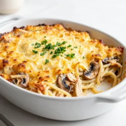 To make Chicken Tetrazzini Bake, gather these key ingredients. Each one plays a part in creating a tasty dish. - 2 cups cooked chicken, shredded - 8 oz spaghetti, cooked and drained - 1 cup sliced mushrooms - 1 small onion, diced - 2 cloves garlic, minced - 1 cup frozen peas - 3 cups chicken broth - 1 cup heavy cream - 1 tablespoon olive oil - 1 teaspoon dried thyme - 1 teaspoon salt - &frac12; teaspoon black pepper - 1 cup grated Parmesan cheese - 1 cup shredded mozzarella cheese - &frac12; cup breadcrumbs (for topping) - Fresh parsley, chopped (for garnish) Each ingredient adds flavor and makes this dish special. The chicken gives protein, while the pasta adds heartiness. Mushrooms and peas bring texture and color. Cheese creates that creamy richness we all love. Don't skip the parsley; it brightens the dish! {{ingredient_image_2}} Start by preheating your oven to 350&deg;F (175&deg;C). This ensures your dish cooks evenly. Lightly grease a large baking dish with olive oil to stop sticking. In a large skillet, heat one tablespoon of olive oil over medium heat. Add one small diced onion and two minced garlic cloves. Saut&eacute; for 2-3 minutes until the onion is soft and fragrant. This step builds a great base for flavor. Next, add one cup of sliced mushrooms to the skillet. Cook for about 5 minutes. Stir them occasionally, so they get tender. You want them to release their juices and become flavorful. Now, stir in 2 cups of shredded cooked chicken, one cup of frozen peas, three cups of chicken broth, and one cup of heavy cream. Add one teaspoon of dried thyme, one teaspoon of salt, and half a teaspoon of black pepper. Increase the heat a little and bring the mix to a gentle simmer. Let those flavors blend well. Once the mixture simmers, gently fold in 8 ounces of cooked spaghetti and half of the grated Parmesan cheese. Stir everything well. You want the pasta and chicken to be evenly coated with the creamy sauce. Carefully pour the tetrazzini mixture into the greased baking dish. Spread it out evenly. This helps it cook uniformly. In a separate bowl, mix the remaining grated Parmesan with one cup of shredded mozzarella and half a cup of breadcrumbs. Sprinkle this cheesy mix evenly over the top of the tetrazzini. It will give a nice crispy finish. Place the baking dish into the preheated oven. Bake for 25-30 minutes. Look for a golden brown top and bubbling edges. This means it's ready! After baking, take the dish out of the oven and let it cool for a few minutes. Just before serving, sprinkle some chopped fresh parsley on top for color and freshness. Enjoy your Chicken Tetrazzini Bake! To make your Chicken Tetrazzini Bake truly shine, focus on the flavors. Use fresh garlic and onion for a strong base. Saut&eacute; until the onion is soft and sweet. This step builds a great flavor. Also, let your chicken sit in the sauce for a few minutes before baking. This lets the chicken soak up all the tasty goodness. For a creamy texture, don&rsquo;t skip the heavy cream. It adds richness. Lastly, bake it until the top is golden and bubbly. This gives you a crunchy finish that everyone loves. You can easily swap some ingredients. If you don&rsquo;t have chicken, use turkey or even mushrooms for a veggie twist. For pasta, any type works. Use penne or fettuccine if you prefer. No heavy cream? Use milk or a dairy-free option. If you want a lighter dish, you can reduce the cheese. You can also skip the breadcrumbs for a lower-carb meal. These changes help fit your taste and diet. To make this dish, you need a few simple tools. A large skillet helps with saut&eacute;ing the onions and garlic. A 3-quart baking dish is perfect for the oven. Use a wooden spoon to mix everything well. For easy serving, have bowls ready. A sharp knife helps chop the parsley for garnish. With these tools, you&rsquo;re set to create a lovely Chicken Tetrazzini Bake. Pro Tips Use Leftover Chicken: This recipe is perfect for using up leftover rotisserie chicken or any cooked chicken you have on hand, saving both time and resources. Customize Your Veggies: Feel free to add or substitute other vegetables like bell peppers or spinach to suit your taste or use what you have in your fridge. Make It Ahead: Prepare the dish in advance, cover it tightly, and refrigerate. When ready to serve, simply bake it from cold, adding a few extra minutes to the cooking time. Check for Creaminess: If you prefer a creamier sauce, you can add more heavy cream or a splash of white wine for added depth of flavor. {{image_4}} You can make a great vegetarian version of Chicken Tetrazzini. Start by swapping the chicken for a protein-rich option like cooked lentils or chickpeas. These will add texture and flavor. Use vegetable broth instead of chicken broth for a rich base. You can also add in tofu for extra protein. This dish still tastes creamy and satisfying. While the recipe calls for spaghetti, you can use any pasta you like. Penne or fusilli work great too. Just make sure to cook the pasta until it's al dente. This will help it hold its shape during baking. Different shapes may add a fun twist to your meal. Plus, it can change the way the sauce clings to the pasta. Adding extra vegetables is a smart way to boost nutrition. You can toss in bell peppers, spinach, or zucchini. These veggies cook quickly and add lots of color and flavor. Saut&eacute; them with the onions and garlic for a tasty base. You can also use frozen mixed veggies if you're short on time. This is a simple way to make the dish more hearty and healthy. You can keep leftover Chicken Tetrazzini in the fridge. Use an airtight container for best results. It stays fresh for about 3 to 4 days. To reheat, just scoop out a portion and warm it in the microwave or oven. Make sure it heats all the way through. If you want to freeze it, let it cool first. Then, place it in a freezer-safe container. Chicken Tetrazzini freezes well for up to 2 months. When you're ready to eat, thaw it in the fridge overnight. This way, the texture stays nice. To reheat, you can use the oven or microwave. If using the oven, preheat it to 350&deg;F (175&deg;C). Place the tetrazzini in a baking dish. Cover it with foil to keep it moist. Bake for about 20-25 minutes. If using the microwave, heat in short bursts to avoid drying it out. Check it often to make sure it's heated well. Enjoy your meal! Yes, you can use leftover rotisserie chicken. It adds great flavor and saves time. Just shred the chicken and mix it in with the other ingredients. This makes the dish even quicker to prepare. To make Chicken Tetrazzini gluten-free, swap out regular pasta for gluten-free pasta. Also, check the chicken broth and breadcrumbs to ensure they are gluten-free. Many brands offer gluten-free options, so read the labels carefully. You can serve Chicken Tetrazzini Bake with a side salad or garlic bread. A fresh green salad adds crunch and balances the dish's creaminess. Garlic bread is perfect for scooping up the cheesy goodness. Yes, you can prepare this dish ahead of time. Assemble all the ingredients in the baking dish, cover it, and store it in the fridge. Bake it when you are ready to serve, adding a few extra minutes to the baking time if it's cold. This blog post guides you through making delicious Chicken Tetrazzini. I covered key ingredients, cooking steps, and tips to perfect your dish. You can even explore variations and storage options. My final thought is simple: Chicken Tetrazzini is a versatile, tasty meal for everyone. You can impress family and friends with ease. Enjoy cooking and sharing this dish!