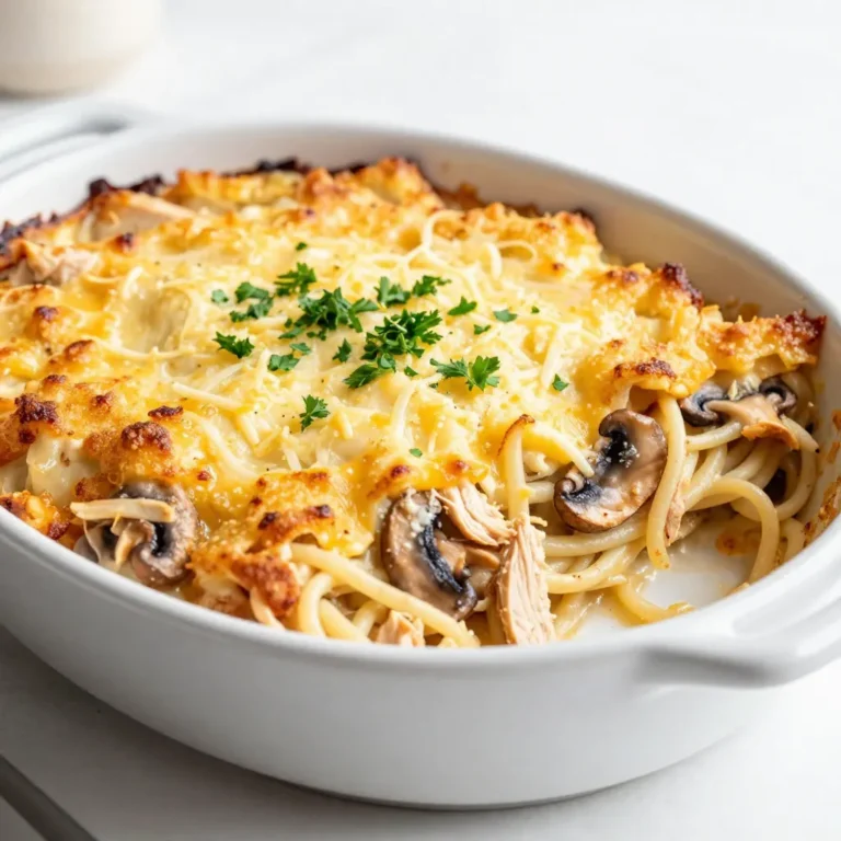 To make Chicken Tetrazzini Bake, gather these key ingredients. Each one plays a part in creating a tasty dish. - 2 cups cooked chicken, shredded - 8 oz spaghetti, cooked and drained - 1 cup sliced mushrooms - 1 small onion, diced - 2 cloves garlic, minced - 1 cup frozen peas - 3 cups chicken broth - 1 cup heavy cream - 1 tablespoon olive oil - 1 teaspoon dried thyme - 1 teaspoon salt - ½ teaspoon black pepper - 1 cup grated Parmesan cheese - 1 cup shredded mozzarella cheese - ½ cup breadcrumbs (for topping) - Fresh parsley, chopped (for garnish) Each ingredient adds flavor and makes this dish special. The chicken gives protein, while the pasta adds heartiness. Mushrooms and peas bring texture and color. Cheese creates that creamy richness we all love. Don't skip the parsley; it brightens the dish! {{ingredient_image_2}} Start by preheating your oven to 350°F (175°C). This ensures your dish cooks evenly. Lightly grease a large baking dish with olive oil to stop sticking. In a large skillet, heat one tablespoon of olive oil over medium heat. Add one small diced onion and two minced garlic cloves. Sauté for 2-3 minutes until the onion is soft and fragrant. This step builds a great base for flavor. Next, add one cup of sliced mushrooms to the skillet. Cook for about 5 minutes. Stir them occasionally, so they get tender. You want them to release their juices and become flavorful. Now, stir in 2 cups of shredded cooked chicken, one cup of frozen peas, three cups of chicken broth, and one cup of heavy cream. Add one teaspoon of dried thyme, one teaspoon of salt, and half a teaspoon of black pepper. Increase the heat a little and bring the mix to a gentle simmer. Let those flavors blend well. Once the mixture simmers, gently fold in 8 ounces of cooked spaghetti and half of the grated Parmesan cheese. Stir everything well. You want the pasta and chicken to be evenly coated with the creamy sauce. Carefully pour the tetrazzini mixture into the greased baking dish. Spread it out evenly. This helps it cook uniformly. In a separate bowl, mix the remaining grated Parmesan with one cup of shredded mozzarella and half a cup of breadcrumbs. Sprinkle this cheesy mix evenly over the top of the tetrazzini. It will give a nice crispy finish. Place the baking dish into the preheated oven. Bake for 25-30 minutes. Look for a golden brown top and bubbling edges. This means it's ready! After baking, take the dish out of the oven and let it cool for a few minutes. Just before serving, sprinkle some chopped fresh parsley on top for color and freshness. Enjoy your Chicken Tetrazzini Bake! To make your Chicken Tetrazzini Bake truly shine, focus on the flavors. Use fresh garlic and onion for a strong base. Sauté until the onion is soft and sweet. This step builds a great flavor. Also, let your chicken sit in the sauce for a few minutes before baking. This lets the chicken soak up all the tasty goodness. For a creamy texture, don’t skip the heavy cream. It adds richness. Lastly, bake it until the top is golden and bubbly. This gives you a crunchy finish that everyone loves. You can easily swap some ingredients. If you don’t have chicken, use turkey or even mushrooms for a veggie twist. For pasta, any type works. Use penne or fettuccine if you prefer. No heavy cream? Use milk or a dairy-free option. If you want a lighter dish, you can reduce the cheese. You can also skip the breadcrumbs for a lower-carb meal. These changes help fit your taste and diet. To make this dish, you need a few simple tools. A large skillet helps with sautéing the onions and garlic. A 3-quart baking dish is perfect for the oven. Use a wooden spoon to mix everything well. For easy serving, have bowls ready. A sharp knife helps chop the parsley for garnish. With these tools, you’re set to create a lovely Chicken Tetrazzini Bake. Pro Tips Use Leftover Chicken: This recipe is perfect for using up leftover rotisserie chicken or any cooked chicken you have on hand, saving both time and resources. Customize Your Veggies: Feel free to add or substitute other vegetables like bell peppers or spinach to suit your taste or use what you have in your fridge. Make It Ahead: Prepare the dish in advance, cover it tightly, and refrigerate. When ready to serve, simply bake it from cold, adding a few extra minutes to the cooking time. Check for Creaminess: If you prefer a creamier sauce, you can add more heavy cream or a splash of white wine for added depth of flavor. {{image_4}} You can make a great vegetarian version of Chicken Tetrazzini. Start by swapping the chicken for a protein-rich option like cooked lentils or chickpeas. These will add texture and flavor. Use vegetable broth instead of chicken broth for a rich base. You can also add in tofu for extra protein. This dish still tastes creamy and satisfying. While the recipe calls for spaghetti, you can use any pasta you like. Penne or fusilli work great too. Just make sure to cook the pasta until it's al dente. This will help it hold its shape during baking. Different shapes may add a fun twist to your meal. Plus, it can change the way the sauce clings to the pasta. Adding extra vegetables is a smart way to boost nutrition. You can toss in bell peppers, spinach, or zucchini. These veggies cook quickly and add lots of color and flavor. Sauté them with the onions and garlic for a tasty base. You can also use frozen mixed veggies if you're short on time. This is a simple way to make the dish more hearty and healthy. You can keep leftover Chicken Tetrazzini in the fridge. Use an airtight container for best results. It stays fresh for about 3 to 4 days. To reheat, just scoop out a portion and warm it in the microwave or oven. Make sure it heats all the way through. If you want to freeze it, let it cool first. Then, place it in a freezer-safe container. Chicken Tetrazzini freezes well for up to 2 months. When you're ready to eat, thaw it in the fridge overnight. This way, the texture stays nice. To reheat, you can use the oven or microwave. If using the oven, preheat it to 350°F (175°C). Place the tetrazzini in a baking dish. Cover it with foil to keep it moist. Bake for about 20-25 minutes. If using the microwave, heat in short bursts to avoid drying it out. Check it often to make sure it's heated well. Enjoy your meal! Yes, you can use leftover rotisserie chicken. It adds great flavor and saves time. Just shred the chicken and mix it in with the other ingredients. This makes the dish even quicker to prepare. To make Chicken Tetrazzini gluten-free, swap out regular pasta for gluten-free pasta. Also, check the chicken broth and breadcrumbs to ensure they are gluten-free. Many brands offer gluten-free options, so read the labels carefully. You can serve Chicken Tetrazzini Bake with a side salad or garlic bread. A fresh green salad adds crunch and balances the dish's creaminess. Garlic bread is perfect for scooping up the cheesy goodness. Yes, you can prepare this dish ahead of time. Assemble all the ingredients in the baking dish, cover it, and store it in the fridge. Bake it when you are ready to serve, adding a few extra minutes to the baking time if it's cold. This blog post guides you through making delicious Chicken Tetrazzini. I covered key ingredients, cooking steps, and tips to perfect your dish. You can even explore variations and storage options. My final thought is simple: Chicken Tetrazzini is a versatile, tasty meal for everyone. You can impress family and friends with ease. Enjoy cooking and sharing this dish!