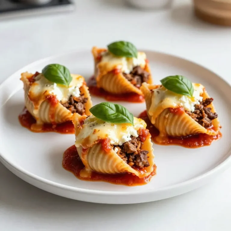 To make these stuffed shells, you need some key ingredients. Here’s what you’ll need: - 20 jumbo pasta shells - 1 pound ground beef - 1 small onion, finely chopped - 2 cloves garlic, minced - 1 teaspoon dried Italian herbs - 1 cup ricotta cheese - 1 cup shredded mozzarella cheese (plus more for topping) - 1/2 cup grated Parmesan cheese - 1 jar (24 oz) marinara sauce - Salt and pepper to taste - Fresh basil leaves for garnish These ingredients create a rich and hearty filling. The jumbo shells hold the beef and cheese well. Choosing the right cheese adds depth. I recommend using: - Ricotta cheese for creaminess. - Mozzarella cheese for stretchy, melty goodness. - Parmesan cheese for a sharp, nutty touch. This mix keeps the filling flavorful and satisfying. You can also add more mozzarella on top for a delicious, gooey finish. Seasonings bring life to your dish. I like to use: - Dried Italian herbs for a classic flavor. - Salt and pepper to balance the taste. Feel free to play with spices like red pepper flakes for heat or fresh herbs for brightness. These little details make a big difference in flavor. {{ingredient_image_2}} To start, you need to preheat your oven to 375°F (190°C). This is key for baking. Next, bring a large pot of salted water to a boil. Gently add 20 jumbo pasta shells. Cook them until they are al dente, which means firm but not hard. After cooking, drain the shells in a colander. Let them cool while you work on the next steps. In a large skillet, heat over medium heat. Add one small finely chopped onion and two minced garlic cloves. Sauté them until the onion is soft, about 3-4 minutes. Then, increase the heat slightly. Add one pound of ground beef to the skillet. Use a spatula to break the beef apart as it cooks. Make sure it turns brown all over. Drain any extra fat from the pan after cooking. Once browned, stir in one teaspoon of dried Italian herbs and season with salt and pepper to taste. Mix well and remove from heat. Allow this to cool for a few minutes. In a mixing bowl, combine one cup of ricotta cheese, half of one cup of shredded mozzarella cheese, and half a cup of grated Parmesan cheese into the cooled beef mixture. Stir everything together until it is creamy and smooth. Take a 9x13 inch baking dish and spread half of a jar of marinara sauce on the bottom. Carefully fill each cooled pasta shell with the beef and cheese mixture. Place the filled shells seam-side up in the dish. After arranging all the shells, pour the rest of the marinara sauce over them. Top with the remaining shredded mozzarella cheese for extra cheesiness. Cover the baking dish with aluminum foil. This helps to keep the top from browning too much. Bake in your preheated oven for 25 minutes. After that, remove the foil and bake for another 10 minutes, or until the cheese is melted and bubbly. Let the dish cool for a few minutes before serving. Garnish with fresh basil leaves for a nice touch. Enjoy your tasty stuffed shells! To keep your shells intact, cook them just right. Boil the shells until they are al dente. This means they should be firm but not hard. If you cook them too soft, they can break. After cooking, let them cool before you fill them. This helps them hold their shape better. For cheese that melts perfectly, cover your baking dish with foil at first. This traps steam and helps the cheese melt evenly. After 25 minutes, take off the foil and let it bake for another 10 minutes. This step gives you that nice golden top. Use fresh mozzarella for the best flavor and texture. To make your dish look special, serve the stuffed shells on warm plates. Drizzle some marinara sauce on the plate before placing the shells. Top with fresh basil leaves for color. You can also add a sprinkle of extra Parmesan on top. This gives a lovely finish and impresses your guests. Pro Tips Use Fresh Ingredients: For the best flavor, opt for fresh herbs and quality ground beef. Fresh ingredients can elevate the dish significantly. Don’t Overcook the Pasta: Cook the jumbo shells just until al dente. They will continue cooking while baking, ensuring they don't become mushy. Customize Your Cheese: Feel free to experiment with different cheeses, such as adding ricotta or feta for a unique taste and texture. Make Ahead: Prepare the stuffed shells in advance and refrigerate them before baking. This makes for a quick dinner option on busy nights. {{image_4}} If you want a meat-free option, try using vegetables. Spinach, zucchini, and mushrooms work well. You can mix these veggies with ricotta cheese for a creamy filling. Another great choice is to use lentils or chickpeas. They add protein and fiber. You can also try a blend of herbs to boost flavor. This way, your stuffed shells remain tasty and satisfying. For those needing gluten-free options, look for gluten-free jumbo pasta shells. Many brands now offer these. You can also use zucchini boats for a fresh twist. Simply slice zucchini in half and scoop out some flesh. Fill them just like the pasta shells. This option keeps the dish light and healthy, while still offering that comforting flavor. You can switch up the flavors in your stuffed shells by adding different ingredients. For example, try adding cooked sausage or ground turkey for a new taste. You can also incorporate sun-dried tomatoes or roasted red peppers. These add a nice kick to your filling. For a cheesy twist, mix in some goat cheese or feta. Each option can create a unique flavor profile that keeps dinner exciting. To keep your stuffed shells fresh, let them cool first. Place them in an airtight container. You can store them in the fridge for up to three days. Make sure the container is sealed well to avoid any odors. This will keep your meal tasty and safe. Freezing stuffed shells is simple and smart. First, let the shells cool completely. Then, place them in a single layer on a baking sheet. Freeze them for about an hour. After that, transfer the shells to a freezer bag. Remove as much air as possible. They can last up to three months in the freezer. When you are ready to enjoy your stuffed shells again, preheat your oven to 350°F (175°C). Place the shells in a baking dish. Add a splash of marinara sauce to keep them moist. Cover with foil to avoid drying out. Heat for 20-25 minutes. You want the cheese to be nice and melty. Enjoy every bite! The best type of pasta for stuffed shells is jumbo pasta shells. These large shells hold the filling well and make it easy to enjoy each bite. You can find them in most grocery stores. Look for brands that offer quality pasta for the best results. Yes, you can make stuffed shells ahead of time. Prepare the filled shells and place them in the baking dish. Cover and refrigerate them for up to 24 hours. When you are ready to bake, just add a few extra minutes to the cooking time. This saves time on busy days. Stuffed shells pair well with several sides. Consider serving a fresh garden salad for crunch. Garlic bread is another great choice for dipping into the sauce. You can also add steamed veggies for color and nutrients. These sides complete the meal and enhance your dining experience. Stuffed shells with beef are a delicious meal that combines rich flavors and fun textures. We covered essential ingredients, like cheese and seasonings, that make your dish stand out. I shared clear steps to prepare, cook, and assemble these tasty shells. Tips helped ensure your pasta stays whole and your cheese melts just right. Plus, I offered easy variations and smart storage tips for leftovers. Try making these stuffed shells your own, and enjoy the tasty results!