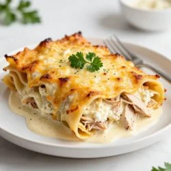 To make Chicken Alfredo Lasagna Rolls, you need these main ingredients: - 9-12 lasagna noodles - 2 cups cooked chicken, shredded - 1 cup ricotta cheese - 1 cup mozzarella cheese, shredded (plus extra for topping) - 1 cup Parmesan cheese, grated (plus extra for topping) - 2 cups Alfredo sauce (store-bought or homemade) - 1 teaspoon garlic powder - 1 teaspoon Italian seasoning - Salt and pepper to taste - Fresh parsley, chopped (for garnish) These ingredients work together to create a rich and creamy dish. You can add more flavor with optional ingredients: - Spinach or kale for added greens - Sun-dried tomatoes for a tangy kick - Mushrooms for an earthy taste - Red pepper flakes for some heat Feel free to mix and match these options based on your taste. If you have dietary needs, consider these swaps: - Use gluten-free lasagna noodles for a gluten-free dish. - Swap ricotta for cottage cheese for a lighter option. - Use plant-based chicken for a vegetarian meal. - Try vegan cheese to make it dairy-free. These substitutions help tailor the recipe to fit your lifestyle while keeping it tasty. {{ingredient_image_2}} First, preheat your oven to 375&deg;F. This step is key for a good bake. Next, boil salted water in a large pot. Carefully add 9 to 12 lasagna noodles. Cook them until al dente. Once done, drain the noodles and spread them flat on a clean kitchen towel. This helps them cool and prevents sticking. In a medium bowl, mix 2 cups of shredded chicken, 1 cup of ricotta cheese, and &frac12; cup each of mozzarella and Parmesan cheese. Add 1 teaspoon of garlic powder and 1 teaspoon of Italian seasoning. Season with salt and pepper. Stir well to blend all flavors. Take a cooked noodle and place it on a flat surface. Spoon 2 to 3 tablespoons of the chicken filling at one end of the noodle. Carefully roll the noodle up from that end. Tuck in the filling as you go. Repeat this process until you fill all noodles. Now, grab a 9x13 inch baking dish. Spread &frac12; cup of Alfredo sauce on the bottom. This will keep the rolls from sticking. Next, arrange the rolled noodles seam-side down in the dish. Pour the rest of the Alfredo sauce over the rolls, making sure they are well covered. Sprinkle the remaining mozzarella and Parmesan cheese on top of the rolls. This creates a cheesy crust as they bake. Cover the dish with aluminum foil and place it in the oven. Bake for 25 minutes. After that, remove the foil and bake for another 15 minutes. Look for bubbly, golden cheese. Once baked, take the dish out and let it sit for 5 minutes. This allows the sauce to settle. Before serving, sprinkle fresh parsley on top for color and flavor. Enjoy your creamy Chicken Alfredo Lasagna Rolls! To get the best noodles for your rolls, use a large pot. Bring salted water to a boil. This helps the pasta cook evenly. Add the noodles gently. Stir them so they don&rsquo;t stick. Cook them just until al dente. They should be firm but not hard. Drain the noodles and lay them flat on a clean towel. This keeps them from sticking together while you prepare the filling. You can make your Chicken Alfredo Lasagna Rolls even better. Try adding saut&eacute;ed spinach or mushrooms to the filling. These add great taste and nutrition. For a bit of heat, add red pepper flakes to the Alfredo sauce. You can also swap the chicken for cooked shrimp or ground turkey. This gives you a fresh take on the classic dish. Want a different cheese? Use goat cheese or feta for a tangy twist. Sometimes, you may face issues while making this dish. If your noodles tear, don&rsquo;t worry! Just roll them carefully and patch them with the filling. If the rolls fall apart when baking, make sure to coat them well in sauce. This keeps them moist. If the cheese doesn't melt well, check your oven temperature. It should be hot enough to get that golden crust. Pro Tips Use Fresh Ingredients: Opt for fresh herbs and high-quality cheeses to elevate the flavor of your lasagna rolls. Experiment with Sauces: While Alfredo is classic, try adding a hint of pesto or sun-dried tomatoes to the sauce for a unique twist. Make Ahead: You can assemble the lasagna rolls a day in advance. Just cover and refrigerate until you're ready to bake. Let it Rest: Allow the lasagna rolls to sit for a few minutes after baking. This helps the layers set and makes serving easier. {{image_4}} For a vegetarian twist, swap out the chicken. Use saut&eacute;ed spinach, mushrooms, and zucchini instead. Mix these veggies with ricotta and mozzarella for a creamy filling. This keeps the flavor rich and satisfying. You can add garlic and herbs to boost the taste. Your vegetarian friends will love these rolls! If you need a gluten-free option, choose gluten-free lasagna noodles. There are many brands available now. Just cook them according to the package directions. Use the same filling and sauce. The taste will still be delicious! This way, everyone can enjoy the meal together. Want a kick? Add some heat! Mix diced jalape&ntilde;os or crushed red pepper into the filling. You can also spice up the Alfredo sauce with a bit of hot sauce. This variation adds a fun twist to the classic dish. It&rsquo;s a great way to impress guests who like bold flavors. To keep your Chicken Alfredo Lasagna Rolls fresh, store them in the fridge. Place any leftovers in an airtight container. They will stay good for about 3-4 days. If you want to save some for later, freezing is a great option. To freeze these rolls, let them cool completely first. Then, wrap them tightly in plastic wrap. You can also use a freezer-safe container. They will last for up to 3 months in the freezer. When ready to eat, thaw them in the fridge overnight before reheating. Reheat your lasagna rolls in the oven for the best texture. Preheat your oven to 350&deg;F (175&deg;C). Place the rolls in a baking dish and cover with foil to keep them moist. Heat for about 20-25 minutes or until warm throughout. You can also microwave them, but the oven keeps the cheese from getting rubbery. Enjoy your delicious meal! Yes, you can use store-bought Alfredo sauce. It saves time and still tastes great. When choosing a sauce, look for one with good ingredients. I recommend a brand that is creamy and rich. This will add a nice flavor to your dish. You can keep Chicken Alfredo Lasagna Rolls in the fridge for about 3 to 5 days. Make sure to store them in an airtight container. If you want to keep them longer, consider freezing. Just remember to label your container with the date. These rolls pair well with a fresh garden salad. A simple side of garlic bread also works nicely. For a light touch, some steamed veggies can add color and nutrients. Feel free to mix and match your sides to fit your taste! In this post, we explored Chicken Alfredo Lasagna Rolls. We covered key ingredients, tasty options, and dietary swaps. I shared easy steps to prepare, assemble, and bake these rolls. You learned tips for cooking noodles and enhancing flavors. We also discussed fun variations, storage methods, and answered common questions. Chicken Alfredo Lasagna Rolls are perfect for any meal. Customize them to fit your taste, and enjoy every bite!