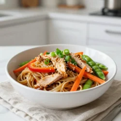 - Lo mein noodles: 8 oz of these noodles create a chewy base for your dish. - Boneless, skinless chicken breast: You need 1 lb, sliced thin for quick cooking. - Soy sauce and oyster sauce: 2 tablespoons soy sauce and 1 tablespoon oyster sauce add rich umami flavor. - Fresh vegetables: Include 1 sliced bell pepper, 1 small julienned carrot, and 1 cup of snap peas for color and crunch. - Seasoning essentials: Use 2 cloves of minced garlic, 1 teaspoon of grated ginger, and 1 tablespoon of sesame oil for depth. These ingredients make your Minute Chicken Lo Mein tasty and fresh. You can customize your dish with other veggies or proteins. Just stick to the base for best results. {{ingredient_image_2}} 1. Fill a large pot with water. Bring it to a boil. 2. Add 8 oz of lo mein noodles to the boiling water. 3. Cook the noodles as per the package instructions, usually about 4-6 minutes. 4. Once cooked, drain the noodles in a colander. Set them aside for later. 1. In a bowl, combine 1 lb of thinly sliced chicken breast with 2 tablespoons of soy sauce. 2. If you want extra flavor, add 1 tablespoon of oyster sauce. 3. Stir well to coat the chicken. Let it rest for about 10 minutes to absorb the flavors. 1. Heat a large skillet or wok over medium-high heat. 2. Add 2 tablespoons of vegetable oil and wait until hot. 3. Add 2 cloves of minced garlic and 1 teaspoon of grated ginger. 4. Stir quickly for about 30 seconds until fragrant, but don&rsquo;t let it burn. 5. Now, add the marinated chicken to the skillet. 6. Saut&eacute; for 4-5 minutes. Cook until the chicken turns light golden-brown and is no longer pink. 1. In the same skillet, add a sliced bell pepper, a julienned carrot, and 1 cup of snap peas. 2. Stir-fry these veggies for 3-4 minutes. 3. Check their texture. They should be tender-crisp and bright in color. 1. Add the cooked lo mein noodles and saut&eacute;ed chicken back into the skillet. 2. Drizzle everything with 1 tablespoon of sesame oil. 3. Toss the mixture well until all ingredients combine. 4. Season with salt and pepper to taste. 5. Cook for another 1-2 minutes to heat through all ingredients. Now, your Minute Chicken Lo Mein is ready to serve! To ensure your chicken is tender and juicy, slice it thinly. This helps it cook quickly and evenly. After marinating, let it sit for about ten minutes. This time allows the flavors to soak in well. Use high heat for stir-frying. A hot skillet or wok cooks food fast. It helps keep the chicken and veggies crisp. If the heat is too low, the chicken can steam instead of fry. Add more flavor with extra sauces. Try hoisin or chili sauce for a kick. You can also sprinkle in some crushed red pepper for heat. Fresh herbs like cilantro or basil add brightness. Chopped nuts like peanuts or cashews give a nice crunch. Both will elevate your lo mein dish. Serve your lo mein in large bowls. This makes it look appealing and inviting. Top the dish with sesame seeds for a nutty flavor. Add sliced green onions for color and a fresh taste. This simple touch makes your meal even more delightful. Pro Tips Choose Fresh Ingredients: Use fresh vegetables and high-quality chicken for the best flavor and texture in your lo mein. Don&rsquo;t Overcook the Noodles: Cook the lo mein noodles just until al dente. They will continue to cook when you stir-fry them with the other ingredients. Customize Your Veggies: Feel free to add or substitute other vegetables like broccoli, mushrooms, or bok choy for a personal touch. Adjust the Sauce: If you prefer a stronger flavor, increase the soy sauce or add a splash of chili sauce for some heat. {{image_4}} You can swap chicken for other proteins. Shrimp works well and cooks fast. Use beef for a heartier dish. Thinly slice flank steak for best results. Tofu is a great choice too. It absorbs flavors well and is perfect for vegans. Just press it to remove extra moisture. Then, cut it into cubes and saut&eacute; until golden. Feel free to mix in your favorite veggies. Seasonal produce like zucchini or bell peppers adds color and taste. You can also add mushrooms for earthiness. Broccoli is a fantastic option too. It brings a nice crunch and pairs well with the sauce. Toss in any veggies you have on hand for a unique twist. If you need gluten-free noodles, look for rice noodles or gluten-free pasta. Check the label to ensure it fits your needs. For a vegan dish, use plant-based protein like chickpeas or tempeh. You can replace soy sauce with coconut aminos. This keeps the dish flavorful while meeting dietary needs. To store your chicken lo mein, use airtight containers. Glass or BPA-free plastic containers work best. They keep your dish fresh and prevent spills. Chicken lo mein lasts in the fridge for about 3-4 days. Make sure it cools down before sealing it up. To reheat chicken lo mein, use a skillet over medium heat. Add a splash of water or broth to revive the noodles. Stir often for even heating. This method keeps your dish from getting mushy. You can also microwave it in short bursts, stirring in between. For long-term storage, chicken lo mein can be frozen. Place it in freezer-safe bags or containers. Remove as much air as possible to prevent freezer burn. It lasts up to 2-3 months in the freezer. When ready to eat, thaw it overnight in the fridge. Reheat it on the stove for the best texture. It takes about 30 minutes to make this dish. Here&rsquo;s the breakdown: - Prep Time: 10 minutes - Cook Time: 20 minutes Yes, you can skip the oyster sauce. Here are some ideas: - Use extra soy sauce for more flavor. - Add hoisin sauce for a sweet touch. - Try a mix of soy sauce and a little sugar. You can serve several tasty sides with Chicken Lo Mein. Here are a few ideas: - Egg rolls for a crispy crunch. - Steamed broccoli for a healthy side. - A simple cucumber salad for freshness. To keep your lo mein noodles from sticking, follow these tips: - Cook the noodles al dente to avoid mushiness. - Drain and rinse them under cold water. - Toss the noodles with a bit of oil after draining. These steps will help your lo mein stay separate and delicious! Minute Chicken Lo Mein is a quick and tasty dish you can make at home. We covered key ingredients, simple steps for cooking, and tips for perfect results. You can swap proteins, change up vegetables, and even store leftovers easily. This dish offers many options for every taste. With a few easy instructions, anyone can enjoy this delicious meal. Cooking can be fun and rewarding, so give it a try and impress your friends and family!