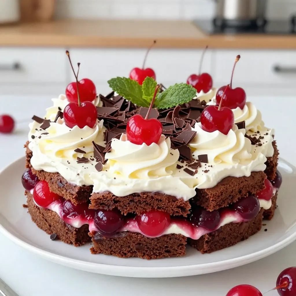 To make a Christmas Black Forest Trifle, you need simple, tasty ingredients. Here is the list: - 2 cups chocolate cake, cubed (can be store-bought or homemade) - 2 cups cherry pie filling (freshly prepared or canned) - 2 cups heavy whipping cream - 3 tablespoons powdered sugar - 1 teaspoon vanilla extract - 1 cup dark chocolate shavings (or chocolate curls) - 1/2 cup maraschino cherries, for garnishing - Fresh mint leaves, for garnish Each ingredient adds a unique flavor and texture. The cubed chocolate cake gives a rich base. The cherry pie filling brings sweetness and tartness. Heavy whipping cream adds creaminess. The powdered sugar sweetens the cream. Vanilla extract enhances the flavor. Dark chocolate shavings give a touch of elegance. Maraschino cherries add color and fun. Fresh mint leaves give a bright finish. Using high-quality ingredients makes a big difference. If you use homemade chocolate cake, it tastes even better. You can also swap in fresh cherries if you want. Each choice can change the flavor. This trifle is not just a dessert; it's a festive treat! When you gather these ingredients, you set the stage for a delightful dessert. Enjoy the process and have fun! {{ingredient_image_2}} To start, you need to make the whipped cream. Grab a large mixing bowl and pour in the heavy whipping cream. Beat it on medium speed. In about 3 to 5 minutes, you will see soft peaks form. This is key. Next, slowly add the powdered sugar and vanilla extract. Keep mixing until you reach stiff peaks. Be careful not to over-whip the cream. If you do, it may become grainy. Now it’s time to layer the trifle. Take a trifle dish or a large glass bowl. Place one-third of the cubed chocolate cake at the bottom. Make sure it covers the base evenly. Then, spoon one-third of the cherry pie filling over the cake. Spread it out to create an even layer. After that, dollop and spread half of the whipped cream over the cherry filling. Smooth it out for a nice finish. Continue the layering process. Add another one-third of the chocolate cake cubes. Next, add another one-third of the cherry pie filling. Then, top this with another layer of whipped cream, smoothing it out again. For the final layer, place the rest of the chocolate cake on top. Spoon the last of the cherry filling over the cake. Finally, finish with a generous layer of whipped cream, spreading it neatly. Chilling is very important for the trifle. Cover it with plastic wrap or a lid. Refrigerate for at least 2 hours. For the best flavor, chill it overnight. This allows all the flavors to mix and meld beautifully. Enjoy the wait! - Achieving perfect peaks: Start with cold heavy whipping cream. Use a clean bowl and beat on medium speed. Keep an eye on the cream. When it starts to thicken, you will see soft peaks forming. This takes about 3 to 5 minutes. - Avoiding over-whipping: Once you add powdered sugar and vanilla, continue beating. Stop when stiff peaks form. If you over-whip, the cream can turn grainy. It’s best to stop just before it gets too thick. - Ensuring even layers: Start by placing one-third of the chocolate cake cubes in your trifle dish. Spread them out evenly. This helps every bite have a mix of flavors. - Best practices for presentation: Use a clear glass dish. This way, everyone can see the beautiful layers. Smooth each layer with a spatula before adding the next. This makes your trifle look neat and tasty. - Ideas for individual servings: For a fun twist, serve the trifle in small glass cups. This allows guests to have their own portion. Plus, it looks great on a buffet table. - Pairing with festive beverages: This trifle pairs well with sweet drinks. Try serving it with mulled wine or sparkling cider. The flavors blend nicely and create a festive vibe. Pro Tips Make Your Own Cherry Filling: For a fresher taste, consider making your own cherry pie filling using fresh cherries, sugar, and a bit of cornstarch. This adds a homemade touch to your trifle! Whipped Cream Consistency: Monitor the whipped cream closely while mixing. Stop as soon as stiff peaks form to maintain a light and airy texture that perfectly complements the layers. Layering Technique: Use a spatula to spread each layer evenly for a more appealing presentation. This will also help each bite to have a balanced flavor of cake, cherries, and cream. Chill Time Matters: Allow the trifle to chill overnight if possible. This extra time helps the flavors meld together beautifully for a more delicious dessert. {{image_4}} You can make your trifle even more fun by swapping ingredients. - Using different cake types: Instead of chocolate cake, try vanilla or red velvet cake. Each cake adds a new taste and color to your trifle. - Alternative fruit fillings: Use strawberries, raspberries, or blueberries. Each fruit brings its unique flavor and adds variety to your dessert. Let’s talk about ways to boost the flavor of your trifle. - Adding liqueurs or extracts: A splash of cherry liqueur can deepen the cherry flavor. Almond extract can also add a lovely twist. Just a little goes a long way! - Including other toppings: Try toasted nuts or whipped cream cheese. These ingredients can add crunch or a creamy texture on top. I know many people have special diet needs. Here are some easy swaps. - Gluten-free options: For a gluten-free trifle, use gluten-free chocolate cake. Many brands offer delicious options that work well. - Vegan substitutions: You can make the whipped cream with coconut cream or a store-bought vegan option. Replace eggs with a flaxseed mix in cake recipes. With these variations, you can create a trifle that fits your tastes and needs. Enjoy customizing! - To store leftovers, cover the trifle tightly with plastic wrap. - You can also use an airtight container for best results. - The trifle lasts about 3-4 days in the fridge. - If you want to freeze it, note that whipped cream may separate. - It’s best to freeze only the cake and cherry layers. - Thaw in the fridge before serving. Yes, you can use store-bought ingredients. Here are the pros and cons: - Pros: - Saves time, especially during busy holidays. - Can be more consistent in taste. - Cons: - Less control over quality and flavor. - Homemade options often taste fresher. Using store-bought chocolate cake or cherry filling can speed up your prep. If you're short on time, don't hesitate to go this route. You can make this trifle a day ahead. Chilling it overnight helps the flavors mix well. - Recommended prep time: - Total time: 2 hours (plus chilling). - Chill time: At least 2 hours, but overnight is best. Making it in advance lets you enjoy your holiday stress-free! Absolutely! You can switch up the toppings to match your taste. Here are some ideas: - Use whipped cream with a sprinkle of cocoa powder. - Swap dark chocolate shavings for white chocolate. - Add fresh berries like raspberries or strawberries. - Try crushed nuts for added crunch. Feel free to get creative and make it your own! Serving a trifle can be both fun and elegant. Here are some ideas: - Individual cups: Use glass cups for single servings. This shows off the layers nicely. - Large bowl: Serve from a big trifle dish for a family-style dessert. - Garnish: Add a mint leaf on top of each serving for a pop of color. Presentation can elevate your trifle into a showstopper! This easy chocolate cherry trifle makes a delicious dessert for any gathering. You learned how to layer chocolate cake, cherry filling, and fluffy whipped cream. With tips for perfect peaks and beautiful layers, you can impress your guests. Remember, you can swap ingredients for your taste and store leftovers properly. Make it your own by trying different fruit or cake types. Enjoy the chill time; it enhances the flavors. Dive into this sweet treat, and let your creativity shine!