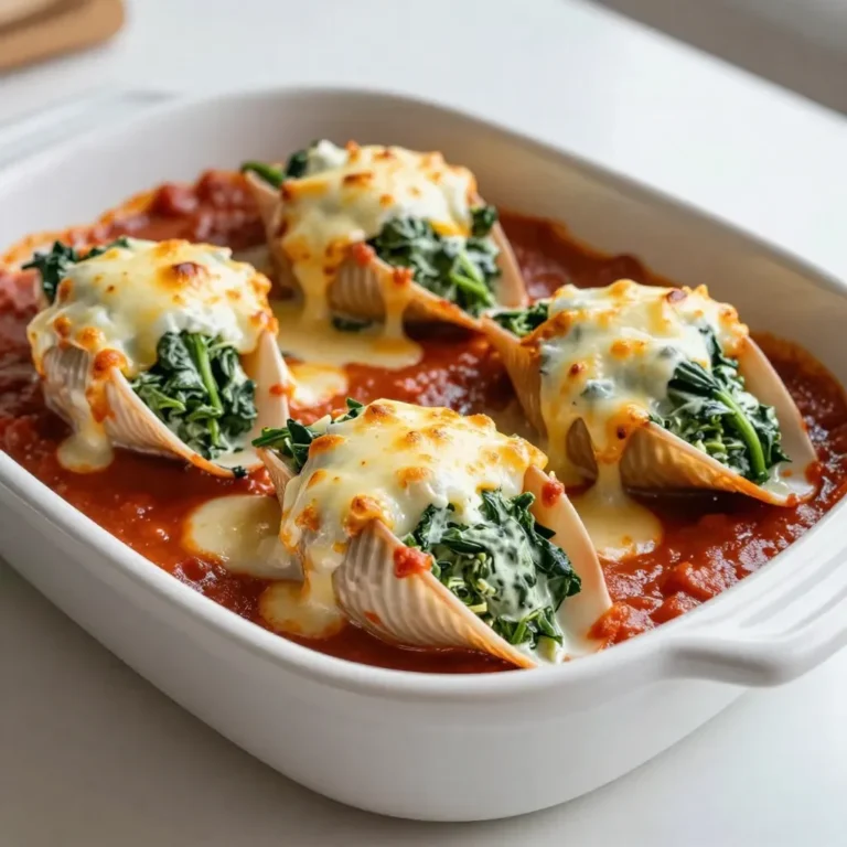 To make Spinach Ricotta Stuffed Shells, you need 20 jumbo pasta shells. These large shells hold the creamy filling well. They are the perfect size for a generous scoop of goodness. The cheese mixture is key to the flavor. Here’s what you need: - 1 cup creamy ricotta cheese - 1 cup shredded mozzarella cheese, divided - 1/2 cup finely grated Parmesan cheese - 1 large egg, beaten The ricotta brings a rich creaminess. The mozzarella melts beautifully, while the Parmesan adds a nutty bite. The egg helps bind the mixture together for easy stuffing. Seasonings enhance the taste. You will need: - 2 cups fresh spinach, finely chopped - 1 teaspoon garlic powder - 1 teaspoon onion powder - 1 teaspoon salt - 1/2 teaspoon freshly ground black pepper - 2 cups marinara sauce - Fresh basil leaves for garnish (optional) Fresh spinach adds color and nutrients. Garlic and onion powders give depth of flavor. Salt and pepper season the mix just right. Marinara sauce provides a tasty base, while basil adds a fresh touch. Each ingredient plays a role in making this dish a family favorite. {{ingredient_image_2}} First, preheat your oven to 375°F (190°C). This helps the pasta shells bake evenly. Next, fill a large pot with water and add a good amount of salt. Bring the water to a boil. Once it boils, add the jumbo pasta shells. Cook them for about 9 to 11 minutes until they are al dente. Al dente means they are firm but not hard. After cooking, drain the shells and let them cool for a bit. This step is crucial, as it prevents the shells from tearing when you fill them. In a big mixing bowl, combine the fresh spinach and the creamy ricotta cheese. Add 1/2 cup of shredded mozzarella, the grated Parmesan, and the beaten egg. This egg helps bind everything together. Then, sprinkle in the garlic powder, onion powder, salt, and black pepper. Mix everything well until it is smooth. The filling should have a nice green color from the spinach. If you want an extra flavor boost, taste it and adjust the seasonings if needed. Grab each pasta shell and fill it with the spinach and ricotta mixture. Use a spoon to pack it in nicely. Place the filled shells seam-side up in a greased 9x13-inch baking dish. Make sure they sit close but do not overlap. This way, they cook evenly. Once all the shells are filled, pour 1 cup of marinara sauce over them. Make sure each shell gets a nice coat. Finally, sprinkle the remaining 1/2 cup of mozzarella cheese on top. Now, cover the dish tightly with aluminum foil. This keeps the cheese from burning and helps the shells cook through. Bake the dish for 25 minutes. After that, carefully remove the foil and bake for another 10 minutes. This gives the cheese a lovely golden brown color. To cook jumbo shells, start with a large pot of salted water. Bring the water to a boil before adding the shells. Cook them for about 9 to 11 minutes. This time ensures they are al dente. You want them firm but not hard. Once cooked, drain them and let them cool slightly. Avoid overcooking, as mushy shells won’t hold the filling well. For a creamy cheese mixture, use fresh ricotta cheese. Mix it well with chopped spinach, mozzarella, and Parmesan. Add the beaten egg to bind everything together. The egg helps to keep the filling from becoming too dry. Season with garlic powder, onion powder, salt, and pepper for flavor. Stir until the mixture is smooth and creamy. When baking, cover your dish with aluminum foil for the first part. This helps the shells cook evenly. After 25 minutes, remove the foil to let the cheese brown. Keep an eye on the cheese to prevent burning. Bake until the cheese is bubbly and golden brown. Let the dish cool for a few minutes before serving. This helps the filling set and makes serving easier. Pro Tips Perfect Pasta Cooking: Ensure your pasta shells are cooked al dente, as they will continue to cook in the oven and absorb flavors from the sauce. Fresh Spinach Substitute: If fresh spinach isn't available, you can use thawed frozen spinach. Just ensure to drain excess water to avoid a watery filling. Cheese Variations: Feel free to mix different cheeses such as feta or goat cheese for a unique flavor twist, enhancing the richness of the filling. Marinara Sauce Options: For a homemade touch, you can use your favorite marinara recipe or add spices like red pepper flakes or Italian herbs for more depth. {{image_4}} You can add protein to your spinach ricotta stuffed shells. Ground turkey or beef works well. Cook the meat before mixing it with the spinach and cheese. For a lighter option, try shredded chicken or turkey. You can even use cooked shrimp for a seafood twist. Adding protein makes the dish hearty and filling. While ricotta is creamy, you can switch it up. Try cottage cheese for a lighter texture. Goat cheese adds a tangy flavor that many love. Mixing different cheeses can create a unique taste. Consider using fontina or gouda for a rich, melty finish. Experimenting with cheese can change the whole dish. For a vegetarian option, ensure your marinara sauce is meat-free. You can use tofu or tempeh as a protein source. Blend tofu with nutritional yeast for a cheesy flavor without dairy. For vegans, replace ricotta with cashew cheese or store-bought vegan cheese. This way, everyone can enjoy stuffed shells. To store leftover stuffed shells, let them cool first. Place them in an airtight container. Make sure you cover the dish tightly. They will last in the fridge for up to three days. When you are ready to eat, you can enjoy them warm. If you want to freeze Spinach Ricotta Stuffed Shells, follow these steps. First, let them cool completely. Then, layer them in a freezer-safe container. Make sure to separate each layer with plastic wrap or parchment paper. They can stay in the freezer for up to three months. To enjoy later, you can thaw them overnight in the fridge. Reheating stuffed shells is easy. You can either use the oven or microwave. If using an oven, preheat it to 350°F (175°C). Place the shells in a baking dish with a little marinara sauce. Cover with foil to keep them moist. Bake for about 20 minutes. If using a microwave, place the shells in a microwave-safe dish. Heat for two to three minutes, checking every 30 seconds. Enjoy your tasty meal! Yes, you can prepare these shells ahead of time. First, make the filling with spinach, ricotta, and spices. Then, fill the shells and place them in a baking dish. Cover the dish with foil and store it in the fridge. You can bake them the next day. Just add a few extra minutes to the baking time if they are cold. If you do not have ricotta cheese, you can use cottage cheese. Blend it slightly to make it smoother. Cream cheese is another good option. It adds richness but may change the flavor a bit. You can also try vegan options like tofu blended with lemon juice and nutritional yeast. To check if the shells are cooked, look for bubbling cheese on top. The shells should feel soft but not mushy. You can also use a fork to lift one shell. If it holds together and feels hot inside, they are ready. Let them cool for a few minutes before serving. This post showed you how to make delicious spinach ricotta stuffed shells. We covered ingredients, cooking tips, and storage info. You learned about variations to suit your taste. Remember to use creamy cheese and cook pasta shells just right for the best results. With all the tips shared, you can enjoy this meal any time. I hope you try making these tasty shells in your kitchen!
