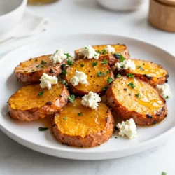 To make Honey Feta Roasted Sweet Potato Rounds, you need a few simple items. Here&rsquo;s what you will need: - Sweet Potatoes: Use 2 large sweet potatoes, sliced into 1/2-inch thick rounds. These will be the base of your dish. - Olive Oil: Four tablespoons of extra virgin olive oil will help to roast the sweet potatoes and add flavor. - Seasonings: You&rsquo;ll need sea salt and freshly cracked black pepper to taste. These enhance the natural sweetness of the potatoes. - Honey: A 1/4 cup of pure honey adds a sweet touch that pairs well with feta. - Feta Cheese: Use 1/2 cup of cream feta cheese, crumbled. This cheese brings a creamy tang that balances the sweetness. - Fresh Herbs: A 1/4 cup of finely chopped fresh parsley adds freshness and color. - Optional Ingredients: You can add 1 teaspoon of balsamic vinegar for drizzling and 1 teaspoon of chili flakes if you like some heat. Gather these ingredients, and you are ready to create a delicious dish! {{ingredient_image_2}} First, heat your oven to 425&deg;F (220&deg;C). This high heat helps the sweet potatoes roast nicely. While the oven warms up, line a large baking sheet with parchment paper. This keeps the sweet potatoes from sticking and makes cleanup simple. Next, take two large sweet potatoes. Slice them into 1/2-inch thick rounds. Place the rounds in a big mixing bowl. Add four tablespoons of extra virgin olive oil, sea salt, and freshly cracked black pepper. Use your hands or a spatula to mix them well. Every round should be coated with oil and seasonings. Now, spread the sweet potato rounds on the lined baking sheet. Make sure they are in a single layer with space between each piece. This helps them roast evenly. Put the baking sheet in the oven and roast for about 20 minutes. Halfway through, flip the rounds over. This step ensures they get a golden color and a soft texture. In the last 5 minutes of roasting, drizzle 1/4 cup of pure honey over the sweet potato rounds. The honey will caramelize and add a sweet flavor. Once the timer goes off, take the baking sheet out. While the rounds are warm, sprinkle 1/2 cup of crumbled feta cheese on top. The heat will make the cheese melt slightly. To finish, add 1/4 cup of finely chopped fresh parsley on top. If you like a bit of heat, sprinkle some chili flakes over the rounds. Just before serving, drizzle a bit of balsamic vinegar for extra flavor. This adds a nice balance to the dish. I love serving these sweet potato rounds warm. They make a great side dish. Pair them with roasted chicken or grilled fish for a tasty meal. You can also serve them as a starter. Just arrange them on a platter and add extra honey and balsamic for a pretty touch. A sprinkle of fresh parsley adds a pop of color. To get the best results, keep these tips in mind. First, cut the sweet potatoes into even rounds. This helps them cook at the same rate. Use enough olive oil to coat each piece well. Too little oil can lead to dryness. Don't overcrowd the baking sheet. Space between the rounds allows for even roasting and crisping. Check your sweet potatoes for doneness after about 20 minutes. They should be golden and tender. If they need more time, flip them again and roast for a few extra minutes. Drizzling honey in the last five minutes helps caramelize it. This makes a sweet, tasty glaze. Pro Tips Use Fresh Ingredients: Always opt for fresh sweet potatoes and herbs. They enhance the flavor and nutritional value of your dish significantly. Adjust Sweetness to Taste: If you prefer a less sweet dish, reduce the amount of honey or drizzle it at the end rather than during roasting. Experiment with Cheese: Feel free to substitute the feta with goat cheese or ricotta for a different flavor profile that complements the sweet potatoes. Make It Ahead: You can prep the sweet potato rounds a day in advance, storing them in the fridge. Just add the honey and bake when ready to serve. {{image_4}} If you like heat, add chili flakes to the sweet potato rounds. Toss the rounds with 1 teaspoon of chili flakes before roasting. This will give them a nice kick. The sweet and spicy combo works well with the honey and feta. For added crunch, sprinkle nuts or seeds on top. Chopped walnuts or pumpkin seeds work great. Add them in the last few minutes of roasting. This gives the dish a lovely texture and flavor contrast. To make this dish vegan, swap feta for nutritional yeast. Nutritional yeast adds a cheesy flavor without dairy. You can mix it with a bit of olive oil for a creamy texture. Drizzle the honey substitute for a sweet touch and enjoy this plant-based option! Once you've enjoyed your honey feta roasted sweet potato rounds, store any leftovers in the fridge. Place them in an airtight container. They stay fresh for about 3 to 4 days. To keep the flavors intact, avoid stacking the rounds too high. This way, they won&rsquo;t get soggy. When you're ready to enjoy your leftovers, reheating is easy! Preheat your oven to 350&deg;F (175&deg;C). Spread the sweet potato rounds on a baking sheet. Heat them for about 10 to 15 minutes until warmed through. This method helps them regain some crispiness. You can also use a microwave, but they may lose texture. If you want to save some for later, freezing is an option too. Lay the sweet potato rounds on a baking sheet in a single layer. Freeze for about 1 hour until solid. Then, transfer them to a freezer-safe bag or container. They will keep well for up to 2 months. When you're ready to eat, thaw them in the fridge overnight before reheating. Yes, you can use other cheeses. Goat cheese or ricotta work well. They add creaminess and flavor. Make sure to crumble them like feta. This will help them melt better on the sweet potatoes. If you don&rsquo;t have parsley, try basil or cilantro. Both add fresh taste. Thyme or rosemary also work well, giving a nice earthy flavor. Just chop them finely for the best texture and taste. You can prep the sweet potatoes a day before. Slice them and store in water to keep them fresh. You can also mix the honey and feta. Just add them when ready to bake. This makes cooking quick and easy. Use a sharp knife for clean cuts. First, peel the sweet potatoes. Then, slice them into 1/2-inch thick rounds. Try to make them even for uniform cooking. If you want, use a mandoline for perfect slices. This blog post covered how to prepare a tasty dish using sweet potatoes. We explored the ingredients, from sweet potatoes to feta cheese, and walked through each step of roasting them. I shared helpful tips for serving and perfecting your roast. You even learned about fun variations and storage options. Embrace your creativity to make this dish yours. Enjoy cooking and share your results!