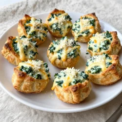 To make Cheesy Spinach Dip Bites, you will need a few simple ingredients. Here&rsquo;s what you will need: - 1 cup fresh spinach, finely chopped - 1 cup cream cheese, softened at room temperature - 1 cup shredded mozzarella cheese - 1/2 cup grated Parmesan cheese - 1/2 teaspoon garlic powder - 1/2 teaspoon onion powder - Salt and pepper to taste - 1 package of puff pastry sheets (contains 2 sheets) - 1 egg, beaten (to use as an egg wash) Each ingredient plays a key role in creating flavor and texture. The fresh spinach adds a nice color and taste. Cream cheese gives a rich and smooth base. Shredded mozzarella and Parmesan bring stretchy and savory qualities. Garlic and onion powder enhance the overall flavor. Salt and pepper season the mixture perfectly. Puff pastry creates a light and flaky crust, while the egg wash helps achieve a golden finish. With these ingredients, you can create a delightful snack or appetizer that everyone will love. {{ingredient_image_2}} Start by preheating your oven to 375&deg;F (190&deg;C). This step is key. A hot oven cooks the bites evenly, making them puff up perfectly. In a medium bowl, mix the softened cream cheese, chopped spinach, shredded mozzarella, and grated Parmesan. Stir well until smooth. This mix needs to be creamy and flavorful. Next, add garlic powder, onion powder, and a pinch of salt and pepper. Blend these flavors together for a tasty filling. Lightly flour your work surface. Roll out the puff pastry sheets until they are about 1/8 inch thick. Use a sharp knife to cut each sheet into 3x3 inch squares. This size works best for your bites. Take about 1 tablespoon of the cheesy spinach mix and place it in the center of each pastry square. Fold the corners of the pastry over the filling. Pinch and seal the edges tightly. This step keeps the filling inside while baking. Now, brush the tops of each pastry with the beaten egg. This gives them a lovely golden color. Place the bites on a lined baking sheet, spaced apart for even baking. Bake for 20-25 minutes. Watch closely for that golden brown color. Once done, let them cool slightly before serving. To get the right texture in your Cheesy Spinach Dip Bites, start with softened cream cheese. This helps blend everything smoothly. Make sure to chop the spinach finely. Big pieces can make it hard to seal the pastry. Mix the cheeses and spinach until they are well combined. A smooth filling will lead to a nicer bite. For a beautiful golden brown color, preheat your oven to 375&deg;F (190&deg;C). This ensures even cooking. Brush each pastry pocket with beaten egg. This egg wash gives that lovely shiny finish. Space the bites apart on your baking sheet. This allows hot air to flow around them, helping them bake evenly. Keep an eye on them as they bake. You want them puffy and golden, not burnt. Serve your Cheesy Spinach Dip Bites on a rustic wooden platter. A bright serving dish makes them pop. You can add fresh herbs like parsley or basil for color. For dipping, try marinara sauce or a zesty sauce. It adds flavor and makes your bites even more fun to eat. Pro Tips Use Fresh Spinach: Fresh spinach adds a vibrant flavor and nutrient boost to the dip. If using frozen spinach, make sure to thoroughly drain and squeeze out excess moisture to avoid a soggy filling. Experiment with Cheeses: Feel free to mix in other cheeses such as feta or cheddar for a unique twist on the classic flavor profile. Each cheese brings its own distinct taste and texture. Chill Before Baking: After assembling the bites, refrigerate them for about 10-15 minutes before baking. This helps the pastry maintain its shape and gives a flakier texture when baked. Perfect Egg Wash: For an extra shiny and golden finish, add a splash of milk or water to the beaten egg before applying it to the pastry tops. This will enhance the color and appearance of your bites. {{image_4}} You can change up the flavors in your Cheesy Spinach Dip Bites. Here are some ideas: - Using different cheeses: Try adding cheddar or feta cheese. Each cheese gives a unique taste. Mixing mozzarella with gouda can add a nice twist, too. - Adding spices or herbs: Want more flavor? Add red pepper flakes for heat. Fresh herbs like dill or basil can brighten the dish. You can also use Italian seasoning for an herb blend. If you need a gluten-free version, use gluten-free puff pastry. Check the package to ensure it fits your needs. Make sure your cheese and spices are also gluten-free. This way, everyone can enjoy the bites without worry. These bites are already vegetarian, but you can make them even heartier. Add more veggies like chopped bell peppers or artichokes. You could even mix in some sun-dried tomatoes for a sweet touch. This keeps the dish tasty and colorful. To store your Cheesy Spinach Dip Bites, let them cool completely. Place the bites in an airtight container. They will stay fresh in the fridge for up to three days. If you want to keep them longer, consider freezing. To reheat, preheat your oven to 350&deg;F (175&deg;C). Place the bites on a baking sheet. Bake for about 10-15 minutes. This will warm them and make them crispy again. You can also use a microwave, but this may make them soft. To freeze, place the cooled bites in a single layer on a baking sheet. Freeze them for about one hour. Once frozen, transfer them to a freezer-safe bag. They can last up to three months in the freezer. To thaw, move them to the fridge overnight before reheating. Enjoy fresh-tasting bites anytime! You can prepare Cheesy Spinach Dip Bites in advance. Make the filling and fill the pastry squares. Cover them with plastic wrap and place them in the fridge. They can stay fresh for up to one day. When ready to bake, simply brush with egg wash and bake as directed. This saves time on busy days and keeps flavors intact. You can use either fresh or frozen spinach. Fresh spinach gives a brighter taste and better texture. If you use frozen spinach, make sure to thaw it first. Squeeze out any extra water to avoid a soggy filling. Both options work well in this recipe, so choose what you have on hand. Cheesy Spinach Dip Bites pair well with many dips and sides. Try serving them with marinara sauce for a classic touch. A zesty dipping sauce can also add a nice kick. You can even serve them with a fresh salad for balance. These bites are versatile and make a great snack or appetizer. We explored how to make tasty Cheesy Spinach Dip Bites using fresh ingredients. From preparing the cheesy spinach mix to baking the bites, every step is easy. Remember to experiment with different cheeses or herbs for fun flavors. Store leftovers properly to enjoy them later. With these simple tips and tricks, you can impress anyone with your cooking skills. Enjoy your delicious bites and share them with others&mdash;they're sure to be a hit!