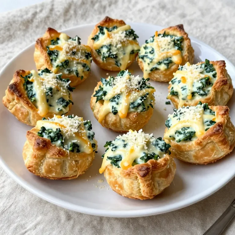 To make Cheesy Spinach Dip Bites, you will need a few simple ingredients. Here’s what you will need: - 1 cup fresh spinach, finely chopped - 1 cup cream cheese, softened at room temperature - 1 cup shredded mozzarella cheese - 1/2 cup grated Parmesan cheese - 1/2 teaspoon garlic powder - 1/2 teaspoon onion powder - Salt and pepper to taste - 1 package of puff pastry sheets (contains 2 sheets) - 1 egg, beaten (to use as an egg wash) Each ingredient plays a key role in creating flavor and texture. The fresh spinach adds a nice color and taste. Cream cheese gives a rich and smooth base. Shredded mozzarella and Parmesan bring stretchy and savory qualities. Garlic and onion powder enhance the overall flavor. Salt and pepper season the mixture perfectly. Puff pastry creates a light and flaky crust, while the egg wash helps achieve a golden finish. With these ingredients, you can create a delightful snack or appetizer that everyone will love. {{ingredient_image_2}} Start by preheating your oven to 375°F (190°C). This step is key. A hot oven cooks the bites evenly, making them puff up perfectly. In a medium bowl, mix the softened cream cheese, chopped spinach, shredded mozzarella, and grated Parmesan. Stir well until smooth. This mix needs to be creamy and flavorful. Next, add garlic powder, onion powder, and a pinch of salt and pepper. Blend these flavors together for a tasty filling. Lightly flour your work surface. Roll out the puff pastry sheets until they are about 1/8 inch thick. Use a sharp knife to cut each sheet into 3x3 inch squares. This size works best for your bites. Take about 1 tablespoon of the cheesy spinach mix and place it in the center of each pastry square. Fold the corners of the pastry over the filling. Pinch and seal the edges tightly. This step keeps the filling inside while baking. Now, brush the tops of each pastry with the beaten egg. This gives them a lovely golden color. Place the bites on a lined baking sheet, spaced apart for even baking. Bake for 20-25 minutes. Watch closely for that golden brown color. Once done, let them cool slightly before serving. To get the right texture in your Cheesy Spinach Dip Bites, start with softened cream cheese. This helps blend everything smoothly. Make sure to chop the spinach finely. Big pieces can make it hard to seal the pastry. Mix the cheeses and spinach until they are well combined. A smooth filling will lead to a nicer bite. For a beautiful golden brown color, preheat your oven to 375°F (190°C). This ensures even cooking. Brush each pastry pocket with beaten egg. This egg wash gives that lovely shiny finish. Space the bites apart on your baking sheet. This allows hot air to flow around them, helping them bake evenly. Keep an eye on them as they bake. You want them puffy and golden, not burnt. Serve your Cheesy Spinach Dip Bites on a rustic wooden platter. A bright serving dish makes them pop. You can add fresh herbs like parsley or basil for color. For dipping, try marinara sauce or a zesty sauce. It adds flavor and makes your bites even more fun to eat. Pro Tips Use Fresh Spinach: Fresh spinach adds a vibrant flavor and nutrient boost to the dip. If using frozen spinach, make sure to thoroughly drain and squeeze out excess moisture to avoid a soggy filling. Experiment with Cheeses: Feel free to mix in other cheeses such as feta or cheddar for a unique twist on the classic flavor profile. Each cheese brings its own distinct taste and texture. Chill Before Baking: After assembling the bites, refrigerate them for about 10-15 minutes before baking. This helps the pastry maintain its shape and gives a flakier texture when baked. Perfect Egg Wash: For an extra shiny and golden finish, add a splash of milk or water to the beaten egg before applying it to the pastry tops. This will enhance the color and appearance of your bites. {{image_4}} You can change up the flavors in your Cheesy Spinach Dip Bites. Here are some ideas: - Using different cheeses: Try adding cheddar or feta cheese. Each cheese gives a unique taste. Mixing mozzarella with gouda can add a nice twist, too. - Adding spices or herbs: Want more flavor? Add red pepper flakes for heat. Fresh herbs like dill or basil can brighten the dish. You can also use Italian seasoning for an herb blend. If you need a gluten-free version, use gluten-free puff pastry. Check the package to ensure it fits your needs. Make sure your cheese and spices are also gluten-free. This way, everyone can enjoy the bites without worry. These bites are already vegetarian, but you can make them even heartier. Add more veggies like chopped bell peppers or artichokes. You could even mix in some sun-dried tomatoes for a sweet touch. This keeps the dish tasty and colorful. To store your Cheesy Spinach Dip Bites, let them cool completely. Place the bites in an airtight container. They will stay fresh in the fridge for up to three days. If you want to keep them longer, consider freezing. To reheat, preheat your oven to 350°F (175°C). Place the bites on a baking sheet. Bake for about 10-15 minutes. This will warm them and make them crispy again. You can also use a microwave, but this may make them soft. To freeze, place the cooled bites in a single layer on a baking sheet. Freeze them for about one hour. Once frozen, transfer them to a freezer-safe bag. They can last up to three months in the freezer. To thaw, move them to the fridge overnight before reheating. Enjoy fresh-tasting bites anytime! You can prepare Cheesy Spinach Dip Bites in advance. Make the filling and fill the pastry squares. Cover them with plastic wrap and place them in the fridge. They can stay fresh for up to one day. When ready to bake, simply brush with egg wash and bake as directed. This saves time on busy days and keeps flavors intact. You can use either fresh or frozen spinach. Fresh spinach gives a brighter taste and better texture. If you use frozen spinach, make sure to thaw it first. Squeeze out any extra water to avoid a soggy filling. Both options work well in this recipe, so choose what you have on hand. Cheesy Spinach Dip Bites pair well with many dips and sides. Try serving them with marinara sauce for a classic touch. A zesty dipping sauce can also add a nice kick. You can even serve them with a fresh salad for balance. These bites are versatile and make a great snack or appetizer. We explored how to make tasty Cheesy Spinach Dip Bites using fresh ingredients. From preparing the cheesy spinach mix to baking the bites, every step is easy. Remember to experiment with different cheeses or herbs for fun flavors. Store leftovers properly to enjoy them later. With these simple tips and tricks, you can impress anyone with your cooking skills. Enjoy your delicious bites and share them with others—they're sure to be a hit!