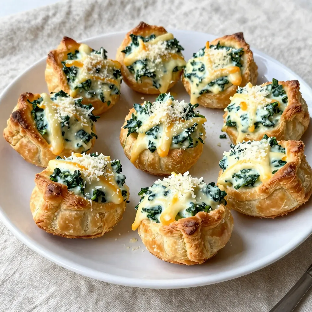 To make Cheesy Spinach Dip Bites, you will need a few simple ingredients. Here’s what you will need: - 1 cup fresh spinach, finely chopped - 1 cup cream cheese, softened at room temperature - 1 cup shredded mozzarella cheese - 1/2 cup grated Parmesan cheese - 1/2 teaspoon garlic powder - 1/2 teaspoon onion powder - Salt and pepper to taste - 1 package of puff pastry sheets (contains 2 sheets) - 1 egg, beaten (to use as an egg wash) Each ingredient plays a key role in creating flavor and texture. The fresh spinach adds a nice color and taste. Cream cheese gives a rich and smooth base. Shredded mozzarella and Parmesan bring stretchy and savory qualities. Garlic and onion powder enhance the overall flavor. Salt and pepper season the mixture perfectly. Puff pastry creates a light and flaky crust, while the egg wash helps achieve a golden finish. With these ingredients, you can create a delightful snack or appetizer that everyone will love. {{ingredient_image_2}} Start by preheating your oven to 375°F (190°C). This step is key. A hot oven cooks the bites evenly, making them puff up perfectly. In a medium bowl, mix the softened cream cheese, chopped spinach, shredded mozzarella, and grated Parmesan. Stir well until smooth. This mix needs to be creamy and flavorful. Next, add garlic powder, onion powder, and a pinch of salt and pepper. Blend these flavors together for a tasty filling. Lightly flour your work surface. Roll out the puff pastry sheets until they are about 1/8 inch thick. Use a sharp knife to cut each sheet into 3x3 inch squares. This size works best for your bites. Take about 1 tablespoon of the cheesy spinach mix and place it in the center of each pastry square. Fold the corners of the pastry over the filling. Pinch and seal the edges tightly. This step keeps the filling inside while baking. Now, brush the tops of each pastry with the beaten egg. This gives them a lovely golden color. Place the bites on a lined baking sheet, spaced apart for even baking. Bake for 20-25 minutes. Watch closely for that golden brown color. Once done, let them cool slightly before serving. To get the right texture in your Cheesy Spinach Dip Bites, start with softened cream cheese. This helps blend everything smoothly. Make sure to chop the spinach finely. Big pieces can make it hard to seal the pastry. Mix the cheeses and spinach until they are well combined. A smooth filling will lead to a nicer bite. For a beautiful golden brown color, preheat your oven to 375°F (190°C). This ensures even cooking. Brush each pastry pocket with beaten egg. This egg wash gives that lovely shiny finish. Space the bites apart on your baking sheet. This allows hot air to flow around them, helping them bake evenly. Keep an eye on them as they bake. You want them puffy and golden, not burnt. Serve your Cheesy Spinach Dip Bites on a rustic wooden platter. A bright serving dish makes them pop. You can add fresh herbs like parsley or basil for color. For dipping, try marinara sauce or a zesty sauce. It adds flavor and makes your bites even more fun to eat. Pro Tips Use Fresh Spinach: Fresh spinach adds a vibrant flavor and nutrient boost to the dip. If using frozen spinach, make sure to thoroughly drain and squeeze out excess moisture to avoid a soggy filling. Experiment with Cheeses: Feel free to mix in other cheeses such as feta or cheddar for a unique twist on the classic flavor profile. Each cheese brings its own distinct taste and texture. Chill Before Baking: After assembling the bites, refrigerate them for about 10-15 minutes before baking. This helps the pastry maintain its shape and gives a flakier texture when baked. Perfect Egg Wash: For an extra shiny and golden finish, add a splash of milk or water to the beaten egg before applying it to the pastry tops. This will enhance the color and appearance of your bites. {{image_4}} You can change up the flavors in your Cheesy Spinach Dip Bites. Here are some ideas: - Using different cheeses: Try adding cheddar or feta cheese. Each cheese gives a unique taste. Mixing mozzarella with gouda can add a nice twist, too. - Adding spices or herbs: Want more flavor? Add red pepper flakes for heat. Fresh herbs like dill or basil can brighten the dish. You can also use Italian seasoning for an herb blend. If you need a gluten-free version, use gluten-free puff pastry. Check the package to ensure it fits your needs. Make sure your cheese and spices are also gluten-free. This way, everyone can enjoy the bites without worry. These bites are already vegetarian, but you can make them even heartier. Add more veggies like chopped bell peppers or artichokes. You could even mix in some sun-dried tomatoes for a sweet touch. This keeps the dish tasty and colorful. To store your Cheesy Spinach Dip Bites, let them cool completely. Place the bites in an airtight container. They will stay fresh in the fridge for up to three days. If you want to keep them longer, consider freezing. To reheat, preheat your oven to 350°F (175°C). Place the bites on a baking sheet. Bake for about 10-15 minutes. This will warm them and make them crispy again. You can also use a microwave, but this may make them soft. To freeze, place the cooled bites in a single layer on a baking sheet. Freeze them for about one hour. Once frozen, transfer them to a freezer-safe bag. They can last up to three months in the freezer. To thaw, move them to the fridge overnight before reheating. Enjoy fresh-tasting bites anytime! You can prepare Cheesy Spinach Dip Bites in advance. Make the filling and fill the pastry squares. Cover them with plastic wrap and place them in the fridge. They can stay fresh for up to one day. When ready to bake, simply brush with egg wash and bake as directed. This saves time on busy days and keeps flavors intact. You can use either fresh or frozen spinach. Fresh spinach gives a brighter taste and better texture. If you use frozen spinach, make sure to thaw it first. Squeeze out any extra water to avoid a soggy filling. Both options work well in this recipe, so choose what you have on hand. Cheesy Spinach Dip Bites pair well with many dips and sides. Try serving them with marinara sauce for a classic touch. A zesty dipping sauce can also add a nice kick. You can even serve them with a fresh salad for balance. These bites are versatile and make a great snack or appetizer. We explored how to make tasty Cheesy Spinach Dip Bites using fresh ingredients. From preparing the cheesy spinach mix to baking the bites, every step is easy. Remember to experiment with different cheeses or herbs for fun flavors. Store leftovers properly to enjoy them later. With these simple tips and tricks, you can impress anyone with your cooking skills. Enjoy your delicious bites and share them with others—they're sure to be a hit!