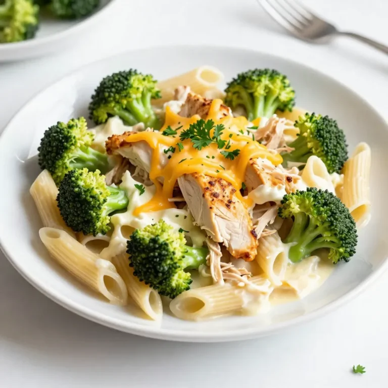 - 2 cups cooked penne pasta - 1 lb boneless, skinless chicken breasts, cooked and shredded - 1 cup cream cheese, softened to room temperature - 1 cup shredded cheddar cheese - 1 cup low-sodium chicken broth - 1 packet ranch seasoning mix - 1 cup frozen broccoli florets To make Crack Chicken Penne, gather these main ingredients first. The penne pasta brings a nice, chewy texture. Chicken breasts give protein and flavor. Cream cheese and cheddar cheese create a rich, creamy sauce. Chicken broth adds depth. The ranch seasoning mix offers that signature taste. Lastly, broccoli adds a pop of color and nutrition. - 1 teaspoon garlic powder - Salt and pepper to taste - Fresh parsley, chopped (for garnish) Next, let's focus on seasoning and garnish. Garlic powder enhances the dish’s flavor. Salt and pepper make everything taste better. Fresh parsley is your go-to for garnish. It adds a bright look and fresh taste. These simple seasonings elevate your meal and make it feel special. {{ingredient_image_2}} First, take your cooked chicken and shred it into small pieces. In a large pot or skillet over medium heat, combine the shredded chicken, cream cheese, and ranch seasoning mix. Stir constantly until the cream cheese melts and mixes well with the chicken. This creates a smooth, creamy base that will hold all the flavors together. Next, slowly pour in the chicken broth while you keep stirring. This step is key to making the sauce nice and smooth. Don’t rush this part! Once everything is well mixed, sprinkle in garlic powder and season with salt and pepper to taste. Let this simmer for about 5 minutes. This time helps the flavors mix and grow richer. Now, it’s time to add some color and nutrition. Toss in the frozen broccoli florets and stir well. Cook this for another 5 minutes, or until the broccoli is tender and hot. Finally, gently fold in the cooked penne pasta and shredded cheddar cheese. Stir until the cheese melts and coats the pasta evenly. This is where the magic happens, as all the ingredients come together to make a creamy and delicious dish. To get the best creamy sauce, start with the right mix. Melt the cream cheese with the chicken. Stir until it blends well. Add chicken broth slowly. This makes the sauce smooth. You want it creamy but not too thick. If it's too thick, add more broth. For flavor, taste as you go. Adjust salt and pepper to your liking. You can also add more ranch seasoning if you want. Cooking chicken right is key. Use boneless, skinless chicken breasts for best results. Cook them fully before shredding. This keeps the meat moist and tender. For the pasta, cook penne just until al dente. This makes sure it won’t get mushy in the sauce. Remember, it will cook a bit more when mixed with the hot sauce. When serving, use bowls or plates that show off the dish. A sprinkle of fresh parsley adds color and flavor. You can also add a bit more cheese on top. If you want to impress, serve with a slice of warm bread on the side. This gives guests something to enjoy while they savor every bite. Pro Tips Use Rotisserie Chicken: For a quicker meal, use pre-cooked rotisserie chicken instead of cooking your own. This will save you time and add great flavor. Customize the Veggies: Feel free to swap the broccoli with other vegetables like spinach, peas, or bell peppers for a different taste and texture. Make it Spicy: Add a pinch of red pepper flakes or a few dashes of hot sauce to the mixture for a spicy kick that complements the creamy flavors. Store Leftovers Wisely: Store any leftovers in an airtight container in the fridge for up to 3 days. Reheat gently on the stovetop with a splash of chicken broth to keep it creamy. {{image_4}} You can easily swap out cream cheese. Try using Greek yogurt for a tangy twist. For cheddar cheese, mozzarella works well too. It melts nicely and adds a mild flavor. You can also mix in different veggies. Bell peppers, spinach, or even zucchini can brighten up the dish. Want to kick up the taste? Add spices like paprika or cayenne for heat. Fresh herbs like thyme or basil can also add depth. If you want more protein, consider adding cooked bacon or sausage. Shredded rotisserie chicken is another great choice for quick prep. To make it gluten-free, swap the penne for gluten-free pasta. Many brands offer great options that taste just as good. For a vegan-friendly version, replace the chicken with chickpeas or tofu. Use vegan cream cheese and cheese to keep it plant-based. You can still enjoy that creamy texture! To store your leftovers, let the Crack Chicken Penne cool down first. Place it in an airtight container. Make sure it is sealed tightly to keep it fresh. It can last in the fridge for up to four days. When you are ready to eat, just take it out and enjoy! If you want to freeze Crack Chicken Penne, follow these steps. First, let it cool to room temperature. Then, pack it in a freezer-safe container or bag. Make sure to remove as much air as possible to prevent freezer burn. It can stay frozen for up to three months. When you’re ready to eat it, just thaw it in the fridge overnight. To reheat Crack Chicken Penne, you have a few good options. The best way is to warm it on the stove over low heat. Stir it often to prevent sticking. You can also use the microwave. Just put it in a microwave-safe bowl and cover it with a lid or plastic wrap. Heat it in short bursts, stirring in between. Make sure it’s heated all the way through before serving. Enjoy your creamy, comforting delight again! Crack Chicken Penne lasts about three to four days in the fridge. Store it in an airtight container to keep it fresh. Make sure it cools down before sealing it. If you want to enjoy it later, check for any bad smells or changes in color before eating. Using raw chicken is not ideal for this recipe. Cooked chicken helps create a creamy sauce faster. If you want to use raw chicken, you need to cook it first. You can add the raw chicken to the pot at the start. Let it cook fully before adding other ingredients. Crack Chicken Penne pairs well with a simple salad. Try a green salad with fresh veggies. Garlic bread is also a nice side. You could even serve it with steamed vegetables for extra color and nutrition. Each of these options enhances the meal and adds variety to your plate. This blog post covered how to make Crack Chicken Penne, focusing on key ingredients, step-by-step preparation, and helpful tips. You learned about essential ingredients like chicken, cream cheese, and seasoning. I shared ways to enhance flavor and suggested ingredient swaps for variety. Remember proper storage for leftovers ensures freshness. Enjoy experimenting with this creamy dish to suit your taste. This recipe offers several options to impress family and friends. Each bite brings comfort, making it a winner in any kitchen. Happy cooking!