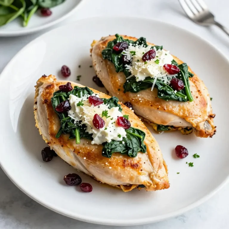 - 4 boneless, skinless chicken breasts - 2 cups fresh spinach, finely chopped - 1/2 cup dried cranberries, roughly chopped - 1/2 cup cream cheese, softened to room temperature - 1/4 cup grated Parmesan cheese - 1/4 teaspoon garlic powder - 1 tablespoon olive oil for cooking - 1/2 teaspoon paprika for seasoning - Salt and pepper, to taste Gathering the right ingredients is key. For the main part of this dish, you'll need four boneless, skinless chicken breasts. These are easy to work with and cook nicely. Fresh spinach is another star here. It adds flavor and nutrition. You also want dried cranberries for a sweet touch. They give a nice contrast to the savory chicken. Next, let’s talk about the creamy filling. You’ll need cream cheese, which must be at room temperature to mix well. This will help create a smooth texture. Grated Parmesan cheese adds a savory kick. A bit of garlic powder enhances the taste, too. Don't forget your cooking essentials! You'll need olive oil for searing the chicken. Paprika adds color and flavor. Lastly, use salt and pepper to taste. These simple seasonings really bring out the best in your dish. {{ingredient_image_2}} Preheating the oven is very important. It helps the chicken cook evenly. Set your oven to 375°F (190°C). This way, your chicken will get that nice, juicy texture. To make the filling, grab a medium bowl. Mix 2 cups of finely chopped spinach and 1/2 cup of roughly chopped dried cranberries. Add 1/2 cup of softened cream cheese and 1/4 cup of grated Parmesan cheese. Don't forget 1/4 teaspoon of garlic powder and onion powder. Sprinkle in some salt and pepper to taste. Stir it all together until it is creamy and blended. Take your chicken breasts and use a sharp knife. Cut a pocket into the side of each breast. Be careful not to cut all the way through. This pocket will hold the filling. Now, fill each pocket with the spinach and cranberry mixture. If needed, use toothpicks to keep the filling inside. Heat 1 tablespoon of olive oil in a large oven-safe skillet over medium-high heat. Season the stuffed chicken breasts with paprika, salt, and pepper. Place the chicken in the skillet. Sear for about 4-5 minutes on each side. Look for a golden-brown color. Once done, transfer the skillet to the preheated oven. Bake the chicken for 20-25 minutes. Make sure it reaches an internal temperature of 165°F (75°C). After baking, let the chicken rest for about 5 minutes. This helps keep it juicy. If you used toothpicks, gently remove them. For a nice touch, sprinkle finely chopped fresh parsley on top. It adds color and flavor to your dish. To ensure a creamy filling, use room temperature cream cheese. This helps it mix easily with spinach and cranberries. Chop the spinach finely, so it blends well. You want a filling that is smooth and holds together. If it feels too dry, add a bit more cream cheese. Checking for doneness is key for juicy chicken. Use a meat thermometer. The chicken should reach 165°F (75°C) inside. If you do not have one, look for clear juices. Cut into the thickest part of the chicken to check. If it is pink, it needs more cooking. You can add more spices to boost flavor. Consider using Italian herbs like oregano or basil. A pinch of red pepper flakes adds heat. Lemon zest gives a fresh twist. Experiment with what you like best! Pro Tips Use Fresh Ingredients: Fresh spinach and high-quality cream cheese will enhance the flavor and texture of the filling. Don’t Overstuff: While it’s tempting to fill the chicken breasts to the brim, overstuffing can cause the filling to spill out during cooking. Let It Rest: Allowing the chicken to rest after baking helps retain its juices, resulting in a more flavorful and moist dish. Experiment with Cheese: Feel free to substitute the Parmesan with other cheeses like feta or mozzarella for a different flavor profile. {{image_4}} You can change the flavor of your spinach cranberry stuffed chicken. Try using feta cheese instead of cream cheese for a tangy twist. If you want a lighter option, use ricotta cheese. For greens, swap spinach with kale or Swiss chard. Each option gives a unique taste and texture. Baking gives a juicy chicken with a nice crust. However, grilling adds a smoky flavor. If you grill, keep the heat medium to avoid burning the outside. Cook each side for about 6-8 minutes. Both methods make this dish special. Each method brings out different flavors. Pair your stuffed chicken with a simple salad for freshness. A light vinaigrette works well. You can also serve it with pasta tossed in olive oil and garlic. This adds heartiness to your meal. For a colorful plate, add sautéed vegetables. Enjoy the harmony of flavors and textures. To store leftovers, place the chicken in an airtight container. This keeps the flavors fresh. Make sure the chicken cools down first. Leftovers can last for up to three days in the fridge. When ready to eat, check for any off smells or changes in texture. Freezing stuffed chicken is a great option for meal prep. Wrap each piece tightly in plastic wrap. Then, place them in a freezer bag. This helps prevent freezer burn. You can freeze the chicken for up to three months. When you want to cook it, thaw it overnight in the fridge before cooking. Reheat your stuffed chicken safely for best taste. Preheat your oven to 350°F (175°C). Place the chicken in an oven-safe dish and cover it with foil. Heat for about 20-25 minutes. This keeps the chicken moist. You can also use a microwave, but the oven gives better results. Always check the temperature. The inside should be 165°F (75°C) before serving. You can check if the chicken is done cooking by using a meat thermometer. Insert it into the thickest part of the chicken breast. The internal temperature should reach 165°F (75°C). Another sign is the juices should run clear when you cut into the chicken. If the juices are pink, cook it a bit longer. Yes, you can use frozen spinach. It is convenient and saves prep time. However, frozen spinach has a higher water content. This means you should drain it well before mixing it into your filling. Fresh spinach gives a brighter flavor and better texture. So, choose based on what you prefer or have on hand. If you want a lighter option, you can use Greek yogurt or ricotta cheese. Both alternatives add creaminess without the extra fat. You can also try cottage cheese, but blend it for a smoother texture. These substitutes work well and keep your dish tasty and flavorful. This blog post explored the steps to make a delicious stuffed chicken dish. We covered key ingredients like chicken breasts, spinach, and cranberries, along with cooking essentials. I also shared tips to perfect your stuffing and suggested variations to try. Don't forget the storage tips for leftovers, too. Cooking can be fun and tasty. Now, get in the kitchen and enjoy your delicious meal!