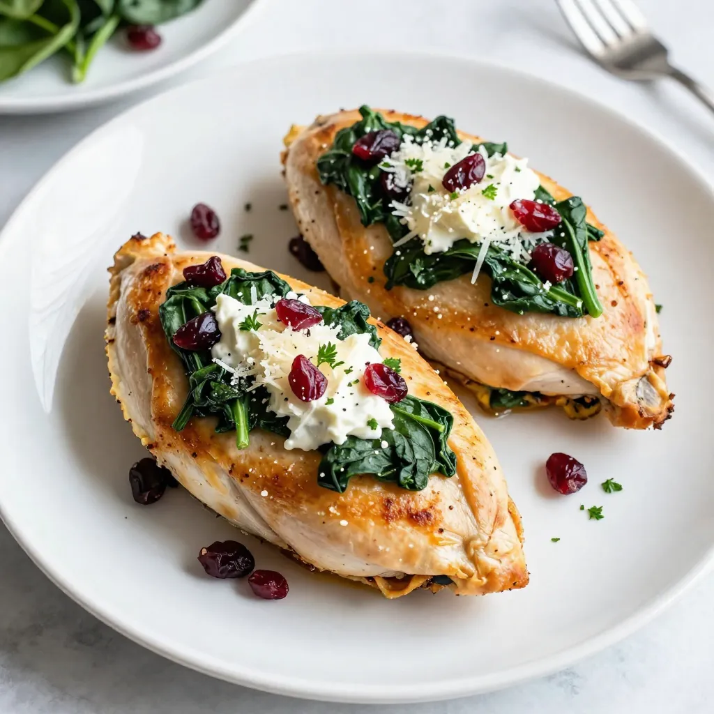 - 4 boneless, skinless chicken breasts - 2 cups fresh spinach, finely chopped - 1/2 cup dried cranberries, roughly chopped - 1/2 cup cream cheese, softened to room temperature - 1/4 cup grated Parmesan cheese - 1/4 teaspoon garlic powder - 1 tablespoon olive oil for cooking - 1/2 teaspoon paprika for seasoning - Salt and pepper, to taste Gathering the right ingredients is key. For the main part of this dish, you'll need four boneless, skinless chicken breasts. These are easy to work with and cook nicely. Fresh spinach is another star here. It adds flavor and nutrition. You also want dried cranberries for a sweet touch. They give a nice contrast to the savory chicken. Next, let’s talk about the creamy filling. You’ll need cream cheese, which must be at room temperature to mix well. This will help create a smooth texture. Grated Parmesan cheese adds a savory kick. A bit of garlic powder enhances the taste, too. Don't forget your cooking essentials! You'll need olive oil for searing the chicken. Paprika adds color and flavor. Lastly, use salt and pepper to taste. These simple seasonings really bring out the best in your dish. {{ingredient_image_2}} Preheating the oven is very important. It helps the chicken cook evenly. Set your oven to 375°F (190°C). This way, your chicken will get that nice, juicy texture. To make the filling, grab a medium bowl. Mix 2 cups of finely chopped spinach and 1/2 cup of roughly chopped dried cranberries. Add 1/2 cup of softened cream cheese and 1/4 cup of grated Parmesan cheese. Don't forget 1/4 teaspoon of garlic powder and onion powder. Sprinkle in some salt and pepper to taste. Stir it all together until it is creamy and blended. Take your chicken breasts and use a sharp knife. Cut a pocket into the side of each breast. Be careful not to cut all the way through. This pocket will hold the filling. Now, fill each pocket with the spinach and cranberry mixture. If needed, use toothpicks to keep the filling inside. Heat 1 tablespoon of olive oil in a large oven-safe skillet over medium-high heat. Season the stuffed chicken breasts with paprika, salt, and pepper. Place the chicken in the skillet. Sear for about 4-5 minutes on each side. Look for a golden-brown color. Once done, transfer the skillet to the preheated oven. Bake the chicken for 20-25 minutes. Make sure it reaches an internal temperature of 165°F (75°C). After baking, let the chicken rest for about 5 minutes. This helps keep it juicy. If you used toothpicks, gently remove them. For a nice touch, sprinkle finely chopped fresh parsley on top. It adds color and flavor to your dish. To ensure a creamy filling, use room temperature cream cheese. This helps it mix easily with spinach and cranberries. Chop the spinach finely, so it blends well. You want a filling that is smooth and holds together. If it feels too dry, add a bit more cream cheese. Checking for doneness is key for juicy chicken. Use a meat thermometer. The chicken should reach 165°F (75°C) inside. If you do not have one, look for clear juices. Cut into the thickest part of the chicken to check. If it is pink, it needs more cooking. You can add more spices to boost flavor. Consider using Italian herbs like oregano or basil. A pinch of red pepper flakes adds heat. Lemon zest gives a fresh twist. Experiment with what you like best! Pro Tips Use Fresh Ingredients: Fresh spinach and high-quality cream cheese will enhance the flavor and texture of the filling. Don’t Overstuff: While it’s tempting to fill the chicken breasts to the brim, overstuffing can cause the filling to spill out during cooking. Let It Rest: Allowing the chicken to rest after baking helps retain its juices, resulting in a more flavorful and moist dish. Experiment with Cheese: Feel free to substitute the Parmesan with other cheeses like feta or mozzarella for a different flavor profile. {{image_4}} You can change the flavor of your spinach cranberry stuffed chicken. Try using feta cheese instead of cream cheese for a tangy twist. If you want a lighter option, use ricotta cheese. For greens, swap spinach with kale or Swiss chard. Each option gives a unique taste and texture. Baking gives a juicy chicken with a nice crust. However, grilling adds a smoky flavor. If you grill, keep the heat medium to avoid burning the outside. Cook each side for about 6-8 minutes. Both methods make this dish special. Each method brings out different flavors. Pair your stuffed chicken with a simple salad for freshness. A light vinaigrette works well. You can also serve it with pasta tossed in olive oil and garlic. This adds heartiness to your meal. For a colorful plate, add sautéed vegetables. Enjoy the harmony of flavors and textures. To store leftovers, place the chicken in an airtight container. This keeps the flavors fresh. Make sure the chicken cools down first. Leftovers can last for up to three days in the fridge. When ready to eat, check for any off smells or changes in texture. Freezing stuffed chicken is a great option for meal prep. Wrap each piece tightly in plastic wrap. Then, place them in a freezer bag. This helps prevent freezer burn. You can freeze the chicken for up to three months. When you want to cook it, thaw it overnight in the fridge before cooking. Reheat your stuffed chicken safely for best taste. Preheat your oven to 350°F (175°C). Place the chicken in an oven-safe dish and cover it with foil. Heat for about 20-25 minutes. This keeps the chicken moist. You can also use a microwave, but the oven gives better results. Always check the temperature. The inside should be 165°F (75°C) before serving. You can check if the chicken is done cooking by using a meat thermometer. Insert it into the thickest part of the chicken breast. The internal temperature should reach 165°F (75°C). Another sign is the juices should run clear when you cut into the chicken. If the juices are pink, cook it a bit longer. Yes, you can use frozen spinach. It is convenient and saves prep time. However, frozen spinach has a higher water content. This means you should drain it well before mixing it into your filling. Fresh spinach gives a brighter flavor and better texture. So, choose based on what you prefer or have on hand. If you want a lighter option, you can use Greek yogurt or ricotta cheese. Both alternatives add creaminess without the extra fat. You can also try cottage cheese, but blend it for a smoother texture. These substitutes work well and keep your dish tasty and flavorful. This blog post explored the steps to make a delicious stuffed chicken dish. We covered key ingredients like chicken breasts, spinach, and cranberries, along with cooking essentials. I also shared tips to perfect your stuffing and suggested variations to try. Don't forget the storage tips for leftovers, too. Cooking can be fun and tasty. Now, get in the kitchen and enjoy your delicious meal!