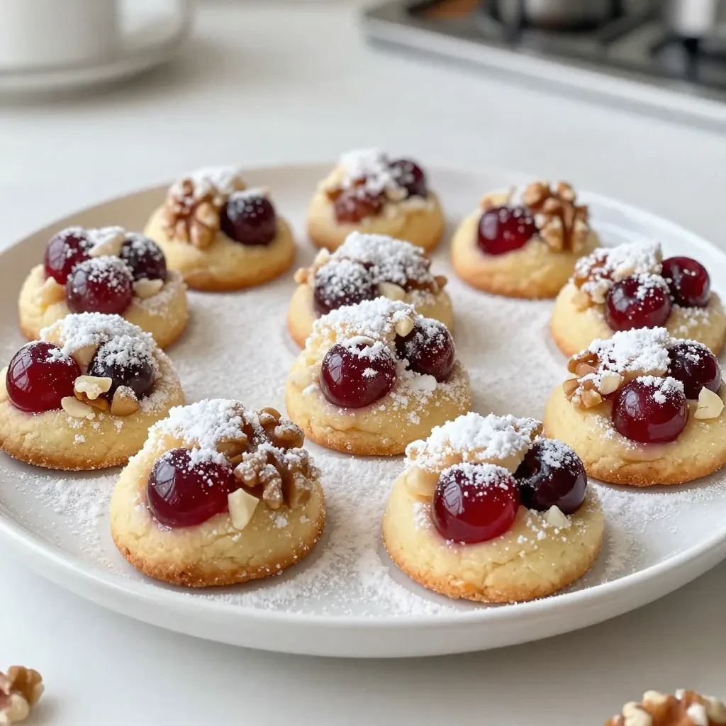 - 1 cup unsalted butter, softened - ½ cup powdered sugar - 1 teaspoon pure vanilla extract - 2 cups all-purpose flour - ½ cup finely chopped walnuts or pecans - ½ teaspoon salt - 1 cup maraschino cherries, drained and chopped - Additional powdered sugar for dusting To make Cherry Snowball Cookies, gather all these ingredients. Start with the butter. Make sure it is soft to mix easily. The powdered sugar adds sweetness and a light texture. Vanilla extract gives a nice flavor. The all-purpose flour helps form the cookie base. Nuts add crunch and flavor. You can use walnuts or pecans based on your taste. The salt balances the sweetness. Maraschino cherries bring a bright, fruity taste. Don't forget extra powdered sugar for rolling the cookies. Each ingredient plays a key role in making these cookies tasty and fun. When you have everything ready, you can start baking. Enjoy the process and the delicious smell in your kitchen! {{ingredient_image_2}} First, preheat your oven to 350°F (175°C). This step warms the oven for even baking. Next, prepare your baking sheet. Line it with parchment paper. This prevents cookies from sticking. In a large bowl, add 1 cup of softened butter and ½ cup of powdered sugar. Use an electric mixer on medium speed. Mix until light and fluffy, which takes about 2-3 minutes. This step adds air to the mixture and helps the cookies rise. Then, add in 1 teaspoon of pure vanilla extract. Mix until fully blended. Now, it's time to add the dry ingredients. Gradually sift in 2 cups of all-purpose flour and ½ teaspoon of salt. Also, add ½ cup of finely chopped walnuts or pecans. Use a spatula or wooden spoon to mix gently. Stir until the dough forms. Be careful not to overmix; this keeps cookies tender. Next, fold in 1 cup of drained and coarsely chopped maraschino cherries. Make sure they are evenly mixed in. This adds a burst of sweet and tart flavor to each bite. Now you are ready to portion the dough. Use a tablespoon or cookie scoop to roll the dough into small balls, about 1 inch wide. Place them on the prepared baking sheet, leaving 2 inches of space between each ball. This allows room for spreading while baking. Bake the cookies for 12-15 minutes. Keep a close watch for a light golden bottom while the tops stay pale. After baking, let them cool on the sheet for about 5 minutes. While warm, roll them in extra powdered sugar for that snowy look. Finally, transfer the cookies to a wire rack to cool completely. For an extra touch, roll them in powdered sugar one last time before serving. Enjoy the sweet and festive flavors of these Cherry Snowball Cookies! Bake your Cherry Snowball Cookies at 350°F (175°C). This temperature gives a nice golden bottom. Keep an eye on your cookies. They need 12 to 15 minutes. The bottoms should be light golden while the tops stay pale. If you leave them too long, they can burn. To get the right dough, mix gently. Overmixing can make the cookies tough. After you add flour, salt, and nuts, use a spatula to stir. Fold in the cherries carefully. This keeps them whole and tasty. The dough should feel soft and not stick to your hands. Want to spice things up? Try adding orange zest for a citrus kick. You can also swap in different nuts like almonds or hazelnuts. If you love chocolate, add mini chocolate chips. Each change makes the cookies unique and fun! Pro Tips Chill the Dough: For a firmer dough that’s easier to roll, refrigerate it for 30 minutes before shaping the cookies. Use Fresh Cherries: For a more vibrant flavor, consider using fresh cherries instead of maraschino cherries, though you may need to adjust the sweetness. Nut Alternatives: If you have nut allergies or preferences, you can substitute the walnuts or pecans with sunflower seeds or omit them entirely. Perfect Baking Time: Keep an eye on the cookies while baking; they should be set but not browned on top for the best texture. {{image_4}} You can change the flavor of Cherry Snowball Cookies easily. Try using different nuts. Pecans or almonds work great. You can also swap maraschino cherries for fresh ones. Just chop them finely. This gives you a fresh taste. You could even add dark chocolate chips for a rich twist. The options are endless. Experiment with what you like best! If you want to make these cookies gluten-free, use a gluten-free flour blend. This works well without changing the taste much. For a vegan version, replace butter with coconut oil. Use a plant-based powdered sugar for rolling. You can also try a flax egg instead of regular eggs if your recipe calls for them. These changes keep the cookies tasty and enjoyable for everyone. Make Cherry Snowball Cookies special for each season. In winter, add a hint of peppermint extract for a festive touch. In spring, try adding lemon zest for a fresh flavor. In summer, you can add berries like blueberries or strawberries for a colorful twist. Autumn calls for spices like cinnamon or nutmeg to warm up the flavors. Adjust your ingredients to match the seasons and your cookies will always feel new and exciting! To keep your Cherry Snowball Cookies fresh, store them in an airtight container. Place parchment paper between layers of cookies to prevent sticking. This helps maintain their shape and texture. Keep the container in a cool, dry place away from sunlight. Avoid storing them in the fridge, as that can make them dry. If you want to save some cookies for later, freezing is easy! 1. Allow the cookies to cool completely after baking. 2. Roll the cooled cookies in powdered sugar. 3. Place them in a single layer on a baking sheet. 4. Freeze for about 1-2 hours until firm. 5. Once frozen, transfer them to a freezer-safe bag or container. 6. Label the bag with the date and type of cookie. When you're ready to enjoy them, pull them out and let them thaw at room temperature. Cherry Snowball Cookies last about one week at room temperature when stored properly. If you freeze them, they stay fresh for up to three months. Just remember, the longer they sit, the more they may lose their soft texture. Enjoy these sweet treats while they are at their best! Yes, you can use fresh cherries. Fresh cherries add a tart flavor. However, they have more moisture. You need to drain and chop them well. Reduce the other liquids in the recipe to balance the dough. Also, you might want to use a bit more sugar for sweetness. Fresh cherries can change the texture, making cookies softer. To make the cookies festive, add sprinkles on top before baking. You can use red and green sprinkles for a holiday vibe. After baking, drizzle melted chocolate over the cookies for a rich touch. You can also serve them on a colorful platter with some whole cherries. Dust the cookies with extra powdered sugar for a snowy look. If your dough is too sticky, chill it in the fridge. This helps firm it up. You can also add a little more flour, one tablespoon at a time. Be careful not to add too much, or the cookies may not taste right. Another tip is to lightly coat your hands with flour when rolling the dough into balls. This keeps it from sticking. This post detailed how to make delicious cookies with butter, sugar, and cherries. You learned to mix the right ingredients and bake them to perfection. Remember the tips for storage and how to freeze your cookies. You can even change the recipe to fit your taste. Try new nuts or make it gluten-free. Baking can be fun and easy. With these steps, you can enjoy fresh cookies anytime! Get creative and make this recipe your own. Enjoy baking!