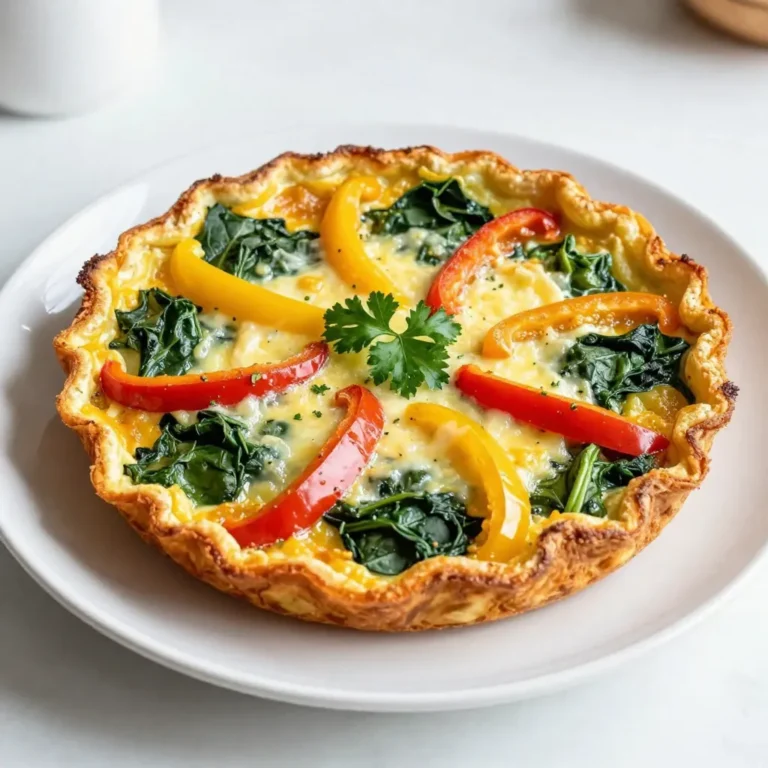 - 3 medium potatoes, peeled and diced - 1 red bell pepper, diced - 1 yellow bell pepper, diced - 1 cup fresh spinach, chopped - 6 large eggs - 1/2 cup milk - 1/2 cup shredded cheese - 2 tablespoons olive oil - 1 teaspoon garlic powder - Salt and pepper to taste - Fresh parsley for garnish (optional) The ingredients for the Potato Pepper Spinach Frittata are simple yet flavorful. You start with three medium potatoes. Make sure to peel and dice them well. Next, you have one red bell pepper and one yellow bell pepper. Dicing these adds color and taste. You also need one cup of fresh spinach. This adds a nice green touch. Six large eggs are crucial for the frittata’s base. The eggs provide protein and richness. Half a cup of milk makes the eggs fluffy and creamy. Don't forget the cheese! Half a cup of your favorite shredded cheese adds a lovely melt. I like cheddar for its sharpness, but mozzarella is great too. You will need two tablespoons of olive oil for sautéing. Garlic powder adds a nice kick. A teaspoon is just enough. Salt and pepper help balance the flavors. Lastly, fresh parsley can brighten your dish. It’s optional but highly recommended. Gather these ingredients for a delightful meal that is easy to make! {{ingredient_image_2}} 1. Preheat your oven to 350°F (175°C). This step is key for baking the frittata. 2. In a large skillet, heat 2 tablespoons of olive oil over medium heat. Add 3 medium potatoes that you have peeled and diced. Stir them for about 8-10 minutes. You want them golden and soft. 3. Now, add 1 diced red bell pepper and 1 diced yellow bell pepper. Cook for another 5 minutes. Stir often until they are tender and smell great. 4. Next, add 1 cup of chopped spinach. Stir until it wilts, about 2 minutes. Then, sprinkle in 1 teaspoon of garlic powder, salt, and pepper to taste. Mix well to blend the flavors. 1. In a bowl, whisk together 6 large eggs and 1/2 cup of milk until smooth. 2. Pour this egg mixture evenly over the veggies in the skillet. Make sure it covers everything well. 3. Now, sprinkle 1/2 cup of shredded cheese on top. Let it cook on the stovetop for about 3-4 minutes. You will see the edges start to set, which is perfect. 4. Carefully move the skillet to your preheated oven. Bake for 15-20 minutes. It should puff up, and the center looks set. Check by inserting a knife in the center; it should come out clean. - How to achieve the perfect frittata texture: For a great texture, cook the frittata slowly. Start on the stovetop, then move to the oven. This method helps the eggs fluff up nicely. - Importance of evenly sautéed vegetables: Even cooking ensures all veggies are tender and tasty. Stir often when sautéing. This helps them cook evenly and blend their flavors well. - Monitoring cooking times for best results: Keep an eye on the clock. Overcooking makes the frittata dry. It should cook for about 15-20 minutes in the oven. Check for doneness with a knife. It should come out clean. - Best garnishes and accompaniments: Fresh parsley adds color and flavor. You can also try a dollop of sour cream or plain yogurt for creaminess. - Pairing options for a complete meal: Frittatas are great with a light salad. A mix of greens, tomatoes, and cucumbers pairs well. You can also serve it with crusty bread for a hearty meal. - Recommended side dishes to serve with the frittata: Consider serving fresh fruit or roasted veggies. These sides add color and balance to the meal. They make the dish more fun and tasty! Pro Tips Choose the Right Potatoes: Use waxy potatoes like Yukon Gold for a creamy texture or starchy potatoes like Russets for a fluffier frittata. Whisk Eggs Thoroughly: Ensure your eggs are well-whisked to create a light and airy frittata. Incorporating air into the eggs will help the frittata rise. Experiment with Vegetables: Feel free to mix in other vegetables such as mushrooms or zucchini for added flavor and nutrition. Cool Before Serving: Allow the frittata to cool slightly before slicing. This makes it easier to cut and helps the flavors meld together. {{image_4}} You can change the cheese in your frittata for more flavor. Cheddar gives a sharp taste, while mozzarella adds a creamy touch. Feel free to mix them too! Want to add more veggies? You can. Try mushrooms, zucchini, or even diced tomatoes. Each will give a new flavor and texture. If you need a dairy-free option, use almond or oat milk instead of regular milk. For cheese, try cashew cheese or a dairy-free cheese blend. These choices will still keep your frittata rich and tasty. If you're vegetarian, this frittata fits right in. You can keep all the veggies and skip any meat. It remains hearty and healthy. For gluten-free eaters, this frittata is great too! Just make sure all your ingredients, like cheese and spices, are gluten-free. Most are, so you can enjoy without worry. Want to cut carbs? You can replace some potatoes with extra spinach or other low-carb veggies. This keeps the frittata light and full of flavor while fitting your diet. To keep your Potato Pepper Spinach Frittata fresh, you must store it right. First, let the frittata cool down to room temperature. Next, place it in an airtight container. This will help keep it moist and tasty. You can keep it in the fridge for up to three days. If you want to save it for longer, freezing is a great option. Cut the frittata into wedges. Wrap each wedge tightly in plastic wrap. Then, place the wrapped slices in a freezer-safe bag. This way, you can enjoy it for up to two months. Reheating your frittata can be tricky. You don't want it to dry out. The best way is to use the oven. Preheat it to 350°F (175°C). Place the frittata on a baking sheet. Cover it with aluminum foil to lock in moisture. Heat for about 10-15 minutes, or until warm. If you're in a hurry, you can use the microwave. Just place a slice on a microwave-safe plate. Cover it with a damp paper towel. Heat it for 30 seconds to 1 minute. Check if it's hot enough, and enjoy! Yes, you can make it ahead of time. Cook the frittata and let it cool. Then, store it in the fridge. You can reheat it later for a quick meal. You can serve it with a light salad. Fresh fruit or toast also works well. For drinks, try a refreshing juice or coffee. A frittata lasts about 3 to 4 days in the fridge. Make sure to store it in an airtight container. This keeps it fresh and tasty. No, they are different. A frittata has more filling and is cooked slowly. An omelet is folded and often cooked quickly. Each dish has its own charm and flavor. In this blog post, I detailed how to make a delicious Potato Pepper Spinach Frittata. We covered all the ingredients you'll need, step-by-step cooking instructions, and tips for perfect results. You also learned about tasty variations and proper storage. This frittata is easy and fun to make. It’s flexible with ingredients, so you can create your version. Enjoy this dish for breakfast, lunch, or dinner. You can impress your family and friends. Happy cooking!