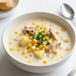 For a hearty Crockpot Chicken Corn Chowder, gather these simple ingredients: - 2 boneless, skinless chicken breasts - 4 cups fresh or frozen corn kernels - 1 medium onion, diced - 2 cloves garlic, minced - 3 medium potatoes, peeled and diced into small cubes - 3 cups chicken broth - 1 cup milk (or coconut milk for a dairy-free version) - 1 teaspoon dried thyme - 1 teaspoon smoked paprika - Salt and black pepper to taste - 1 tablespoon olive oil - 1/4 cup fresh parsley, chopped (for garnish) You can make this chowder fit your needs. Here are some easy swaps: - Chicken: Use turkey or firm tofu for a vegetarian twist. - Milk: Coconut milk works great for a dairy-free option. Almond milk is another choice. - Broth: Vegetable broth can replace chicken broth for a vegetarian version. - Potatoes: Sweet potatoes add a nice flavor and extra nutrients. Quality matters in cooking. Here are some brands I trust: - Chicken Broth: Swanson or Pacific Foods offer rich flavors. - Coconut Milk: Thai Kitchen is creamy and delicious. - Olive Oil: California Olive Ranch provides high-quality oil. - Spices: McCormick spices are always reliable for freshness and flavor. These choices help make your chowder taste just right! Enjoy the cooking process and make it your own. {{ingredient_image_2}} To start, gather all your ingredients. You need two boneless, skinless chicken breasts, four cups of corn, one onion, and two cloves of garlic. You will also need three medium potatoes, three cups of chicken broth, and one cup of milk. Don't forget the dried thyme, smoked paprika, salt, and black pepper. Lastly, have some olive oil and fresh parsley ready for garnish. First, peel and dice the potatoes into small cubes. Next, dice your onion and mince the garlic. This step helps build flavor in your chowder. Now, grab your crockpot. Place the chicken breasts at the bottom. This keeps them moist while cooking. Next, layer the corn and diced potatoes evenly on top of the chicken. In a medium skillet, heat olive oil. Add the diced onion and minced garlic, cooking for about 3-4 minutes until soft. This adds great flavor. Pour this mixture over the layers in the crockpot. Sprinkle in the dried thyme, smoked paprika, salt, and pepper. Now, pour the chicken broth over everything. Ensure the ingredients are well submerged to cook evenly. Cover your crockpot with the lid. Set the temperature to LOW for 6-7 hours or HIGH for 3-4 hours. Cooking it low and slow allows flavors to meld together. In the last hour, take out the chicken breasts. Shred them into bite-sized pieces using two forks. Return the shredded chicken back into the chowder. Finally, stir in the milk or coconut milk. Let the chowder cook for an extra 30 minutes on LOW. Taste it and adjust the seasoning if needed. Your chowder is now ready to serve! Shredding chicken can be simple and quick. After cooking, remove the chicken breasts from the crockpot. Use two forks to pull the meat apart gently. If you want a finer shred, use your hands. Shredding while the chicken is hot makes it easier. Don&rsquo;t worry if it looks a bit messy; that adds to the charm of your chowder. Taste is key in a great chowder. After cooking, taste your dish. You may want to add more salt or pepper. If you like spice, try adding a pinch of cayenne. Fresh herbs, like parsley, can brighten the flavor. Don&rsquo;t be afraid to experiment until it feels just right for you. Serve your chowder warm in rustic bowls. A slice of crusty bread pairs perfectly. You can also add a side salad for some crunch. Another great option is to serve it with tortilla chips for a fun twist. Enjoy your meal with family or friends for a cozy gathering. Pro Tips Use Fresh Ingredients: Whenever possible, opt for fresh corn and potatoes to enhance the flavor and texture of your chowder. Customize the Creaminess: Adjust the thickness of your chowder by varying the amount of milk or coconut milk you add based on your preference. Add Spice: For a kick of heat, consider adding a pinch of cayenne pepper or diced jalape&ntilde;os to the mixture before cooking. Storage Tips: This chowder can be stored in the refrigerator for up to 3 days or frozen for later use. Just reheat gently on the stove. {{image_4}} You can make this chowder even better with extra veggies. Try adding diced carrots or celery for more crunch. You can also toss in some bell peppers. These will add color and flavor. Frozen peas or green beans work well too. Just remember to adjust the cooking time if you add fresh veggies. They may need a bit more time to soften. If you want to make this dish dairy-free, use coconut milk instead of regular milk. It gives a nice, creamy texture and adds a subtle sweetness. Almond milk or oat milk are also great options. They will change the taste a bit but will still be tasty. Just ensure you pick an unsweetened version to keep the flavors in balance. For a kick, add some heat to your chowder. You can mix in diced jalape&ntilde;os or a splash of hot sauce. Chili powder or cayenne pepper also works well. Start with a small amount and taste as you go. This way, you can control the spice level. Enjoy the extra flavor that heat brings to this cozy dish! Store any extra chowder in an airtight container. Let it cool first. Place it in the fridge. It will last for about 3-4 days. Label the container with the date. This helps you keep track of freshness. To reheat, pour the chowder into a pot. Heat it over medium heat. Stir it often to prevent sticking. You can also use the microwave. Place the chowder in a microwave-safe bowl. Heat for 1-2 minutes, stirring halfway. Check that it is hot all the way through. For longer storage, freeze the chowder. Use a freezer-safe container or bag. Leave some space for expansion. It can last for up to 3 months in the freezer. When ready to eat, thaw it overnight in the fridge. Then reheat it on the stove or microwave. This way, your delicious chowder stays ready for any meal! Yes, you can use frozen chicken in this recipe. Just place the frozen chicken breasts at the bottom of the crockpot. They will cook well in the broth. Make sure to adjust cooking time slightly. If using frozen, cook for about 30 minutes longer. The chicken will be tender and easy to shred. The chowder can be stored in the fridge for about 3 to 4 days. Make sure to let it cool before putting it in a container. Use airtight containers to keep it fresh. Reheat on the stove or in the microwave before serving. You can serve several tasty sides with this chowder. Here are some ideas: - Crusty bread for dipping - A fresh salad with greens - Cornbread for a sweet touch - Crackers for a crunchy bite These sides add to the chowder's warm and cozy feel. Enjoy them with your meal! This blog post covered key aspects of making chicken corn chowder. We explored ingredients, cooking steps, and smart tips. You learned how to personalize the chowder with variations and how to store leftovers. Remember, cooking should be fun and tasty. Try different veggies or spices to make it yours. Enjoy this cozy dish and share it with friends. Happy cooking!