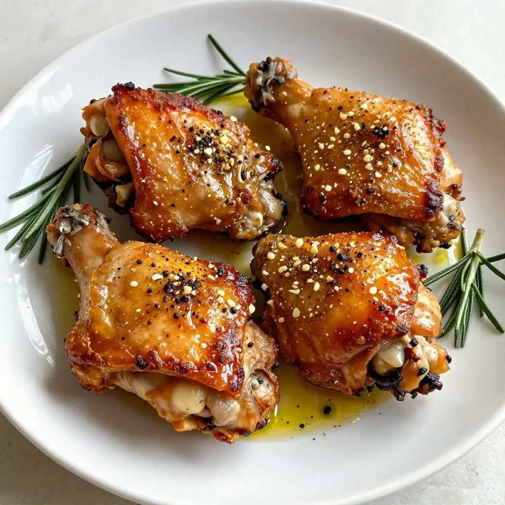 - 4 bone-in, skin-on chicken thighs - 2 tablespoons extra virgin olive oil - 1 teaspoon garlic powder - 1 teaspoon onion powder - 1 teaspoon smoked paprika - 1 teaspoon dried thyme - 1 teaspoon chili powder - Sea salt and freshly cracked black pepper, to taste To make perfect baked chicken thighs, you need a few key items. First, bone-in, skin-on chicken thighs are a must. The skin adds flavor and helps keep the meat juicy. Next, gather your olive oil and spices. Olive oil helps the spices stick and adds richness. The spices I love include garlic powder, onion powder, smoked paprika, dried thyme, and chili powder. Each spice brings its own flavor. Don’t forget sea salt and black pepper; they enhance the dish's taste. - Fresh rosemary sprigs I suggest using fresh rosemary sprigs for garnish. They add a lovely touch and a nice aroma. Plus, they look beautiful on the plate. - Roasted seasonal vegetables - Creamy mashed potatoes or zesty quinoa salad When serving your chicken, consider some tasty sides. Roasted seasonal vegetables pair well and add color. Creamy mashed potatoes bring comfort, while a zesty quinoa salad adds a fresh crunch. Each option complements the chicken well, making your meal complete. {{ingredient_image_2}} 1. Preheating the oven: Start by preheating your oven to 425°F (220°C). This helps cook the chicken evenly and gives it a nice crisp. 2. Patting chicken thighs dry: Take your chicken thighs and pat them dry with paper towels. This is key for getting crispy skin. Moisture will make the skin steam instead of crisp. 1. Mixing the spice rub: In a small bowl, mix together 2 tablespoons of olive oil, 1 teaspoon each of garlic powder, onion powder, smoked paprika, dried thyme, and chili powder. Add sea salt and black pepper to taste. This blend packs a lot of flavor. 2. Applying the rub to chicken thighs: Generously coat the chicken thighs with the spice mixture. Be sure to lift the skin a bit to rub the spices directly on the meat. This step is vital for full flavor throughout. 1. Arranging chicken on the baking sheet: Place the chicken thighs skin-side up on a baking sheet. Use parchment paper for easy cleanup. Make sure to space them out for proper heat circulation. 2. Cooking times and internal temperature: Bake the chicken for 35-40 minutes. Use a meat thermometer to check if it reaches 165°F (75°C) inside. Look for a crispy, golden-brown skin. For extra crisp, you can broil for 2-3 minutes, but watch closely to avoid burning. To get crispy chicken skin, start by patting the chicken dry. Moisture makes skin soggy. Dry skin crisps up better. Use paper towels to soak up any wetness. This simple step makes a big difference. Next, broil the chicken for extra crunch. After baking, switch your oven to broil for 2-3 minutes. Keep an eye on it! The skin will turn golden brown. This adds a nice finish to your dish. Marinating the chicken adds great flavor. You can marinate it for a few hours or overnight. A longer marinate helps the spices soak in. Try adding lemon juice for brightness. You can also experiment with different spices. Consider adding cayenne for heat or honey for a sweet touch. The spice mix can be adjusted based on your taste. Resting the chicken is key. After baking, let it sit for about 5 minutes. This allows the juices to settle. If you skip this, the juices run out when you cut it. When serving, place the chicken on a nice platter. Garnish with fresh rosemary sprigs. They make the dish look pretty and add a nice smell. Pair the chicken with seasonal veggies or creamy mashed potatoes for a complete meal. Enjoy your flavorful creation! Pro Tips Pat Dry for Crispiness: Ensure your chicken thighs are completely dry before seasoning. This helps achieve that coveted crispy skin during baking. Marinate for More Flavor: For an even richer taste, consider marinating the chicken in the spice rub for a few hours or overnight in the refrigerator. Check Internal Temperature: Always use a meat thermometer to check that the internal temperature of the chicken reaches 165°F (75°C) for safe consumption. Rest Before Serving: Allow the chicken to rest for at least 5 minutes after baking. This helps the juices redistribute, making the meat more tender and juicy. {{image_4}} You can easily change the taste of baked chicken thighs. If you love spice, try adding jalapeño or cayenne. These peppers can make your dish hot and bold. Just mix them in with the spices before rubbing them on the chicken. For a sweet touch, use honey or maple syrup. This gives the chicken a nice glaze. The sweet and savory mix makes every bite enjoyable. Brush this on right before the last few minutes of cooking for a sticky finish. Baking isn't the only way to cook chicken thighs. You can use an air fryer for a faster option. The air fryer makes the skin crispy and the meat juicy. Just set it to 400°F and cook for about 25-30 minutes. Grilling is another fun method, especially in summer. The smoke adds a deep flavor. Cook the thighs on medium heat for about 6-7 minutes on each side. This method will give you those lovely grill marks too. If you need a gluten-free dish, this recipe works well. All the spices listed are gluten-free, making it easy to enjoy. Just double-check your seasonings to be safe. For those on a low-carb diet, chicken thighs are a great choice. You can serve them with non-starchy veggies instead of carbs. Roasted broccoli or cauliflower pairs nicely for a healthy meal. After cooking, let your chicken thighs cool down. This helps keep them juicy. Place them in a shallow container. Seal it tightly with a lid or plastic wrap. Store the chicken in the refrigerator. It will stay fresh for about 3 to 4 days. When you're ready to eat, simply reheat them in the oven or microwave. This way, you keep the taste and texture. Freezing is a great option if you have extra chicken. First, let the thighs cool completely. Then, wrap each thigh in plastic wrap tightly. After that, place them in a freezer-safe bag. Make sure to remove as much air as possible. Label the bag with the date. To reheat, thaw in the fridge overnight. Bake in the oven at 375°F (190°C) until they reach 165°F (75°C). In the fridge, chicken thighs last about 3 to 4 days. If you freeze them, they stay good for about 4 to 6 months. They might lose some texture over time, but they will still taste good. Always check for any signs of freezer burn before cooking. Proper storage keeps your baked chicken thighs tasty and safe to eat. Bake chicken thighs for 35 to 40 minutes at 425°F. Thicker thighs may need extra time. Always check the meat's thickness. Chicken should reach 165°F for safety. For best results, start checking at 35 minutes. Yes, you can use boneless chicken thighs. They cook faster than bone-in ones. Reduce the cooking time to 25 to 30 minutes. Keep an eye on the internal temperature to avoid drying out. Check if the chicken thighs reach 165°F with a meat thermometer. Look for clear juices running from the meat. The skin should be crispy and golden brown. If unsure, cut into the thickest part; there should be no pink meat. In this blog post, we covered how to cook perfect, crispy chicken thighs. We looked at essential ingredients like chicken, olive oil, and spices. I shared tips for seasoning and baking to get great flavor and texture. You learned about tasty side dishes and how to store leftovers properly. Experiment with different flavor profiles and cooking methods to keep meals fun. These methods will not only satisfy your cravings but also help you create tasty meals for your family and friends. Enjoy your cooking journey!