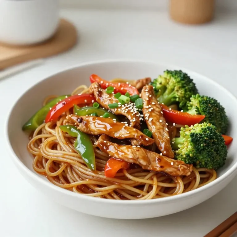 - 300g chicken breast, thinly sliced into strips - 200g egg noodles - 1 red or yellow bell pepper, sliced into thin strips - 1 cup broccoli florets - 2 cloves garlic, finely minced - 2 tablespoons fresh ginger, grated - 3 tablespoons soy sauce - 2 tablespoons honey - 1 tablespoon sesame oil - 1 tablespoon vegetable oil - 1 teaspoon cornstarch mixed with 2 tablespoons water (to form a slurry) - Salt and freshly cracked black pepper, to taste - Sliced mushrooms for earthiness - Snap peas for a fresh crunch - Carrots for sweetness and color These ingredients add depth to your dish. They can make the stir fry even more vibrant and tasty. - 2 green onions, chopped - 1 tablespoon sesame seeds Chopped green onions add a fresh bite. They also offer a nice pop of color. Sesame seeds give a nutty flavor and a lovely crunch. You can also add a lime wedge. It will brighten the dish and enhance the flavors. {{ingredient_image_2}} First, cook the egg noodles. Boil water in a pot and add the noodles. Cook them until they are al dente, about 3-4 minutes. Drain the noodles and set them aside. Timing is key; while the noodles cook, you can prepare the chicken and veggies. In a large skillet, heat vegetable oil over medium-high heat. Once the oil is hot, add the thinly sliced chicken. Season it with salt and pepper. Cook the chicken for 5-7 minutes. Look for a nice golden color. When fully cooked, move the chicken to a plate and keep it warm. In the same skillet, add minced garlic and grated ginger. Let them sauté for about 30 seconds. Stir continuously to avoid burning. You want to release their wonderful aromas. This step adds depth to your dish. Next, add the sliced bell pepper and broccoli florets to the skillet. Stir-fry them for 3-4 minutes. You want them tender but still crisp. Their bright colors will make the dish pop and add nutrition. Now, return the cooked chicken to the skillet. In a bowl, mix soy sauce, honey, and sesame oil. Pour this sauce over the chicken and veggies. Stir everything together to coat well. This will enhance the flavors and meld the ingredients. To thicken the sauce, introduce the cornstarch slurry. Stir it into the skillet and cook for another 2-3 minutes. The sauce will become thick and glossy. This step ensures the sauce clings to every bite. Finally, add the cooked egg noodles to the skillet. Toss everything together until the noodles are fully coated in sauce. Taste and adjust seasoning if needed. Remove from heat and serve hot. Garnish with chopped green onions and sesame seeds for a beautiful finish. Enjoy your meal! To create a great stir fry, focus on high heat. Use a wok or large skillet for even cooking. Cut your chicken and veggies into small, uniform pieces. This helps them cook evenly. Always prep your ingredients before cooking. Stir-frying is fast, so you need to be ready. Caramelization happens when you cook sugars. In this dish, honey helps with that. Start with hot oil in your skillet. Add the chicken and let it sit for a moment before stirring. This way, it gets a nice sear. Once you add your sauce, cook it until it thickens. This will give your chicken a shiny, sweet glaze. Don’t overcrowd the pan. If your skillet is too full, the heat drops. This leads to steaming instead of frying. Also, don’t rush the cooking of garlic and ginger. They need just a bit of time to bring out their flavors. Lastly, taste the dish as you cook. Adjust salt and pepper to your liking. A sturdy wok is best for stir frying. It holds heat well and allows for quick cooking. A good spatula or wooden spoon helps you toss the ingredients easily. A cutting board and sharp knife are necessary for chopping. Lastly, have a bowl handy for your sauce mixture. This keeps everything organized as you cook. Pro Tips Marinate for Flavor: For an even deeper flavor profile, consider marinating the chicken in the soy sauce, honey, and ginger for at least 30 minutes before cooking. Veggie Variations: Feel free to swap in your favorite vegetables or whatever you have on hand, such as snap peas, carrots, or bok choy, to customize the dish. Cooking Noodles: Make sure not to overcook the egg noodles; they should be slightly undercooked as they will continue to cook when added to the stir fry. Serving Suggestions: Serve the stir fry with a side of lime wedges for an extra burst of freshness and a drizzle of chili oil for heat, if desired. {{image_4}} You can easily make this dish vegetarian or vegan. Swap the chicken for tofu or tempeh. Both options soak up flavors well. Use the same marinade for a tasty treat. You can also try seitan for a meaty texture. Replace egg noodles with rice noodles for a vegan twist. This recipe is flexible with proteins. You can use shrimp, beef, or pork. Each choice gives a unique taste. For fish lovers, salmon fillets work great too. Just cook them until flaky. This way, you can enjoy various flavors and textures. Feel free to add more veggies for color and crunch. Snap peas, carrots, and zucchini are excellent options. Mushrooms add a savory depth. Try adding baby corn or bok choy for extra flair. The more veggies, the better the nutrition and flavor! You can spice up the dish easily. Add red pepper flakes for heat. A splash of lime juice brightens the flavors. For a sweet twist, use pineapple chunks. For a unique taste, try adding hoisin sauce or oyster sauce. Each twist makes this meal exciting! To keep your caramelized chicken stir fry noodles fresh, store them in an airtight container. Make sure the noodles cool completely before sealing. This helps prevent moisture buildup, which can lead to soggy noodles. Use the leftovers within three days for the best taste. When you are ready to enjoy the leftovers, reheat them gently. Use a skillet over medium heat. Add a splash of water or broth to keep the noodles moist. Stir occasionally until everything is heated through. This method helps maintain the noodles' texture and flavor. If you want to freeze your stir fry, do so right after cooking. Allow it to cool completely, then portion it into freezer-safe bags. Squeeze out the air before sealing. For best quality, use within one month. When ready to eat, thaw it in the fridge overnight. Reheat in a skillet for a quick meal. You can use coconut aminos instead of soy sauce. This will give a sweet and salty taste. Another option is to use broth with spices like garlic and ginger for flavor. You can add a splash of vinegar for acidity, too. Egg noodles are great for this dish. They soak up sauce well and cook quickly. You can also try rice noodles if you want a gluten-free option. Whole wheat noodles add a nice texture and flavor. Yes! This dish is perfect for meal prep. Cook everything and let it cool. Store it in airtight containers. You can keep it in the fridge for up to four days. Just reheat when ready to eat. To make this dish gluten-free, use gluten-free soy sauce or coconut aminos. Swap egg noodles for rice noodles. Check all other ingredients for gluten, like broth or sauces. This way, you can enjoy the flavors without worry. Serve it with a side of steamed vegetables for added nutrients. A fresh salad with sesame dressing also pairs well. If you want more carbs, try serving it with jasmine rice. This adds a nice balance to the meal. This blog post explored making caramelized chicken stir fry noodles. We discussed the best ingredients, the steps to perfect cooking, and tips for great flavor. You learned how to customize with different proteins and vegetables. We also covered storage and reheating for leftovers. In your kitchen, you can now create this tasty dish with ease. Enjoy experimenting and developing your own variations. Trust these methods to help you achieve a delicious meal every time.