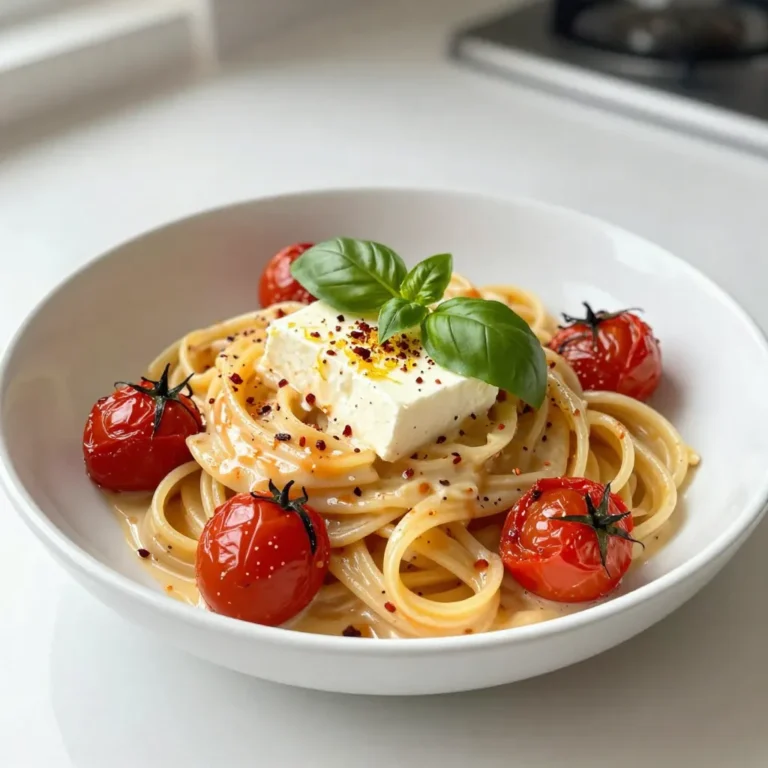 - 1 block (200g) feta cheese - 2 cups cherry tomatoes, halved - 3 cloves garlic, minced These main ingredients form the heart of this dish. Feta cheese gives a creamy and tangy flavor. The cherry tomatoes burst with sweetness when roasted. Garlic adds depth and aroma, making this pasta dish truly irresistible. - 1 teaspoon dried oregano - 1/4 teaspoon red pepper flakes (adjust according to your spice preference) - 3 tablespoons olive oil Using dried oregano brings a Mediterranean touch. Red pepper flakes add just the right amount of heat. Olive oil helps everything blend together, making the dish rich and smooth. - 12 oz (340g) pasta of your choice (spaghetti, penne, etc.) - Fresh basil leaves, for garnish - Zest of 1 lemon The pasta acts as a perfect base for the sauce. Fresh basil leaves add a pop of color and flavor. A sprinkle of lemon zest brightens the dish, giving it a fresh finish. {{ingredient_image_2}} - Preheat the oven to 400°F (200°C). This is key for cooking the feta and tomatoes just right. - Grab a medium-sized baking dish. Place the block of feta cheese in the center. Surround it with the halved cherry tomatoes. Evenly spread them out for the best roasting. - Sprinkle minced garlic over the feta and tomatoes. This adds great flavor. - Next, add dried oregano and red pepper flakes. Then, drizzle 3 tablespoons of olive oil over everything. Finish with salt and pepper to taste. - Place the baking dish in the oven. Bake for about 30 minutes. The feta should turn golden, and the tomatoes will blister and release juices. - While the feta and tomatoes bake, fill a large pot with salted water and bring it to a boil. - Cook your pasta according to the package instructions until it's al dente. Drain it but save about 1 cup of the pasta water. This water helps adjust the sauce later. To make your dish pop, adjust the spice levels. If you love heat, add more red pepper flakes. Start with a little and taste as you go. This keeps the dish balanced and fun. I also love adding freshness with lemon and basil. The zest from one lemon brightens the whole dish. It adds a zing that pairs well with the creamy feta. Fresh basil leaves bring a lovely aroma. Just tear them and mix them in before serving. Getting the perfect pasta texture is key. Cook your pasta until it is al dente. This means it should be firm but not hard. Make sure to taste it a minute or two before the time is up. Roasting the feta and tomatoes enhances their flavor. The tomatoes burst and become sweet. The feta turns creamy and rich. Bake them until they are golden and bubbly. This adds depth to your dish. For a beautiful presentation, serve the pasta in shallow bowls. This makes it look fancy and inviting. Add a few extra basil leaves on top for color. A sprinkle of cracked black pepper adds a nice touch too. Pair your pasta with a side salad or a glass of white wine. A light, crisp drink works well. It balances the richness of the dish. Enjoy your meal and impress your friends! Pro Tips Choose Your Pasta Wisely: Opt for pasta shapes with ridges or holes, like penne or fusilli, to help catch the creamy feta-tomato sauce, ensuring every bite is flavorful. Use High-Quality Feta: For the best flavor, select a good quality feta cheese. Greek feta made from sheep's milk will add a rich, tangy flavor that elevates the dish. Customize the Spice Level: Feel free to adjust the amount of red pepper flakes according to your personal heat preference. You can also add a pinch of smoked paprika for a subtle smokiness. Fresh Herbs for the Win: To enhance the freshness of the dish, use fresh herbs like parsley or mint alongside basil. This adds complexity and brightness to the overall flavor profile. {{image_4}} You can change the feta cheese if you want. Try goat cheese for a tangy taste. Cream cheese also works well for a creamy texture. Feel free to swap out cherry tomatoes too. You can use diced regular tomatoes or even sun-dried tomatoes. These will add different flavors to your dish. If you need gluten-free pasta, use rice or chickpea pasta. These options taste great and keep the dish light. For vegan variations, skip the feta cheese. Use a plant-based cheese or nutritional yeast instead. This gives you a cheesy flavor without dairy. Add proteins to make it heartier. Cooked chicken or shrimp pairs nicely with the feta and tomatoes. Just toss them in with the pasta for extra flavor. You can also experiment with herbs. Try fresh thyme or parsley for a different twist. Adding spices like smoked paprika can give your dish a fun kick. To keep your feta tomato pasta fresh, store leftovers in the fridge. Place the pasta in an airtight container. This helps to prevent moisture loss and keeps flavors intact. If you don’t have an airtight container, use plastic wrap tightly over a bowl. Make sure it’s covered well. Leftovers can stay fresh for about three days. When you're ready to enjoy leftovers, you can reheat them easily. The best method is to use the stove. Just add the pasta to a pan over medium heat. Stir in a splash of water or olive oil to keep it moist. Heat until warm. You can also use a microwave. Place the pasta in a microwave-safe dish and cover it. Heat in 30-second intervals, stirring in between. This helps to warm it evenly while keeping the flavor and texture. You can freeze this pasta dish if you want to save it for later. Freezing the entire dish works best. Let it cool completely before placing it in a freezer-safe container. Make sure to leave some space at the top for expansion. When you're ready to eat, thaw it overnight in the fridge. Reheat it on the stove or microwave as explained above. If you freeze just the pasta, it may get mushy when reheated. Keeping the sauce and pasta together helps maintain the perfect texture. If you can't find feta cheese, try these options: - Goat cheese: It’s tangy and creamy. - Ricotta cheese: This will add a light and fluffy texture. - Cream cheese: It will create a rich and smooth sauce. - Cottage cheese: Use this for a lower-fat option with a mild taste. Each cheese brings its own flavor. You can adjust the recipe based on your choice. Yes, you can prepare this dish ahead of time. Here’s how: - Cook the pasta: You can cook it earlier and store it separately. - Baked feta and tomatoes: Bake and let it cool before storing. - Storage tips: Keep the pasta and sauce in airtight containers in the fridge. When ready to eat, just reheat both parts and mix them together. Check for these signs: - Feta cheese: It should be golden brown on top. - Tomatoes: Look for blistered skin and soft texture. These cues show that the flavors have melded well together. Enjoy the creamy sauce! This blog post shared a tasty pasta recipe featuring feta cheese, cherry tomatoes, and garlic. We explored the key ingredients, best cooking steps, and helpful tips. You learned how to adjust flavors, try variations, and store leftovers. Remember, cooking should be fun and creative. Don't be afraid to experiment. Enjoy your pasta journey with fresh flavors and unique twists!