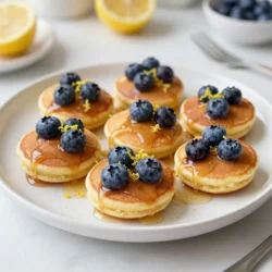 - 1 cup all-purpose flour - 2 tablespoons granulated sugar - 2 teaspoons baking powder - 1/2 teaspoon salt - 1 large egg - 1 cup milk (whole or 2%) - 2 tablespoons unsalted butter, melted - Zest of 1 lemon (about 1 teaspoon) - 1 tablespoon fresh lemon juice - 1 cup fresh blueberries - Maple syrup, for drizzling - Additional lemon zest for garnish Gathering the right ingredients is key to making Blueberry Lemon Pancake Bites. Start with your dry ingredients. Use one cup of all-purpose flour. Add two tablespoons of granulated sugar, two teaspoons of baking powder, and half a teaspoon of salt. This mix gives the bites their base. Next, we need the wet ingredients. Crack one large egg into a bowl. Add one cup of milk, either whole or 2%. Then, mix in two tablespoons of melted unsalted butter. For bright flavor, add the zest of one lemon and one tablespoon of fresh lemon juice. Finally, it&rsquo;s time for the add-ins. Use one cup of fresh blueberries. If you need to, frozen blueberries work, but thaw and drain them first. You can drizzle some maple syrup on top when serving. For a touch of color, add extra lemon zest as a garnish. These ingredients blend together to create a tasty, fluffy treat that everyone will love! {{ingredient_image_2}} - Preheat the oven to 375&deg;F (190&deg;C). - Grease a mini muffin tin. - In a large bowl, combine the dry ingredients. - Use all-purpose flour, sugar, baking powder, and salt. - In a separate bowl, mix the wet ingredients. - Beat the egg until frothy, then add milk, butter, lemon zest, and lemon juice. - Stir until everything is well combined. - Pour the wet mix into the dry mix. - Gently combine with a spatula. Don't overmix; some lumps are fine. - Carefully fold in the fresh blueberries. - Use a spatula to keep them intact. - Fill each cup of the mini muffin tin about 2/3 full with batter. - Place the muffin tin in the oven. - Bake for 12-15 minutes. - Check for a golden brown color and a clean toothpick. - Cool in the pan for 5 minutes, then transfer to a wire rack. Do not overmix the batter. When you combine wet and dry ingredients, stir gently. Lumps are okay; they help keep your pancake bites fluffy. Overmixing makes them tough and chewy. To check for doneness, look for golden brown edges. Insert a toothpick into a bite. If it comes out clean, they are ready. If the toothpick has batter, bake for a few more minutes. Serve the pancake bites warm on a bright platter. This makes them look fun and inviting. Drizzle warm maple syrup on top for added flavor. A sprinkle of extra lemon zest adds a nice touch and makes it pop. You can swap blueberries for other fruits. Try raspberries, strawberries, or even chopped apples. Each fruit brings a new taste. For dairy-free options, use almond milk or oat milk instead of regular milk. You can also use a dairy-free butter substitute. For gluten-free bites, swap the all-purpose flour for a gluten-free blend. Pro Tips Fresh Blueberries: Using fresh blueberries will enhance the flavor and texture of your pancake bites. If using frozen, ensure they are fully thawed and drained to avoid excess moisture in the batter. Lemon Zest Boost: For a stronger lemon flavor, feel free to add a bit more lemon zest. It brightens the taste of the pancakes and complements the blueberries beautifully. Don&rsquo;t Overmix: Mix the wet and dry ingredients until just combined. A few lumps are okay! Overmixing can lead to dense pancake bites instead of light and fluffy ones. Serving Suggestions: These pancake bites are fantastic on their own, but you can also serve them with whipped cream, yogurt, or a sprinkle of powdered sugar for an extra treat! {{image_4}} You can change the flavor of these pancake bites easily. Adding spices like cinnamon or nutmeg gives warmth and depth. Just a pinch can make a big impact. You can also try other citrus fruits. Oranges or limes can add a fresh twist. Experiment and find your favorite mix! If you need a vegan option, you can swap the egg and milk. Use a flax egg made from ground flaxseed and water. Almond or oat milk works well too. For a low-sugar version, cut back on the sugar or use a sugar substitute. This makes the bites tasty and friendly for many diets. These pancake bites are great for any time of day. Serve them for breakfast, a quick snack, or even dessert. You can add fun toppings too! Try yogurt, fresh fruit, or even whipped cream. Drizzle chocolate sauce for a sweet treat. The options are endless, so get creative! To keep your Blueberry Lemon Pancake Bites fresh, store them in a cool place. If you plan to eat them within two days, you can leave them at room temperature. Just place them in an airtight container to avoid drying out. For longer freshness, put them in the refrigerator. In the fridge, they can last up to five days. Make sure to wrap them well or use a sealed container. This keeps them moist and tasty. If you want to save pancake bites for later, freezing is the best option. After they cool completely, place them in a single layer on a baking sheet. Freeze for about an hour until firm, then transfer them to a freezer bag. Remove as much air as possible to prevent freezer burn. They can last up to three months in the freezer. When you're ready to eat them, reheat them in the oven or microwave. For the oven, preheat to 350&deg;F (175&deg;C) and bake for about 10 minutes. If using the microwave, heat for 20-30 seconds at a time until warm. The shelf life of stored pancake bites varies by storage method. At room temperature, they are best eaten within two days. In the fridge, they stay fresh for about five days. If frozen, they can last up to three months. Always check for any signs of spoilage before consuming, just to be safe! You can use frozen blueberries if fresh ones are not available. Just make sure to thaw and drain them first. You can also try other berries, like raspberries or chopped strawberries, for a fun twist. Mix and match to find your favorite flavor! To make blueberry lemon pancake bites gluten-free, swap the all-purpose flour for a gluten-free blend. Many brands offer all-purpose gluten-free flour that works well in baking. Just ensure it has xanthan gum for better texture. Yes, you can! Make the pancake bites and store them in an airtight container. They stay fresh in the fridge for up to three days. This makes breakfast quick and easy on busy mornings. Reheat pancake bites in the microwave for about 10-15 seconds. You can also warm them in the oven at 350&deg;F (175&deg;C) for about 5 minutes. This will keep them soft and tasty, just like when they were fresh out of the oven. Yes, flavored yogurt can replace milk. It will add a unique taste to your pancake bites. Just make sure to choose a yogurt you enjoy, as the flavor will come through in the final dish. These pancake bites are simple and fun to make. We mixed dry and wet ingredients, added berries, and baked them to perfection. You can customize these with various fruits or flavors. Remember to store them right for the best taste. Whether for breakfast or a snack, they&rsquo;re sure to please. Enjoy experimenting with different toppings and variations. You'll find your favorite way to enjoy these delightful treats. Happy baking!