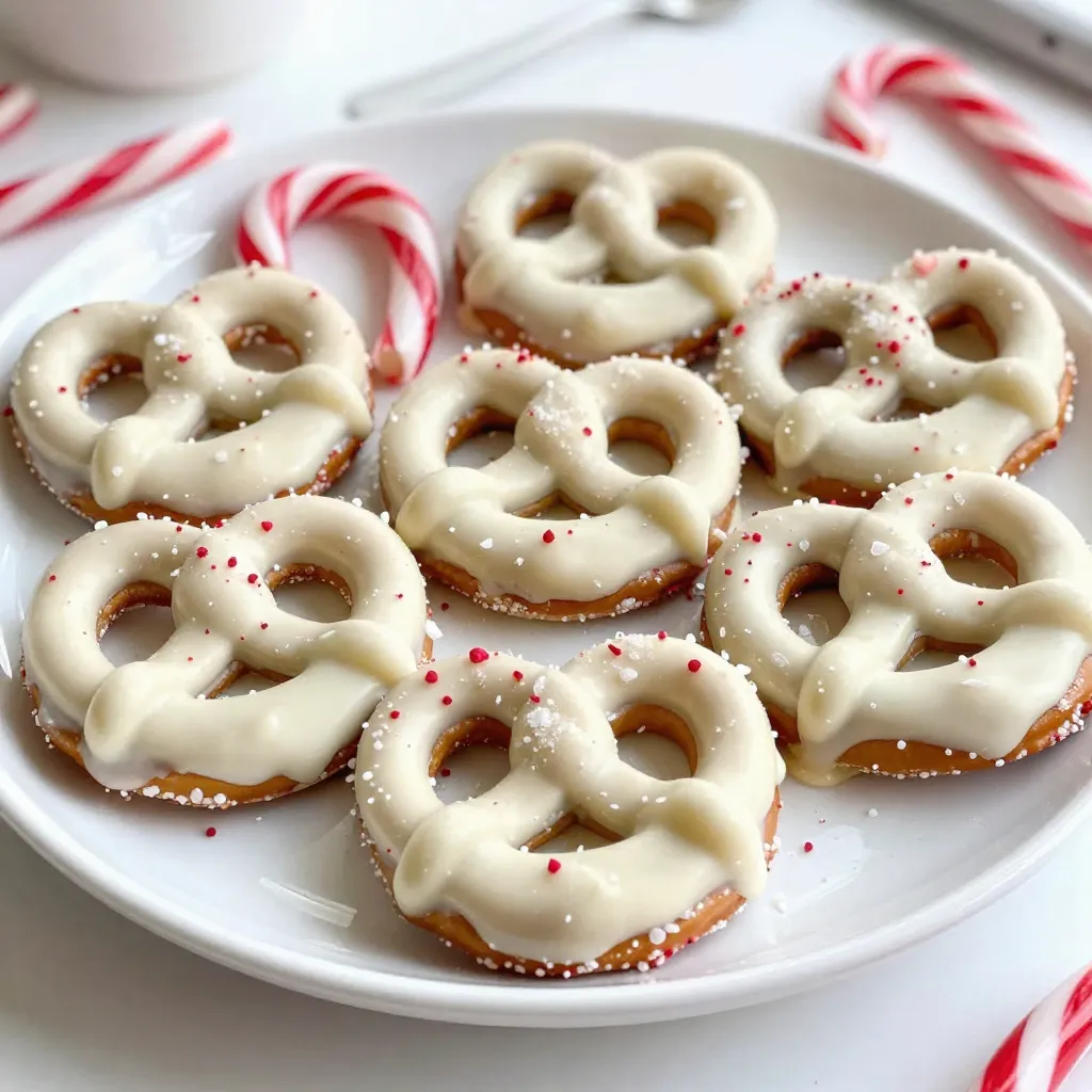 Here’s what you need to make White Chocolate Peppermint Pretzel Crisps: - 6 cups pretzel crisps (choose salted or unsalted based on preference) - 1 cup white chocolate chips - 1 teaspoon coconut oil (or use vegetable shortening) - 1/2 teaspoon pure peppermint extract - 1/2 cup crushed candy canes (for a delightful garnish) - A sprinkle of sea salt (optional, for added flavor) You can swap out some ingredients if needed: - Use dark chocolate chips instead of white chocolate for a richer taste. - If you don’t have coconut oil, vegetable shortening works well too. - For a different flavor, try using almond extract instead of peppermint. - Crushed cookies can replace crushed candy canes if you prefer a cookie crunch. Select high-quality items for the best taste: - Choose a good brand of white chocolate chips. Real chocolate melts better than cheap versions. - Use pure peppermint extract for the best flavor. Avoid imitation extracts. - Fresh candy canes give a brighter taste and a nice crunch. - If possible, buy pretzels made from organic ingredients for a healthier snack. {{ingredient_image_2}} Start by preheating your oven to 200°F (95°C). This low heat helps set the chocolate. Next, line a baking sheet with parchment paper. This keeps the pretzels from sticking. You can use salted or unsalted pretzel crisps. Choose based on your taste. In a microwave-safe bowl, add 1 cup of white chocolate chips and 1 teaspoon of coconut oil. The coconut oil helps the chocolate melt smoothly. Microwave the mixture on medium heat. Do this in 30-second bursts, stirring after each time. Keep microwaving until the chocolate is fully melted and creamy. Then, add 1/2 teaspoon of pure peppermint extract to the melted chocolate. Stir well to mix the flavors. This step adds a fresh and festive touch to your treat. Now, take each pretzel crisp and dip it into the white chocolate. Make sure to coat it well. Use a fork to lift each one out. Shake off any extra chocolate before placing it back on the baking sheet. Arrange the coated pretzels in a single layer on the parchment paper. This spacing helps them not stick together. While the chocolate is still wet, sprinkle crushed candy canes over each pretzel. This gives them a nice crunch and a pop of color. If you want, add a tiny pinch of sea salt on top. This boosts the flavor, making it sweet and salty. Place the baking sheet in the oven for about 10 to 15 minutes. This helps the chocolate harden fully. After that, take the baking sheet out and let the pretzel crisps cool completely before serving. Enjoy your festive treat! To get the best results, dip your pretzel crisps with care. First, always make sure the chocolate is smooth and warm. This will help it coat the pretzels evenly. Use a fork to dip each pretzel. Make sure to cover all sides. Lift it out slowly, letting excess chocolate drip off. This keeps your pretzels from being too messy. If you want your pretzel crisps sweeter, add more white chocolate chips. For a stronger mint taste, increase the peppermint extract. Just remember, a little goes a long way. You can even try adding a pinch of sea salt on top. This mix of sweet and salty makes each bite special. A smooth coating is key to a tasty treat. Start by mixing coconut oil with your chocolate chips. This gives a shine and helps it flow better. When melting, do it in short bursts in the microwave. Stir each time to avoid burning. If you notice lumps, keep stirring until it's creamy. This smooth chocolate makes your pretzels look great and taste even better. Pro Tips Choose Your Pretzels: Opt for salted pretzel crisps for a delightful sweet-salty combination, or unsalted if you prefer the chocolate flavor to shine through. Perfect Chocolate Consistency: Ensure the white chocolate is melted smoothly by stirring well after each microwave interval to prevent burning and achieve a creamy texture. Crushed Candy Canes: For the best crunch, crush your candy canes just before using them. This keeps them fresh and ensures they maintain their texture when sprinkled on the pretzels. Cooling Time: Allow the pretzels to cool completely on the baking sheet before serving to ensure the chocolate has fully set and avoids melting during handling. {{image_4}} You can switch the white chocolate for dark or milk chocolate. Each type adds its own taste. Dark chocolate gives a rich flavor, while milk chocolate is sweet and creamy. You can even try flavored chocolates, like caramel or hazelnut. These choices let you create a new twist on a classic treat. While crushed candy canes are great, you have many options. Try using chopped nuts for a crunchy bite. You can also sprinkle mini marshmallows for a fun twist. If you want a fruity touch, add dried fruit bits. Each garnish changes the look and taste of your pretzel crisps. For winter holidays, keep the peppermint theme. For Easter, use pastel sprinkles and white chocolate. In the fall, add pumpkin spice to the chocolate for a cozy flavor. For Halloween, use orange and black sprinkles to make them festive. These seasonal changes let you enjoy the treat all year round. To keep your White Chocolate Peppermint Pretzel Crisps fresh, store them in an airtight container. This container keeps moisture out and helps maintain their crunch. You can place wax paper between layers to prevent sticking. If you have extra room, consider using a glass jar. Glass jars are fun and help you see the treats inside. When stored properly, these pretzel crisps can last for about two weeks. After that, they may become stale. If you notice they lose their crunch, you can try to refresh them in a low oven for a few minutes. Always check for any changes in smell or look before eating. You can freeze these pretzel crisps for longer storage. Place them in a freezer-safe bag, removing as much air as possible. They can last up to three months in the freezer. To enjoy, simply take out the amount you want and let them thaw at room temperature. You can also reheat them briefly to restore their crispness. To make these pretzel crisps vegan, swap white chocolate chips with dairy-free chocolate. Look for brands that use coconut or almond milk instead of dairy. You can also replace coconut oil with a vegan-friendly option, like avocado oil. This keeps the creamy texture and allows you to enjoy the same festive flavors without dairy. Yes, you can use dark chocolate instead of white chocolate. Dark chocolate gives a richer taste. It pairs well with peppermint and adds depth to the flavor. If you choose dark chocolate, keep an eye on the sweetness level. You may want to adjust the amount of crushed candy canes to balance the flavors. For serving, arrange the pretzel crisps on a festive platter. You can also package them in clear treat bags for gifts. Tie them with colorful ribbons for a cheerful touch. These treats are great for holiday parties or as a sweet snack anytime. They look great and taste even better! You can find ready-made White Chocolate Peppermint Pretzel Crisps in many stores during the holiday season. Check local grocery stores or specialty candy shops. Online retailers also offer them, so you can order directly to your door. Look for brands that focus on quality ingredients for the best taste. You now know how to make White Chocolate Peppermint Pretzel Crisps from scratch. We covered the ingredients, step-by-step instructions, and helpful tips. Adding your own twists is easy with different chocolates and garnishes. Proper storage keeps them fresh for longer. These treats are perfect for any occasion. You can impress friends and family with your skills. Enjoy making and sharing these delightful snacks!