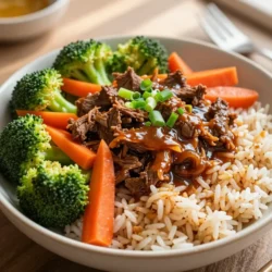 - 2 lbs lean beef chuck roast - 1 cup low-sodium soy sauce - 1/2 cup honey or maple syrup - 1/4 cup rice vinegar - 4 cloves garlic, minced - 1 tablespoon ginger, freshly grated - 2 green onions, chopped (plus additional for garnish) - 1 carrot, julienned - 1 bell pepper (your choice of color), sliced into strips - 1 cup broccoli florets - 1 teaspoon red pepper flakes - 1 teaspoon cornstarch mixed with 1 tablespoon water - Cooked brown rice or quinoa for serving The recipe has simple and healthy ingredients. The beef chuck roast is a great choice. It becomes tender and flavorful in the crockpot. Low-sodium soy sauce keeps the dish healthy. Honey or maple syrup adds natural sweetness. Rice vinegar brightens the flavors. Fresh garlic and ginger give the dish warmth and depth. Green onions add a nice crunch. Carrots, bell peppers, and broccoli provide bright colors and nutrients. You can adjust the spice level with red pepper flakes. Cornstarch is optional to thicken the sauce. Serve it over brown rice or quinoa for a complete meal. This recipe is flexible. You can swap in your favorite veggies. Try different proteins like chicken or tofu for variety. Enjoy the process of cooking and make it your own! {{ingredient_image_2}} To start, grab a large mixing bowl. Add these ingredients: - 1 cup low-sodium soy sauce - 1/2 cup honey or maple syrup - 1/4 cup rice vinegar - 4 cloves garlic, minced - 1 tablespoon ginger, freshly grated - 1 tablespoon sesame oil - 2 green onions, chopped - 1 teaspoon red pepper flakes (optional) Whisk these together until smooth. Make sure there are no lumps. This sauce will coat the beef and bring it to life. Next, take your trimmed beef chuck roast. Place it in the crockpot. Pour the sauce over it evenly. Make sure every part of the beef is coated. Then, it&rsquo;s time for the veggies. Add: - 1 carrot, julienned - 1 bell pepper, sliced into strips - 1 cup broccoli florets Spread the vegetables around the beef. This helps them cook evenly. You have two choices for cooking time. For low, cook for 6-8 hours. If you choose high, cook for 4-5 hours. The beef should be tender. Use a fork to check. If it shreds easily, it&rsquo;s ready. If you want a thicker sauce, remove the roast once it's done. Mix 1 teaspoon of cornstarch with 1 tablespoon of water. Stir this into the sauce in the crockpot. Cook on high for another 10 minutes to thicken it up. Finally, shred the beef and mix it back in, ensuring it's well coated. To make this dish your own, tweak the flavors. You can add more honey or maple syrup for sweetness. If you like it spicy, add more red pepper flakes. Taste the sauce before cooking. Adjust it to suit your palate. Shredding beef can be tricky. To make it easy, let the beef cool for a few minutes. Use two forks to pull apart the meat. It should fall apart easily. For a finer shred, chop it a bit after pulling. This dish is packed with nutrients. Lean beef provides protein and iron. Broccoli adds fiber and vitamins. Carrots give you beta-carotene, good for your eyes. Using low-sodium soy sauce cuts down on salt. Opt for honey or maple syrup as a natural sweetener. These choices help keep the meal healthy. Serve this Korean beef over brown rice or quinoa. Both are healthy and filling. They add a nice texture, too. For extra flair, garnish with chopped green onions. You can also add sesame seeds for a nutty crunch. A sprinkle of fresh cilantro can enhance the flavor and look. Pro Tips Choose the Right Cut: For the best flavor and tenderness, always opt for a well-marbled beef chuck roast. The fat will render down during cooking, keeping the meat juicy. Customize Your Veggies: Feel free to swap in your favorite vegetables such as snap peas or mushrooms to add variety and nutrition to the dish. Marinate for More Flavor: If time allows, marinate the beef in the sauce for a few hours or overnight in the refrigerator for even more depth of flavor. Serve with Toppings: Enhance your dish by serving with pickled vegetables or a sprinkle of sesame seeds for an authentic Korean touch. {{image_4}} You can easily swap the beef for chicken or tofu. Chicken cooks well in the crockpot and tastes great with the same sauce. If you want a vegan option, use firm tofu. Just cut it into cubes and add it to the sauce. Tofu soaks up flavors well, making it a tasty choice. You can add seasonal veggies to this dish. Think about using zucchini, snap peas, or mushrooms. These add different flavors and colors. You can also use frozen vegetables if fresh ones aren't available. Just make sure to add them during the last hour of cooking so they don't get too soft. If you have kids, you may want to tone down the spice. Skip the red pepper flakes or use just a pinch. For those who like heat, you can add extra spices. Try sriracha or chili paste for a kick. Adjust the heat to match your taste. Homemade Korean beef lasts in the fridge for up to four days. Store it in an airtight container. This keeps it fresh and tasty. I like to let it cool before sealing it. This helps prevent condensation and sogginess. You can freeze cooked Korean beef for up to three months. Just place it in a freezer-safe bag. When ready to eat, thaw it overnight in the fridge. To reheat, warm it on the stove or in the microwave. Add a splash of water if it seems dry. To save time during busy weeks, prepare this dish ahead. You can cook a big batch and store it. Divide it into single servings for easy meals. This helps make weeknight dinners quick and stress-free. Enjoy your healthy Korean beef any day! You should cook beef in a crockpot for 6-8 hours on low or 4-5 hours on high. Cooking times may vary based on the size of your beef cut. Always check for tenderness. The beef should shred easily with a fork when done. This slow cooking makes the meat juicy and full of flavor. Yes, you can use other cuts like brisket or round. Each cut has its own flavor and texture. Chuck roast is great for its tenderness and taste, but alternatives work well, too. Adjust the cooking time based on the cut you choose. Lean cuts may cook faster, while fattier cuts may need longer. You can serve this dish with cooked brown rice or quinoa for a healthy base. Steamed veggies add color and nutrients. Try adding a side salad for freshness. You can also top with extra green onions or sesame seeds for added flavor. Enjoy customizing your plate with your favorite sides! This post covered tasty Korean beef in a crockpot. You learned about key ingredients, like beef and vegetables. I shared step-by-step instructions and helpful tips for the best results. Remember, you can customize your dish with different proteins and veggies. Store leftovers correctly to keep them fresh. Experiment with flavors to make the recipe your own. Enjoy your cooking journey and the delicious meals ahead. Each preparation is a chance to create something special!