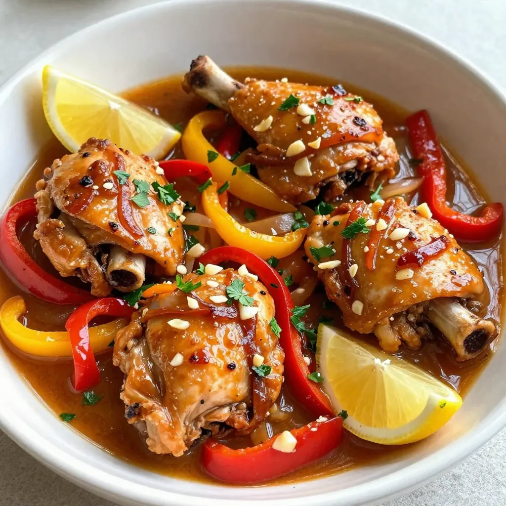 To make Chicken Scarpariello, you need some key ingredients. Here’s what you’ll need: - 4 chicken thighs, bone-in and skin-on - 2 chicken breasts, boneless and skinless - 1 teaspoon salt - 1 teaspoon black pepper - 1 tablespoon olive oil - 1 red bell pepper, sliced into strips - 1 yellow bell pepper, sliced into strips - 1 medium onion, finely chopped - 4 cloves garlic, minced - 1 teaspoon red pepper flakes (adjust to taste) - 1 cup chicken broth - 1 tablespoon capers, rinsed and drained - 1 tablespoon fresh lemon juice - Fresh parsley, finely chopped (for garnish) Each ingredient plays a role. The chicken gives protein and flavor. The bell peppers add sweetness and color. Garlic and onion build a great base for taste. Seasoning is crucial for Chicken Scarpariello. The salt and black pepper bring out the chicken's natural taste. Red pepper flakes add heat. You can adjust them based on your spice level. The capers provide a briny punch, while fresh lemon juice adds brightness. To prepare Chicken Scarpariello, you need a few tools: - Large skillet or frying pan - Spatula or tongs - Cutting board - Sharp knife - Measuring spoons - Ladle for serving These tools help you cook and serve the dish with ease. A large skillet allows you to sear the chicken and cook the veggies all in one place. This method saves time and keeps flavors together. {{ingredient_image_2}} Start by drying the chicken thighs and breasts with paper towels. This step is key for crispy skin. Next, season both sides with salt and black pepper. Make sure to coat evenly for great flavor. Heat olive oil in a large skillet over medium-high heat. When the oil is shimmering, add the chicken pieces, skin-side down. Sear them for 5 to 7 minutes until golden brown. Flip the chicken and cook the other side for the same time. Once done, place the chicken on a plate and set it aside. Lower the heat to medium and add the sliced red and yellow bell peppers, chopped onion, and minced garlic to the same skillet. Sauté the veggies for about 5 minutes until they soften and smell great. Sprinkle in the red pepper flakes to add some heat. Next, return the seared chicken to the skillet. Pour in the chicken broth until the chicken is slightly submerged. Bring this mixture to a gentle simmer. Stir in the capers and fresh lemon juice. Cover the skillet and let it cook for 20 to 25 minutes. Make sure the chicken reaches an internal temperature of 165°F (75°C). In the last 5 minutes, take off the lid to let the sauce reduce and thicken. Taste the sauce and adjust seasoning if needed. Finally, remove the skillet from the heat and garnish with fresh parsley before serving. To get that delicious crispy skin on your chicken, start by drying the pieces well with paper towels. Moisture is the enemy of crispiness. Season the chicken with salt and black pepper generously on both sides. When you cook it, heat olive oil until it shimmers in the pan. Sear the chicken skin-side down for about 5-7 minutes. This browns the skin and locks in flavor. Don't rush this step! After searing, let the chicken rest on a plate before adding it back to the pan. If you love heat, add more red pepper flakes. Start with 1 teaspoon, and taste the sauce as it cooks. You can always add more, but you can’t take it out! If you prefer a milder dish, reduce the red pepper flakes or skip them altogether. Remember, the flavors will deepen during cooking, so take it slow. Balance is key! Pair spicy chicken with creamy sides to cool the heat. For Chicken Scarpariello, use bone-in, skin-on thighs for juicy flavor and texture. These cuts stay moist during cooking. You can also use boneless chicken breasts, but they might dry out if overcooked. Mixing cuts can create a more dynamic dish. If you want more variety, try using chicken drumsticks or wings. Each cut brings a unique flavor and texture, making your meal even more enjoyable. Pro Tips Pat Dry for Crispiness: Always pat your chicken dry with paper towels before seasoning. This helps the skin become crispy when searing. Layer Flavors: When sautéing your vegetables, take your time to allow them to caramelize slightly, which will enhance the overall flavor of the dish. Adjust the Heat: The amount of red pepper flakes can be adjusted according to your spice preference. Start with less and add more if desired. Finish with Freshness: Always garnish your dish with fresh herbs at the end to maintain their vibrant color and flavor, enhancing the overall presentation. {{image_4}} You can swap in different veggies for Chicken Scarpariello. Try adding zucchini, mushrooms, or asparagus. Carrots or snap peas also work well. Each choice adds a new flavor and texture. You can even mix in some spinach or kale for extra greens. The key is to keep the balance of taste and color vibrant. Chicken is classic, but other proteins shine in this dish. Consider using pork, turkey, or even shrimp. You can use boneless cuts for quick cooking. For something different, try tofu for a vegetarian option. Just be mindful of cooking time, as it varies with each protein. Adjust your cooking method to ensure it remains juicy and flavorful. Want to amp up the flavor? Add olives or sun-dried tomatoes for a Mediterranean touch. A splash of white wine can boost the sauce's depth. Fresh herbs like basil or thyme add a fragrant note. You might also try a hint of smoked paprika for warmth. Each addition gives your Chicken Scarpariello a unique twist. Adjust according to your taste and enjoy! When you have leftover Chicken Scarpariello, store it right. First, let it cool down to room temperature. Then, place it in an airtight container. This helps keep your dish fresh. Make sure to separate the chicken from the sauce if possible. It helps prevent the chicken from getting soggy. You can keep it in the fridge for up to three days. If you want to keep it longer, freezing is a great option. To reheat your Chicken Scarpariello, use the stovetop or the microwave. If using the stovetop, place the chicken and sauce in a pan. Heat it over low to medium heat. Stir often to avoid burning. This helps keep the flavors intact. If you use a microwave, put the chicken in a microwave-safe dish. Cover it to keep moisture in, and heat in short bursts. Check every minute until it's hot. This keeps the chicken juicy and tasty. Freezing Chicken Scarpariello is easy. After cooling, place it in a freezer-safe container. Make sure to remove as much air as possible. Label it with the date. You can freeze it for up to three months. When ready to eat, thaw it in the fridge overnight. Reheat it on the stove for the best flavor. Avoid reheating in the microwave if possible, as it can dry out the chicken. Chicken Scarpariello is a delicious Italian dish. It features tender chicken cooked with sweet and spicy peppers. The chicken simmers in a flavorful broth, giving it a rich taste. This dish often uses capers for a salty kick. It’s a one-pan meal, making cleanup easy. You’ll love the mix of textures and flavors in every bite. Yes, you can make Chicken Scarpariello in a slow cooker. Start by searing the chicken in a pan for added flavor. Then, transfer the chicken to the slow cooker. Add the veggies, chicken broth, and seasonings. Cook on low for 6-8 hours or high for 3-4 hours. This method makes the chicken very tender. You can serve Chicken Scarpariello with crusty bread. It soaks up the tasty sauce. A simple salad pairs well too, adding freshness. You might also enjoy it with pasta or rice for a fuller meal. Roasted vegetables make a great side, adding more color and taste. In this blog post, we explored Chicken Scarpariello, from key ingredients to cooking techniques. You learned how to prepare delicious chicken, sear it perfectly, and enhance flavors with spices and tools. We discussed tips for crispy skin and suggested unique variations for your dish. Lastly, we covered storage tips to keep leftovers tasty. Now, you're ready to create your own Chicken Scarpariello masterpiece. Enjoy cooking and experimenting with this enjoyable meal!