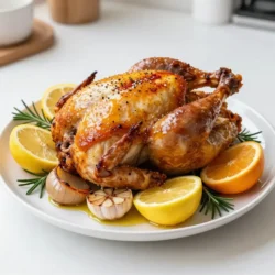 - 1 whole chicken (approximately 4-5 lbs) - 2 tablespoons olive oil - 1 lemon, quartered - 1 orange, quartered - 1 head of garlic, halved horizontally - Fresh herbs (rosemary, thyme) - Kosher salt and pepper - Smoked paprika - 1 onion, quartered - 1 cup low-sodium chicken broth Gather these ingredients before you start. The whole chicken is the star of this dish. Choose one that is around 4 to 5 pounds for the best results. Olive oil adds moisture and flavor, creating a crispy skin. Citrus fruits like lemon and orange add brightness. Garlic infuses the chicken with savory notes. Fresh herbs enhance the taste and aroma. Kosher salt and pepper are essential for seasoning. Smoked paprika adds a unique depth of flavor. Onion serves as a flavorful bed for roasting and adds moisture. Finally, chicken broth keeps the meat juicy and creates a tasty sauce. With these simple ingredients, you can make a delicious meal that everyone will love! {{ingredient_image_2}} 1. Preheat your oven to 425&deg;F (220&deg;C). A hot oven gives you crispy skin. 2. Rinse the whole chicken under cold water. Pat it dry with paper towels. Drying helps the skin crisp up. 1. Drizzle 2 tablespoons of olive oil all over the chicken. Rub the oil into the skin for flavor. 2. Season the chicken well with kosher salt, pepper, and 1 teaspoon of smoked paprika. Don&rsquo;t forget to season inside the cavity. 1. Stuff the chicken's cavity with the quartered lemon, orange, halved garlic, and herbs. This adds a burst of flavor. 2. Place quartered onion in a large roasting pan. This creates a bed for the chicken and adds more taste. 3. Set the chicken on top of the onion. Pour 1 cup of chicken broth around it. This keeps the chicken moist. 4. Roast the chicken for 1 hour to 1 hour and 15 minutes. Check that the internal temperature reaches 165&deg;F (75&deg;C). 1. Halfway through cooking, baste the chicken with pan juices. This keeps it juicy and adds flavor. 2. Use a meat thermometer to check the thickest part of the chicken. It should reach 165&deg;F. 1. After cooking, let the chicken rest for 10-15 minutes. This lets the juices redistribute. 2. Carve the chicken carefully. Start with the legs, then slice the breast. Serve with pan juices for extra flavor. To get that golden, crispy skin, drying the chicken is key. After rinsing your chicken, use paper towels to pat it dry. Moisture makes the skin soggy, so this step is vital. Basting the chicken halfway through cooking helps too. Use a spoon to drizzle the pan juices over the skin. This adds flavor and helps keep the skin crispy. You can change the herbs for different tastes. Try using sage or dill for a new twist. Each herb brings its own flavor, making your chicken unique. Citrus fruits also offer variety. Instead of lemon and orange, use limes or grapefruits. Each citrus adds a different zest to the dish, enhancing the overall taste. Adjust cooking time based on the chicken&rsquo;s size. A smaller chicken cooks faster, while a larger one needs more time. A good rule is 20 minutes per pound at 425&deg;F. For larger chickens, check the internal temperature in the thickest part. Use a meat thermometer to ensure it reaches 165&deg;F. This keeps the meat safe and juicy. For smaller chickens, start checking for doneness early. This helps avoid overcooking and makes sure your meal stays tender and tasty. Pro Tips Dry the Chicken: Patting the chicken dry with paper towels before seasoning helps achieve a crispy skin during roasting. Use Fresh Herbs: Fresh rosemary and thyme will provide a more vibrant flavor compared to dried herbs. Always opt for fresh when possible! Baste for Moisture: Basting the chicken halfway through cooking with the pan juices will enhance its flavor and keep the meat moist. Let It Rest: Allowing the chicken to rest after roasting helps the juices redistribute, ensuring each slice is tender and juicy. {{image_4}} You can change the herbs to fit your taste. Use sage for a warm flavor. Dill adds a fresh touch. Mix and match herbs to create your own blend. Consider thyme, oregano, or parsley for different tastes. Each herb brings a unique flavor to the chicken. Stuffing your chicken opens up a world of flavor. Instead of citrus, try apples for sweetness. You can also use carrots or celery for a savory twist. Experiment with nuts like walnuts or pecans for crunch. Each stuffing choice adds its own character to the dish. If you want a different cooking method, consider using a rotisserie. This method cooks the chicken evenly, giving it a nice, crispy skin. You can also use an Instant Pot for quick meals. Cook the chicken in the pot for about 30 minutes. This method keeps the meat juicy and tender. To keep your leftover chicken fresh, refrigerate it right away. The best practice is to put it in the fridge within two hours of cooking. Make sure to use airtight containers. This will help keep the meat moist. You can also wrap it tightly in plastic wrap or foil. Store it in the fridge for up to four days for best taste. If you want to save the chicken for longer, freezing is a great choice. First, let the chicken cool completely. Then, cut it into pieces for easier storage. Place the pieces in freezer bags or airtight containers. Squeeze out as much air as you can before sealing. This prevents freezer burn. When you're ready to eat it, thaw it in the fridge overnight. Reheat in the oven or microwave until it's hot throughout. Leftover chicken is super versatile. You can make tasty wraps with fresh veggies. It also works great in salads; just shred the meat and mix it in. If you're feeling cozy, use it in soups for a warm meal. The options are endless with leftover chicken! To cook a whole chicken, use the weight as your guide. A chicken that weighs 4-5 lbs should roast for 1 hour to 1 hour and 15 minutes. The key is to check the temperature. You want it to reach 165&deg;F (75&deg;C) in the thickest part, usually the thigh. For larger chickens, add about 15-20 minutes for every extra pound. To keep your chicken juicy, start by rinsing and drying it well. The dry skin helps create a crispy texture. Use olive oil to coat the chicken evenly. Season it generously with salt, pepper, and smoked paprika. Stuff the cavity with lemon, orange, garlic, and herbs. This adds moisture and flavor. Also, remember to baste the chicken halfway through cooking to keep it moist. Yes, you can prep this recipe ahead of time. Rinse and dry the chicken, then season it. You can stuff it with fruits and herbs and place it in the fridge. Just cover it with plastic wrap. When you're ready, take it out and let it sit for about 30 minutes before cooking. This helps the chicken cook evenly. Roasted chicken pairs well with many sides. Some good options are: - Garlic mashed potatoes - Steamed green beans - Roasted carrots - A fresh garden salad - Creamy coleslaw These sides complement the flavors of the chicken and make a complete meal. Enjoy! Roasting a whole chicken is simple and rewarding. Start with quality ingredients like herbs and citrus. Follow the steps to season, stuff, and roast your chicken perfectly. Remember, resting the chicken enhances its juiciness. Use your leftovers in wraps or salads for easy meals. Explore flavor variations to keep things fresh and exciting. Enjoy your delicious creation and share it with loved ones. You have all the tools to make a tasty meal that impresses!