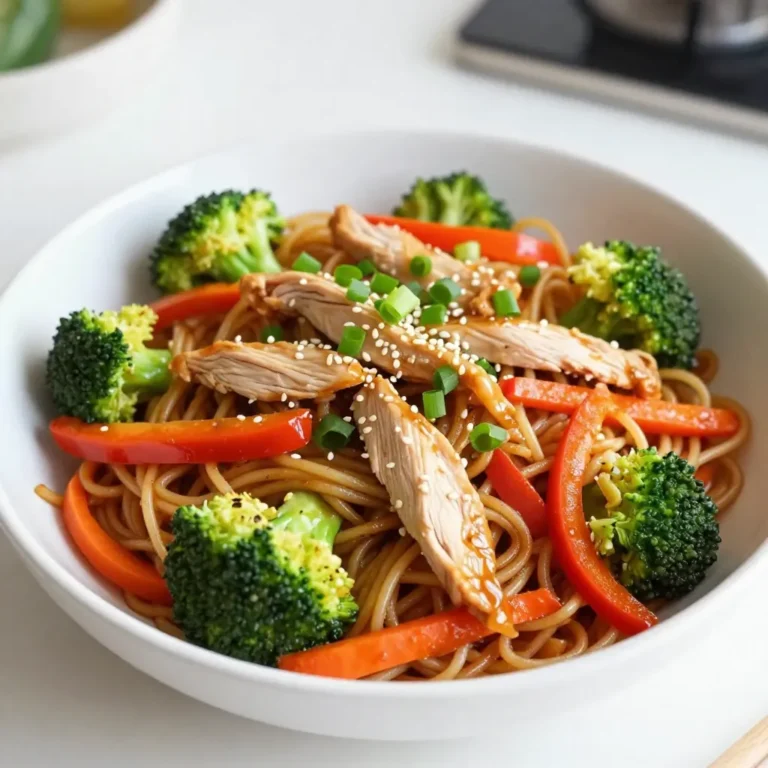 - 1 lb chicken breast, thinly sliced - 1 cup bell peppers, thinly sliced (a colorful mix of red, yellow, and green) - 1 cup broccoli florets - 2 medium carrots, julienned - 3 green onions, chopped (for garnish and flavor) - 2 cloves garlic, minced - 1 tablespoon fresh ginger, minced - 3 tablespoons soy sauce - 1 tablespoon oyster sauce - 1 tablespoon hoisin sauce - 1 teaspoon sesame oil - 1 teaspoon cornstarch mixed with 2 tablespoons water (as a thickener) - A pinch of sugar In this Chicken Chow Mein recipe, the chicken is the star. Use fresh chicken breast for the best flavor. Slice it thin so it cooks fast and stays tender. For the veggies, I love a mix of colors. The bell peppers add sweetness, while broccoli gives a nice crunch. Carrots are perfect for their bright color and slight sweetness. Green onions top it all off, bringing fresh flavor. Now, let’s talk about the sauce. The combination of soy sauce, oyster sauce, and hoisin sauce creates a deep, savory base. Adding sesame oil gives it a warm, nutty flavor. The cornstarch thickens the sauce, making it cling to every noodle and piece of chicken. Don't forget the pinch of sugar; it balances the saltiness. Gather these ingredients, and you are ready to create a tasty Chicken Chow Mein with homemade sauce! {{ingredient_image_2}} Start by cooking the chow mein noodles. Follow the package instructions closely. Once they are soft, drain them in a colander. Place the noodles in a bowl and set them aside. This helps keep them from sticking together later. In a medium bowl, gather the sauce ingredients. Mix together the soy sauce, oyster sauce, hoisin sauce, sesame oil, cornstarch mixture, and a pinch of sugar. Whisk until the sauce is smooth. Setting this aside will let the flavors blend nicely. Heat 1 tablespoon of vegetable oil in a large skillet or wok over medium-high heat. Add the thinly sliced chicken breast. Spread it out in the pan. Cook for about 5-7 minutes. The chicken should be fully cooked and no longer pink. Once done, move the chicken to a plate and set it aside. In the same skillet, add the remaining tablespoon of oil. Toss in the minced garlic and ginger. Sauté for about 30 seconds until you smell that great aroma. Next, add the sliced bell peppers, broccoli florets, and julienned carrots. Cook these for 3-4 minutes. The veggies should be slightly tender but still crisp. Return the cooked chicken to the skillet. Add the pre-cooked chow mein noodles. Pour the homemade sauce over everything. Gently toss all the ingredients together. Make sure the noodles and chicken get well coated with sauce. Heat this mixture for about 2-3 minutes until everything is warm. Remove the skillet from the heat. Sprinkle the chopped green onions on top. This adds color and a fresh flavor. Serve the chow mein in bowls or on platters. For a nice touch, add more green onions and a sprinkle of sesame seeds. A lime wedge on the side can brighten up the dish! To make the best sauce, blend flavors well. Use fresh soy sauce for a richer taste. I like to add a pinch of sugar to balance the salty notes. The cornstarch helps thicken the sauce, making it stick to the chicken and noodles. If you want a spicier kick, add a dash of chili sauce or red pepper flakes. Always taste the sauce before you pour it in. Adjust the flavors to match your liking. For juicy chicken, slice it thinly before cooking. Thin pieces cook faster and stay tender. Heat your skillet well before adding the chicken. This helps create a nice sear. Stir-fry the chicken until it is no longer pink, about 5-7 minutes. If you overcrowd the pan, the chicken will steam instead of fry. Cook in batches if needed. Once cooked, set the chicken aside to keep it warm. When cooking vegetables, aim for a vibrant color and crunch. Start with garlic and ginger to build flavor. Sauté them for 30 seconds before adding other veggies. I love using a mix of bell peppers for color and taste. Cook the vegetables for only 3-4 minutes. You want them tender, yet still crisp. This way, they add texture to your chow mein. Remember to toss the veggies frequently for even cooking. Pro Tips Slice Chicken Thinly: Thin slices ensure quick and even cooking, allowing the chicken to remain tender and juicy. Prep Vegetables Ahead: Have all your vegetables prepped and ready to go for a smooth cooking process, ensuring everything is stir-fried quickly for optimal freshness. Don’t Overcook Noodles: Cook the chow mein noodles just until al dente; they will continue to cook when tossed in the hot skillet with other ingredients. Customize the Sauce: Feel free to adjust the sauce ingredients to your taste; adding chili sauce for spice or more hoisin for sweetness can create a unique flavor profile. {{image_4}} You can swap the chicken for other proteins. Try thinly sliced beef or shrimp. For beef, flank steak works well. Cook it the same way as chicken. Shrimp cooks faster, so add it just before the veggies. Tofu is another great option for a meatless dish. Use firm tofu, cut it into cubes, and pan-fry until golden. Making a vegetarian chow mein is simple and tasty. Skip the chicken and use extra veggies. Add mushrooms for a savory flavor. Snow peas and zucchini also add a nice crunch. You can use a plant-based protein, like tempeh or seitan, for more substance. Just cook them the same way you would cook chicken. Feel free to mix up the veggies! Broccoli, bell peppers, and carrots are classic, but you can add more. Try snap peas, bok choy, or baby corn. You can use cabbage for a crunchier texture. The key is to keep the colors bright and fresh. This not only looks good but also adds vitamins to your meal. You can store leftover chicken chow mein in the fridge. Place it in an airtight container. It stays fresh for up to three days. The flavors will blend well, making it even tastier the next day. To freeze chicken chow mein, allow it to cool first. Then, use a freezer-safe container or bag. You can freeze it for up to three months. Just remember, the noodles may get a bit soft when thawed. When you're ready to eat, reheat the chow mein. You can use a microwave or a skillet. If using a microwave, heat it for one to two minutes. Stir halfway to warm it evenly. In a skillet, add a splash of water and heat over medium heat for a few minutes. This keeps it moist and delicious. Yes, you can use different noodles for Chicken Chow Mein. If you cannot find chow mein noodles, try using lo mein or rice noodles. Both types work well and will give you a tasty meal. Just cook them according to the package directions. To make Chicken Chow Mein gluten-free, swap soy sauce for gluten-free soy sauce or tamari. Use rice noodles instead of chow mein noodles. Check the labels on other sauces, like oyster and hoisin, to ensure they are gluten-free. With these swaps, you can enjoy a delicious gluten-free dish. You can try different sauces to add flavor. A mix of soy sauce and teriyaki sauce works well. You could also use sweet and sour sauce for a tangy twist. For a spicy kick, add chili sauce or sriracha. Experiment and find your favorite sauce blend! This blog post covered everything you need to make Chicken Chow Mein. We talked about the right ingredients, from chicken and vegetables to your own sauce. Then, I shared simple steps for cooking and combining everything. I provided tips for great taste and talked about fun variations. Finally, I gave storage info and answered common questions. To wrap it up, making this dish is fun and easy. Enjoy your cooking and get creative!
