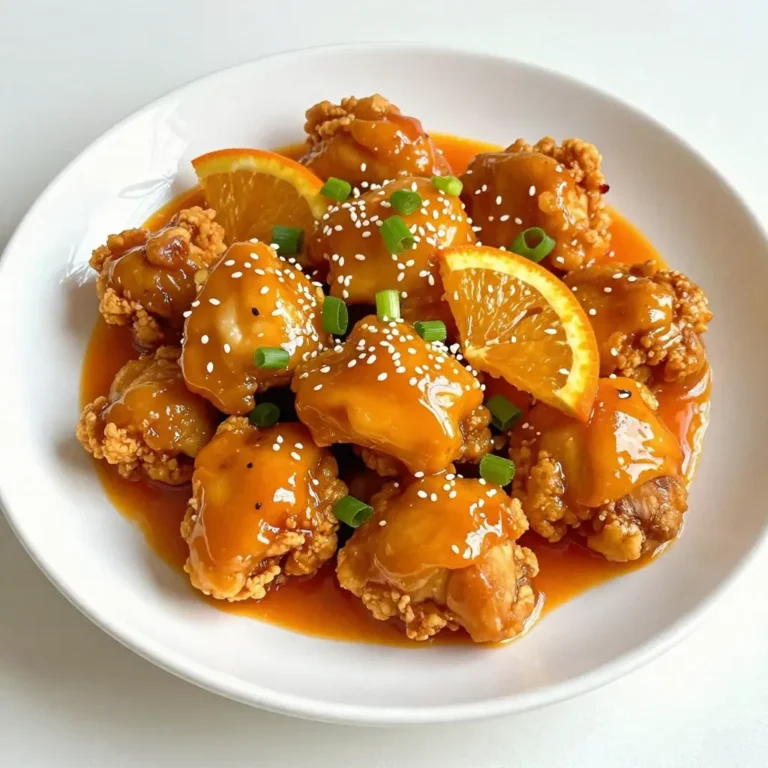 - 1 lb boneless chicken thighs, cut into bite-sized pieces - 1 cup cornstarch - 2 large eggs, beaten - 1 tablespoon fresh ginger, minced - 2 cloves garlic, minced - ½ cup freshly squeezed orange juice - Zest of 1 orange - ½ cup granulated sugar - ¼ cup soy sauce - 2 tablespoons rice vinegar - 1 tablespoon chili sauce (adjust to your heat preference) This recipe uses chicken thighs for a tender bite. The cornstarch gives a crispy coating. Beating the eggs helps the cornstarch stick well. Fresh ginger and garlic add a punch of flavor. The orange juice and zest bring a bright, sweet taste. They balance the dish and make it pop. For the sauce, sugar adds sweetness. Soy sauce gives a salty depth. Rice vinegar adds tanginess, enhancing the flavor. The chili sauce brings heat, which you can adjust. With these ingredients, you create a dish full of flavor. Each bite is crunchy, sweet, and spicy. Enjoy making this easy and tasty recipe! {{ingredient_image_2}} To start, you need to marinate the chicken. Take 1 pound of boneless chicken thighs and cut them into bite-sized pieces. In a medium bowl, season the chicken with a pinch of salt and pepper. Mix well and let it marinate for about 15 minutes. This step adds flavor and helps the chicken stay juicy. Next, set up your breading station. Place 1 cup of cornstarch in one bowl and 2 beaten eggs in another. Take a marinated chicken piece and dip it into the cornstarch. Make sure it is fully coated. Then, immerse it in the beaten egg. Let any extra egg drip off. This double coating gives the chicken a crispy texture when fried. Now, it's time to cook the chicken. Heat 1 cup of vegetable oil in a large skillet or wok over medium-high heat. To check if the oil is hot enough, drop a small spoonful of the cornstarch into the oil. If it sizzles, you are ready. Carefully add the coated chicken pieces in batches. Fry them for about 3 to 4 minutes per side until they are golden brown and fully cooked. Use a slotted spoon to remove the chicken and place it on paper towels to drain any excess oil. In a separate pan, combine the minced ginger, minced garlic, ½ cup of freshly squeezed orange juice, zest of 1 orange, ½ cup of granulated sugar, ¼ cup of soy sauce, 2 tablespoons of rice vinegar, and 1 tablespoon of chili sauce. Cook over medium heat, stirring occasionally, until the sugar dissolves and the sauce thickens. This should take about 5 to 7 minutes. Once the sauce has thickened, carefully add the fried chicken pieces to the pan. Gently toss everything together. You want to make sure the chicken is evenly coated in the orange sauce. Let it simmer for an additional 2 to 3 minutes. This helps the flavors blend beautifully. Transfer the Spicy Orange Chicken to a serving dish. Arrange it nicely to make it look appealing. Garnish with freshly sliced green onions. If you like, sprinkle some sesame seeds on top for an extra touch of flair. Enjoy your delicious homemade Hot Panda Express Orange Chicken! To change the heat level of your orange chicken, you can use different chili sauces. If you want more heat, try a hot chili paste. If you prefer it milder, reduce the amount of chili sauce in the recipe. A little goes a long way. Start with a small amount and taste as you go. You can also add fresh chilies for a kick. Frying the chicken well is key for great texture. Make sure the oil is hot enough before adding chicken. If the oil is too cool, the chicken will soak up more oil. Heat the oil over medium-high heat until it sizzles when you drop in a small piece of cornstarch. This ensures a crispy finish. Fry in small batches to keep the oil temperature steady. For a burst of extra flavor, add spices or citrus. Try adding a pinch of red pepper flakes for more heat. You can also squeeze in more orange juice or add lime zest. This boosts the taste and freshness of the dish. Experiment with spices like five-spice powder or even a splash of sesame oil for depth. Pro Tips Coat for Crunch: Make sure to coat the chicken evenly in cornstarch before dipping it in the egg. This will give you a thicker, crunchier texture once fried. Maintain Oil Temperature: Keep an eye on the oil temperature while frying. If it gets too hot, the chicken will burn on the outside and remain raw inside. Use a thermometer if possible. Customize Spice Level: Adjust the amount of chili sauce based on your heat preference. Start with less if you are unsure and add more to taste. Fresh is Best: Use freshly squeezed orange juice and zest for the most vibrant flavor. Avoid bottled juice as it can lack the necessary freshness and aroma. {{image_4}} You can swap chicken thighs for chicken breasts. Chicken breasts are leaner. They cook faster, but may dry out. Thighs offer more flavor and stay juicy. Choose based on your taste and health goals. If you want a lighter meal, try baking instead of frying. Baking cuts down on oil and calories. Coat the chicken in cornstarch and eggs, then bake at 400°F for 20-25 minutes. This gives you a crispy texture without the extra fat. Experimenting with sauces is fun! You can try teriyaki, sweet and sour, or even a spicy chili sauce. Each sauce brings a unique twist. Adjust the sweetness and heat to match your taste. Enjoy exploring new flavors! Store your leftover orange chicken in an airtight container. Make sure it cools to room temperature first. Place it in the fridge and eat it within three days for the best taste. Always label your container with the date. If you want to keep orange chicken longer, you can freeze it. Place the cooled chicken in a freezer-safe bag or container. Squeeze out as much air as possible to prevent freezer burn. It can last for about three months in the freezer. To reheat, thaw it overnight in the fridge. Then, heat it in a pan on low. This keeps it crispy and tasty. When stored properly in the fridge, orange chicken stays good for about three days. If frozen, it lasts up to three months. After that, the taste and texture can suffer. Always check for any off smells or changes before eating. The spice level of Panda Express Orange Chicken is mild to medium. It has a nice kick from the chili sauce. Most people enjoy the flavor without feeling overwhelmed by heat. You can adjust the spice by adding more or less chili sauce when you cook. Yes, you can make this dish gluten-free! Simply use gluten-free soy sauce. You can find this at most grocery stores. Also, check that your chili sauce is gluten-free. With these swaps, you can enjoy this tasty meal without worry. To keep the chicken crispy, fry it in hot oil. Make sure the oil temperature is right before you add the chicken. After frying, let the chicken rest on paper towels. This helps drain excess oil. Finally, serve the chicken right away for the best crunch! You now have all the steps to make delicious Panda Express orange chicken at home. Start with quality ingredients like chicken thighs, fresh ginger, and orange juice for the best flavor. Don't forget to marinate, bread, and fry the chicken perfectly. Use our tips to adjust spice levels and explore healthy alternatives. With the storage info, enjoying your chicken later is easy. Try different variations to keep the meal exciting. This dish is simple and packed with taste. You can impress family and friends with your cooking skills. Enjoy cooking and savoring every bite!
