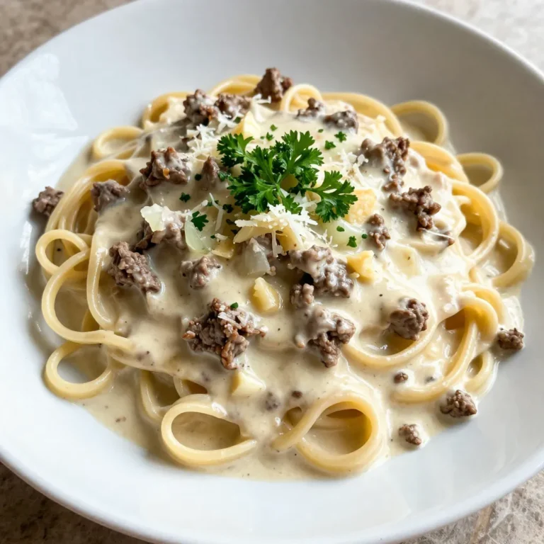 - 8 oz (225 g) fettuccine or penne pasta - 1 lb (450 g) ground beef - 1 medium onion, finely chopped - 3 cloves garlic, minced - 1 cup (240 ml) heavy cream - 1/2 cup (120 ml) beef broth - 1/2 cup (50 g) finely grated Parmesan cheese - 1 tablespoon extra virgin olive oil - 1 teaspoon Italian seasoning blend - Salt and freshly ground pepper to taste - Fresh parsley, finely chopped (for garnish) To make creamy beef pasta, you need a few key ingredients. First, choose your pasta. I like fettuccine or penne for this dish. They hold the sauce well and add a nice bite. Next, ground beef is the star of the show. Use fresh beef for the best flavor. Aromatics like onion and garlic add depth. Chop the onion finely and mince the garlic for even cooking. For the creamy sauce, heavy cream is a must. It gives the dish richness. Add beef broth for extra flavor and a smooth texture. Seasonings are important too. Italian seasoning brings warmth, while salt and pepper enhance all the flavors. Lastly, don't forget the garnish. Fresh parsley adds color and a fresh taste. A sprinkle of grated Parmesan cheese on top makes it even more delicious. With these ingredients, you're ready to create a creamy beef pasta that will impress everyone! {{ingredient_image_2}} - Bring a large pot of salted water to a boil. - Add 8 oz of fettuccine or penne. - Cook the pasta for 8-10 minutes until al dente. - Reserve about 1/2 cup of cooking water. - Drain the pasta and set it aside. To get the perfect pasta texture, you want it firm but not hard. Al dente means "to the tooth." It should have a nice bite. - In a large skillet, heat 1 tablespoon of olive oil over medium heat. - Add 1 medium chopped onion and 3 minced garlic cloves. - Sauté for about 3-4 minutes until soft and fragrant. Next, increase the heat to medium-high. Add 1 lb of ground beef. Cook it for 6-8 minutes, breaking it apart as it cooks. The beef should be brown and not pink. If you see excess fat, drain it off. - Lower the heat to medium. Pour in 1 cup of heavy cream and 1/2 cup of beef broth. - Stir well to mix everything together. Let the sauce simmer for a few minutes. This helps it thicken. You want a nice creamy texture. - Add the drained pasta into the skillet with the sauce. - Toss everything together until well coated. If the sauce feels too thick, add some of the reserved pasta water. This helps you reach the perfect consistency. Enjoy the creamy goodness! To ensure ideal pasta texture, always cook it until al dente. This means the pasta should still have a slight bite. If you overcook it, the pasta can turn mushy. A good tip is to taste it a minute before the package time is up. To prevent a greasy sauce, drain excess fat after browning the beef. If there's too much fat, it can make your sauce oily. Use a spoon to remove it carefully. For extra flavor, consider adding fresh herbs like basil or thyme. A splash of Worcestershire sauce can also add depth. These small tweaks can elevate your dish. Adjust seasoning to taste by starting with small amounts of salt and pepper. Taste your sauce before serving. This way, you can find the perfect balance. The best cookware for this recipe is a large skillet. It lets you cook the beef and sauce evenly. A pot for boiling pasta is essential, too. Useful tools for preparation include a wooden spoon for mixing and a sharp knife for chopping. A measuring cup for the cream and broth will help you get the right amounts every time. Pro Tips Cook Pasta Al Dente: Make sure to cook the pasta until it's al dente for the best texture. This will prevent the pasta from becoming mushy when mixed with the creamy sauce. Use Fresh Ingredients: Whenever possible, opt for fresh garlic and herbs. Fresh ingredients will enhance the flavor of your dish and make it more aromatic. Adjust Sauce Consistency: If your sauce is too thick, gradually add the reserved pasta water to achieve the desired creaminess without watering it down. Garnish for Flavor: Don't skip the fresh parsley! It not only adds a pop of color but also a fresh flavor that complements the richness of the creamy sauce. {{image_4}} You can switch out the ground beef for other proteins. Chicken or turkey works well in this dish. These meats still give a great flavor and keep it light. If you prefer a dairy-free option, use coconut cream instead of heavy cream. It adds a unique twist while making it safe for those with dairy allergies. Try adding fresh vegetables to your pasta. Spinach or mushrooms add great taste and nutrition. You can also change the cheese you use. For example, goat cheese or cheddar can give your dish a different flavor profile. Experimenting with these options can make your creamy beef pasta even more special. Pair your creamy beef pasta with a fresh salad. A simple green salad with vinaigrette balances the richness of the dish. For drinks, a light red wine, like Pinot Noir, complements the flavors well. If you want a non-alcoholic option, try sparkling water with lemon. To store leftovers, let the creamy beef pasta cool to room temperature. Place it in an airtight container. This keeps moisture in and prevents drying out. Store it in the fridge for 3 to 4 days. Use glass or plastic containers with tight-fitting lids for best results. To freeze creamy beef pasta, first cool it completely. Then, scoop portions into freezer-safe bags or containers. Remember to leave some space for expansion. This dish can last in the freezer for up to 3 months. For thawing, move it to the fridge for a few hours or overnight. Reheat it in a skillet over low heat. Add a splash of broth or cream if it seems dry. Stir frequently to warm evenly. Enjoy your delicious pasta even after storing! How can I make creamy beef pasta spicy? To add some heat, use red pepper flakes. Start with 1/4 teaspoon and increase to your taste. You can also add diced jalapeños or a dash of hot sauce. For a smoky touch, try smoked paprika. These options will give your dish a nice kick without overpowering the creamy flavor. Can I use whole wheat pasta instead? Yes, whole wheat pasta works well. It adds a nutty flavor and a bit more fiber. Just remember that whole wheat pasta may take a minute or two longer to cook. Check the package for timing, and taste it to ensure it's al dente. Caloric content per serving Each serving has about 550 calories. This includes the pasta, beef, cream, and cheese. It's a filling dish, perfect for a hearty meal. Protein and carb breakdown One serving contains roughly 30 grams of protein. The carbohydrates are around 60 grams per serving. This balance makes it a great option for energy after a long day. Tips for scaling the recipe If you want to make more, just double the ingredients. Keep the same cooking times for pasta and sauce. This keeps the flavors balanced and tasty. Adjustments for cooking larger batches For larger batches, use a bigger pot for pasta. A larger skillet helps to mix the sauce and meat better. You might need to adjust the heat to ensure even cooking. Always taste as you go to maintain flavor. This blog post covers how to make creamy beef pasta from start to finish. We explored ingredients, cooking steps, and helpful tips. You can use different types of pasta and proteins, plus add vegetables for more flavor. Remember to store leftovers properly to enjoy later. Try these steps in your next meal and make it your own. With practice, you'll master this dish and impress everyone at the table. Happy cooking!