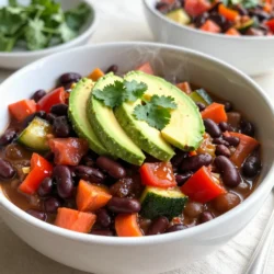 In this vegetarian crockpot chili, you will need several key ingredients. First, gather: - 2 cans of black beans, rinsed and drained - 1 can of kidney beans, rinsed and drained - 1 can of diced tomatoes with juice - 1 bell pepper, diced - 1 medium onion, chopped - 2 cloves of garlic, minced - 1 medium zucchini, diced - 1 medium carrot, diced - 1 cup of corn kernels - 2 tablespoons of chili powder - 1 teaspoon of ground cumin - 1 teaspoon of smoked paprika - Salt and pepper to taste - 2 cups of vegetable broth - 1 tablespoon of olive oil These ingredients combine to create a rich and hearty chili. Each type of bean offers protein and fiber. The tomatoes add acidity and sweetness. The vegetables provide texture and flavor. To make this dish even more delicious, consider adding some toppings: - Sliced avocado - Fresh cilantro - A dollop of sour cream These toppings bring creaminess, freshness, and a burst of flavor. They can also enhance the dish's visual appeal. If you have dietary needs, here are some substitutions: - Use quinoa or lentils instead of beans for a different protein source. - Replace vegetable broth with water or a homemade broth to control salt. - For a spicy kick, add diced jalape&ntilde;os or hot sauce. - To make it vegan, skip the sour cream and choose a dairy-free alternative. These substitutions help you tailor the chili to your taste and dietary needs. This way, everyone can enjoy a warm bowl of chili! {{ingredient_image_2}} Start by gathering your vegetables. You need a bell pepper, onion, garlic, zucchini, and carrot. Dice the bell pepper and zucchini into small pieces. Finely chop the onion and mince the garlic. Heat one tablespoon of olive oil in a skillet over medium heat. Add the onion and garlic first. Saut&eacute; them for about two minutes. Next, add the bell pepper, carrot, and zucchini. Cook for three more minutes until they are tender and fragrant. This step builds a great base for your chili. Once your vegetables are ready, transfer them to the crockpot. Spread them evenly across the bottom. Now, it&rsquo;s time to add the beans. You will need two cans of black beans and one can of kidney beans. Be sure to rinse and drain them well. Next, add one can of diced tomatoes along with their juice. Pour in one cup of corn kernels. Then, sprinkle in two tablespoons of chili powder, one teaspoon of ground cumin, and one teaspoon of smoked paprika. Add salt and pepper to taste. Finally, pour in two cups of vegetable broth. Stir everything gently until combined. Now that your ingredients are in the crockpot, it&rsquo;s time to cook. Secure the lid tightly. You can choose to cook on low or high. If you cook on low, set the timer for six to eight hours. For high, set it for three to four hours. The longer you cook, the better the flavors meld together. Before serving, taste the chili. Adjust the seasoning with more salt and pepper if needed. Your hearty vegetarian chili is now ready to enjoy! To make your chili pop, use fresh herbs. Adding fresh cilantro or parsley at the end brightens the dish. You can also try a squeeze of lime juice. This adds zest and cuts through the richness. For deeper flavor, consider adding a dash of hot sauce or a pinch of sugar. These small tweaks can make a big impact. For the best texture, don&rsquo;t skip saut&eacute;ing the veggies first. This step builds a great flavor base. If you like a thicker chili, mash some beans after cooking. This helps create a creamy texture. If it's too thick, add a little vegetable broth to adjust. Remember to cook it long enough. The longer it simmers, the better it tastes. Serve your chili in deep bowls for a comforting meal. Top it with creamy avocado slices, fresh cilantro, or a dollop of sour cream. These toppings add color and flavor. Pair it with crusty bread or crispy tortilla chips for crunch. A side of rice also works well. Feel free to get creative and make it your own! Pro Tips Layering Flavors: Saut&eacute;ing the vegetables before adding them to the crockpot enhances their flavor and aroma, giving your chili a richer taste. Bean Variations: Feel free to mix different types of beans, such as pinto or garbanzo beans, to add variety and texture to your chili. Make it Spicy: If you like heat, add diced jalape&ntilde;os or a pinch of cayenne pepper to the pot for an extra kick. Chili Consistency: For a thicker chili, you can mash some of the beans with a fork before cooking, or add a tablespoon of tomato paste. {{image_4}} You can change the beans for different flavors and textures. For a creamier chili, use navy beans or cannellini beans. If you want more color, try pinto beans or add chickpeas. Mixing different beans adds depth to the chili and makes it more fun. To control the heat, adjust the spices. For mild chili, use less chili powder. If you like spice, add diced jalape&ntilde;os or red pepper flakes. You can also include a splash of hot sauce for an extra kick. Taste as you go to get it just right. If you want more protein, add lentils or quinoa. Both options cook well in the crockpot and soak up flavor. You might also consider adding tofu or tempeh for a meat-like texture. These additions make the chili heartier and more filling. To store leftover chili, let it cool first. Then, place it in an airtight container. You can keep it in the fridge for up to five days. If you want to save it longer, freezing is a great option. You can freeze this chili easily. Use freezer-safe bags or containers. Make sure to leave some space for the chili to expand. It can last up to three months in the freezer. When you&rsquo;re ready to eat it, thaw it in the fridge overnight. To reheat, you can use the stove or microwave. If using the stove, heat it in a pot over medium heat. Stir often until it&rsquo;s hot. For the microwave, place it in a bowl and cover it. Heat in short intervals, stirring between each. Enjoy your chili warm and flavorful! If you want to skip the beans, try lentils. Lentils cook quickly in the crockpot. They add protein and a nice texture. You can also use diced vegetables like mushrooms or eggplant for a hearty bite. Just remember to adjust the cooking time. Cook lentils for 4-5 hours on low. Absolutely! To add heat, include chopped jalape&ntilde;os or a dash of hot sauce. You can also add cayenne pepper or crushed red pepper flakes. Adjust the amount based on your heat level. Start small, then taste and add more. This way, you control the spice. The chili lasts about 4-5 days in the fridge. Store it in an airtight container for best results. Reheat it on the stove or in the microwave before serving. If you want it to last longer, consider freezing it instead. It can freeze well for up to 3 months. This blog covered the key ingredients, cooking steps, and helpful tips for making chili. You can customize your dish with toppings and substitutions. Remember, adjust spice levels and protein sources to suit your taste. Store leftovers properly and enjoy your chili later. This recipe is versatile and fun to explore. Get creative and make it your own. Dive in and enjoy a warm bowl of deliciousness!