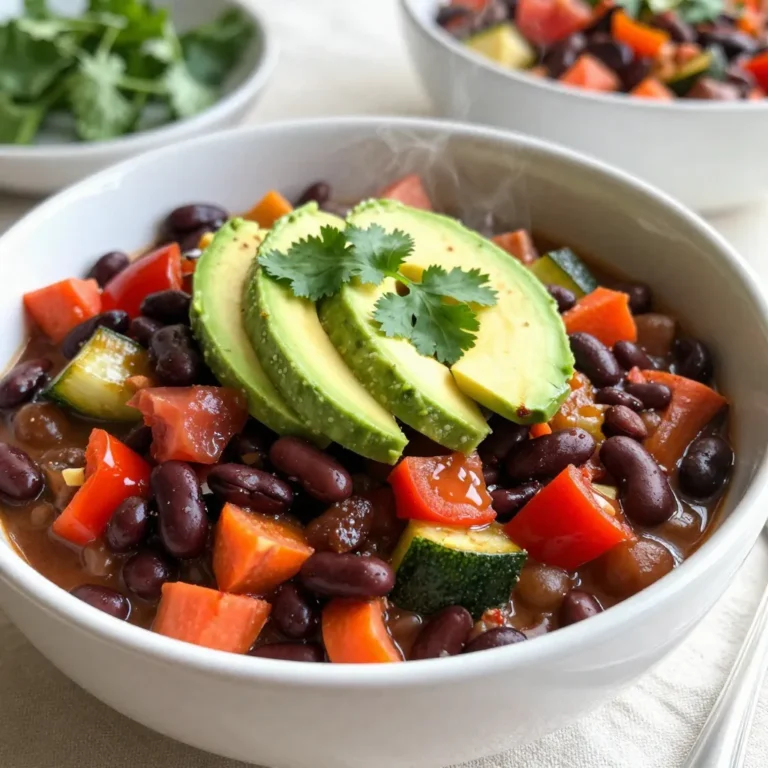 In this vegetarian crockpot chili, you will need several key ingredients. First, gather: - 2 cans of black beans, rinsed and drained - 1 can of kidney beans, rinsed and drained - 1 can of diced tomatoes with juice - 1 bell pepper, diced - 1 medium onion, chopped - 2 cloves of garlic, minced - 1 medium zucchini, diced - 1 medium carrot, diced - 1 cup of corn kernels - 2 tablespoons of chili powder - 1 teaspoon of ground cumin - 1 teaspoon of smoked paprika - Salt and pepper to taste - 2 cups of vegetable broth - 1 tablespoon of olive oil These ingredients combine to create a rich and hearty chili. Each type of bean offers protein and fiber. The tomatoes add acidity and sweetness. The vegetables provide texture and flavor. To make this dish even more delicious, consider adding some toppings: - Sliced avocado - Fresh cilantro - A dollop of sour cream These toppings bring creaminess, freshness, and a burst of flavor. They can also enhance the dish's visual appeal. If you have dietary needs, here are some substitutions: - Use quinoa or lentils instead of beans for a different protein source. - Replace vegetable broth with water or a homemade broth to control salt. - For a spicy kick, add diced jalapeños or hot sauce. - To make it vegan, skip the sour cream and choose a dairy-free alternative. These substitutions help you tailor the chili to your taste and dietary needs. This way, everyone can enjoy a warm bowl of chili! {{ingredient_image_2}} Start by gathering your vegetables. You need a bell pepper, onion, garlic, zucchini, and carrot. Dice the bell pepper and zucchini into small pieces. Finely chop the onion and mince the garlic. Heat one tablespoon of olive oil in a skillet over medium heat. Add the onion and garlic first. Sauté them for about two minutes. Next, add the bell pepper, carrot, and zucchini. Cook for three more minutes until they are tender and fragrant. This step builds a great base for your chili. Once your vegetables are ready, transfer them to the crockpot. Spread them evenly across the bottom. Now, it’s time to add the beans. You will need two cans of black beans and one can of kidney beans. Be sure to rinse and drain them well. Next, add one can of diced tomatoes along with their juice. Pour in one cup of corn kernels. Then, sprinkle in two tablespoons of chili powder, one teaspoon of ground cumin, and one teaspoon of smoked paprika. Add salt and pepper to taste. Finally, pour in two cups of vegetable broth. Stir everything gently until combined. Now that your ingredients are in the crockpot, it’s time to cook. Secure the lid tightly. You can choose to cook on low or high. If you cook on low, set the timer for six to eight hours. For high, set it for three to four hours. The longer you cook, the better the flavors meld together. Before serving, taste the chili. Adjust the seasoning with more salt and pepper if needed. Your hearty vegetarian chili is now ready to enjoy! To make your chili pop, use fresh herbs. Adding fresh cilantro or parsley at the end brightens the dish. You can also try a squeeze of lime juice. This adds zest and cuts through the richness. For deeper flavor, consider adding a dash of hot sauce or a pinch of sugar. These small tweaks can make a big impact. For the best texture, don’t skip sautéing the veggies first. This step builds a great flavor base. If you like a thicker chili, mash some beans after cooking. This helps create a creamy texture. If it's too thick, add a little vegetable broth to adjust. Remember to cook it long enough. The longer it simmers, the better it tastes. Serve your chili in deep bowls for a comforting meal. Top it with creamy avocado slices, fresh cilantro, or a dollop of sour cream. These toppings add color and flavor. Pair it with crusty bread or crispy tortilla chips for crunch. A side of rice also works well. Feel free to get creative and make it your own! Pro Tips Layering Flavors: Sautéing the vegetables before adding them to the crockpot enhances their flavor and aroma, giving your chili a richer taste. Bean Variations: Feel free to mix different types of beans, such as pinto or garbanzo beans, to add variety and texture to your chili. Make it Spicy: If you like heat, add diced jalapeños or a pinch of cayenne pepper to the pot for an extra kick. Chili Consistency: For a thicker chili, you can mash some of the beans with a fork before cooking, or add a tablespoon of tomato paste. {{image_4}} You can change the beans for different flavors and textures. For a creamier chili, use navy beans or cannellini beans. If you want more color, try pinto beans or add chickpeas. Mixing different beans adds depth to the chili and makes it more fun. To control the heat, adjust the spices. For mild chili, use less chili powder. If you like spice, add diced jalapeños or red pepper flakes. You can also include a splash of hot sauce for an extra kick. Taste as you go to get it just right. If you want more protein, add lentils or quinoa. Both options cook well in the crockpot and soak up flavor. You might also consider adding tofu or tempeh for a meat-like texture. These additions make the chili heartier and more filling. To store leftover chili, let it cool first. Then, place it in an airtight container. You can keep it in the fridge for up to five days. If you want to save it longer, freezing is a great option. You can freeze this chili easily. Use freezer-safe bags or containers. Make sure to leave some space for the chili to expand. It can last up to three months in the freezer. When you’re ready to eat it, thaw it in the fridge overnight. To reheat, you can use the stove or microwave. If using the stove, heat it in a pot over medium heat. Stir often until it’s hot. For the microwave, place it in a bowl and cover it. Heat in short intervals, stirring between each. Enjoy your chili warm and flavorful! If you want to skip the beans, try lentils. Lentils cook quickly in the crockpot. They add protein and a nice texture. You can also use diced vegetables like mushrooms or eggplant for a hearty bite. Just remember to adjust the cooking time. Cook lentils for 4-5 hours on low. Absolutely! To add heat, include chopped jalapeños or a dash of hot sauce. You can also add cayenne pepper or crushed red pepper flakes. Adjust the amount based on your heat level. Start small, then taste and add more. This way, you control the spice. The chili lasts about 4-5 days in the fridge. Store it in an airtight container for best results. Reheat it on the stove or in the microwave before serving. If you want it to last longer, consider freezing it instead. It can freeze well for up to 3 months. This blog covered the key ingredients, cooking steps, and helpful tips for making chili. You can customize your dish with toppings and substitutions. Remember, adjust spice levels and protein sources to suit your taste. Store leftovers properly and enjoy your chili later. This recipe is versatile and fun to explore. Get creative and make it your own. Dive in and enjoy a warm bowl of deliciousness!