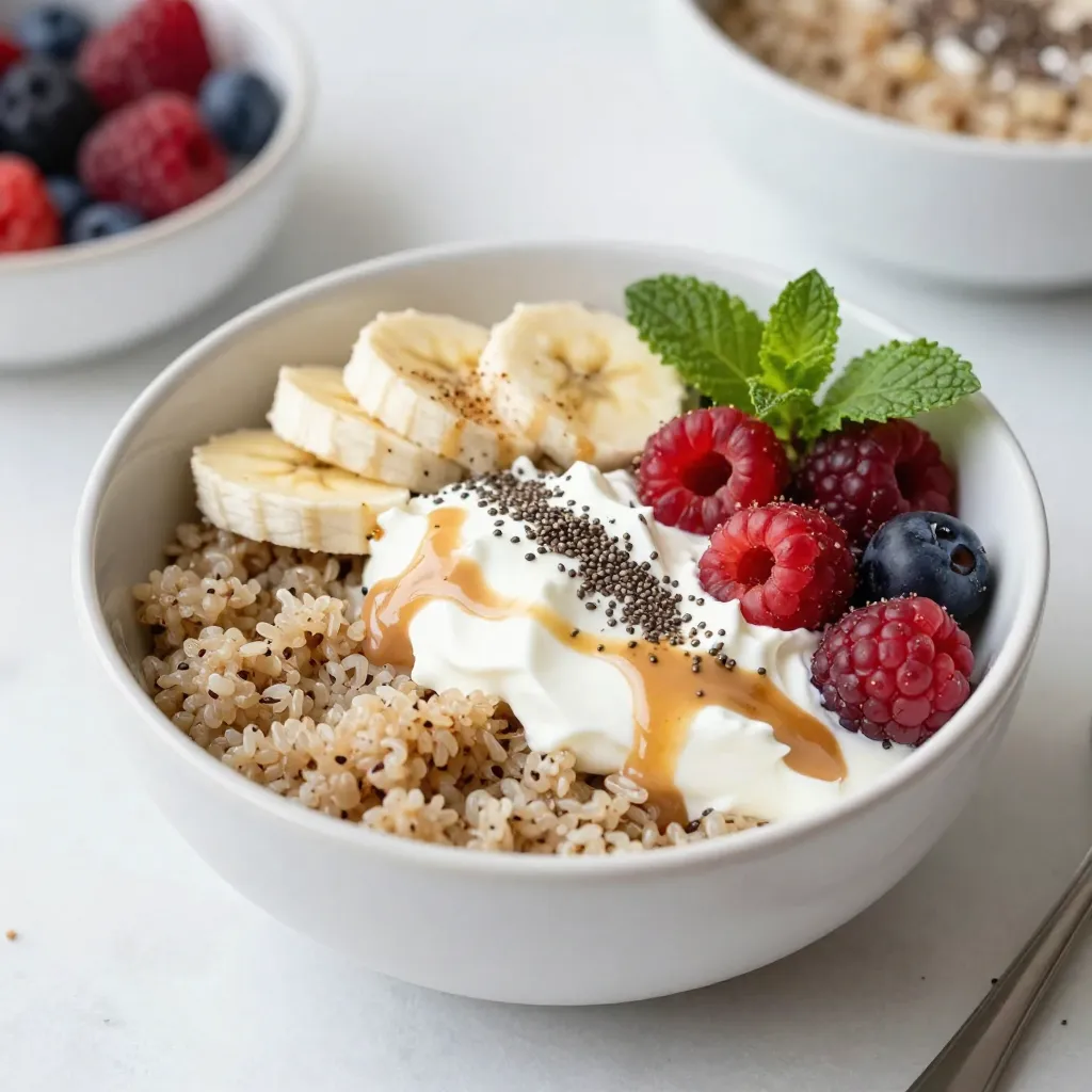 - 1 cup cooked quinoa Quinoa is a complete protein. It has all nine essential amino acids. It also has fiber, which aids digestion. - 1 cup Greek yogurt Greek yogurt is rich in protein and calcium. It helps build strong bones and muscles. Choose plain for less sugar or flavored for sweetness. - 1/2 cup cottage cheese Cottage cheese is low in fat and high in protein. It’s also a good source of calcium and can improve heart health. - 1/4 cup almond butter or peanut butter Nut butters are packed with healthy fats and protein. They give energy and flavor. Use almond butter for a lighter taste or peanut butter for a classic flavor. - 1 ripe banana, sliced into rounds Bananas are high in potassium. They provide quick energy and help with muscle function. - 1/2 cup mixed berries Berries are full of antioxidants. They help fight inflammation and are low in calories. A mix of strawberries, blueberries, and raspberries adds color and taste. - 2 tablespoons chia seeds Chia seeds are a great source of omega-3 fatty acids. They provide fiber and can help manage weight. - 1 tablespoon honey or maple syrup (optional) Honey and maple syrup add natural sweetness. They can boost flavor without refined sugar. - A pinch of ground cinnamon Cinnamon can help lower blood sugar. It adds warmth and depth to your dish. - Fresh mint leaves for garnish Mint adds a refreshing taste and a pop of color. It enhances the overall look of your breakfast bowl. - Quinoa: Use brown rice or millet for a gluten-free option. - Greek yogurt: Try dairy-free yogurt for a vegan choice. - Cottage cheese: Silken tofu can replace cottage cheese for a vegan option. - Nut butter: Sunflower seed butter is a great nut-free alternative. - Berries: Use any fruit you like, such as apples or peaches. - Chia seeds: Flaxseeds can be used instead of chia seeds. - Honey or maple syrup: Agave nectar offers a vegan sweetener choice. - Cinnamon: You can replace it with nutmeg for a different spice. - Mint leaves: Basil can serve as a unique herb replacement. {{ingredient_image_2}} To cook quinoa perfectly, rinse it first. This removes a bitter coating called saponin. Use a ratio of 2 parts water to 1 part quinoa. Bring water to a boil, then add quinoa. Reduce heat and cover. Cook for about 15 minutes until water is absorbed. Fluff it with a fork after cooking. Cooling the quinoa is key. Spread it on a plate to cool it quickly. This helps keep the texture light and fluffy. Warm quinoa can make your bowl too hot, which is not ideal. Mixing Greek yogurt and cottage cheese should be smooth. Use a whisk or a spoon to combine them. Start with the Greek yogurt, then add the cottage cheese. Stir gently until the mixture looks creamy. This will be the delicious layer in your bowl. Start with quinoa as the base. Divide it into two bowls. Next, add the yogurt mixture on top of the quinoa. Make sure to spread it evenly. This creates a lovely creamy layer. Now, drizzle almond or peanut butter over this layer. Use a spoon for an artful look. Then, add sliced bananas and mixed berries. Layer them evenly for color and flavor. Sprinkle chia seeds on top, followed by a pinch of cinnamon. This adds nutrition and a warm flavor. If you like it sweet, drizzle honey or maple syrup. Finish with fresh mint leaves for a nice touch. Your breakfast bowls are now ready to enjoy! - Storing ingredients ahead of time: Keep cooked quinoa in an airtight container in the fridge. Store Greek yogurt, cottage cheese, and nut butter in separate containers. Chia seeds and spices can stay in your pantry. This setup makes it easy to grab what you need. - Assembling bowls in advance: You can prepare your bowls the night before. Layer the quinoa, yogurt mixture, and toppings. Cover them and refrigerate. In the morning, just add fresh banana, berries, and mint. This saves time and energy for busy mornings. - Best times to enjoy the breakfast bowl: Enjoy your power-packed breakfast bowl to kickstart your day. It’s a great option for a post-workout meal, too. You can even serve it for brunch or a light lunch. - Pairing options with drinks or smoothies: Pair your bowl with a smoothie for an extra boost. A banana and spinach smoothie works well. For drinks, try almond milk or herbal tea. These options enhance your breakfast experience. - Alternative toppings or flavor enhancers: Get creative with toppings! Use different fruits like apples or mango. Add nuts or seeds for crunch. If you like more sweetness, drizzle extra honey or maple syrup. A sprinkle of cocoa powder can add a fun twist, too. Pro Tips Use Ripe Bananas: Ripe bananas not only add natural sweetness but also a creamy texture to your breakfast bowls. Mix and Match Berries: Experiment with different berries based on what's in season or your personal preference for a delightful flavor combination. Chill Your Ingredients: For a refreshing breakfast, consider chilling your yogurt and cottage cheese before assembling the bowls. Prep Ahead: Prepare your quinoa and yogurt mixture the night before to save time in the morning and make your breakfast routine effortless. {{image_4}} For a vegetarian twist, you can use plant-based yogurt instead of Greek yogurt. Options like coconut or almond yogurt work great. They add creaminess without dairy. For nut butters, try sunflower seed butter or tahini for a different flavor. These swaps keep your breakfast bowl tasty and plant-based. If you want to reduce carbs, choose low-carb sweeteners like stevia or erythritol. These sweeteners keep the flavor without the carbs. You can also swap quinoa for cauliflower rice. Cauliflower rice gives a similar texture while being much lower in carbs. This change still makes for a filling breakfast bowl. Think about adding seeds and nuts for extra crunch. Pumpkin seeds and walnuts are great choices. You can also try different fruits like kiwi or mango for sweetness. These toppings not only enhance flavor but also add nutrients. Mix and match to find your favorite combinations! To keep your breakfast bowls fresh, store them in airtight containers. Divide the components if you made extra servings. Layer the quinoa, yogurt mixture, and toppings separately. This helps maintain texture and flavor. For best results, enjoy your leftovers within three days. You can freeze some components, but not all. Cooked quinoa freezes well. Place it in a freezer-safe bag. Press out as much air as possible before sealing. You can also freeze the yogurt mixture. Use a strong container to avoid spills. Avoid freezing fresh fruits like bananas and berries, as they lose texture. When you’re ready to enjoy your bowl, thaw the quinoa in the fridge overnight. Warm it in a microwave or on the stove. For the yogurt mix, let it sit at room temperature for a few minutes before serving. Avoid reheating yogurt, as it can change the texture. Assemble your bowl fresh for the best taste! To make a high protein breakfast bowl, start with cooked quinoa. This grain is packed with protein and fiber. Next, mix Greek yogurt and cottage cheese in a bowl. This creamy mix adds even more protein. Layer this over the quinoa in a bowl. Drizzle almond or peanut butter on top for flavor and energy. Add sliced banana and mixed berries for freshness. Finally, sprinkle chia seeds and cinnamon for extra benefits. Enjoy your bowl right away for the best taste! Yes, you can prep high protein breakfast bowls in advance. Cook the quinoa and store it in the fridge. You can also mix the yogurt and cottage cheese ahead of time. Just keep these mixtures in separate containers. When you’re ready to eat, assemble your bowls. This saves time and makes mornings easier. Just add fresh fruits and nuts right before you eat! A high protein breakfast helps keep you full longer. It gives you energy for your day. Protein supports muscle growth and repair. It can also help with weight management. A meal high in protein can stabilize your blood sugar. This means no energy crashes later. Eating protein in the morning helps improve focus and mood. Yes, you can use other grains like oats or brown rice. Just remember, these grains have different cooking times. You can easily make it vegan! Use plant-based yogurt and nut butters. Swap honey for maple syrup or agave. Yes! You can top your bowl with nuts, seeds, or granola. These add crunch and flavor. In this post, we explored the best ingredients for a high-protein breakfast bowl. I shared the steps to cook quinoa and mix yogurt perfectly. You learned about layering for great taste and presentation. I provided tips on meal prep, storage, and serving. Don’t forget, you can adapt this recipe to fit your diet needs. Enjoy your breakfast bowl, filled with flavors and nutrients. These meals can energize your day and satisfy your hunger. Keep experimenting and have fun with your breakfast!