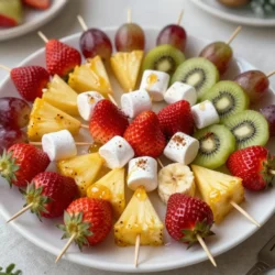 - 1 cup fresh strawberries, hulled and halved - 1 cup juicy pineapple chunks - 1 cup crisp green grapes - 1 cup sweet red grapes - 2 ripe kiwis, peeled and sliced into rounds - 1 banana, sliced into rounds - 1 cup fluffy mini marshmallows These fruits bring color and flavor to your skewers. Each fruit adds its own taste, making them fun to eat. Strawberries give a sweet bite. Pineapple adds a tropical twist. Grapes provide crunch, while kiwis offer a tangy zing. Bananas add creaminess, and marshmallows give a soft, sweet finish. - 1 tablespoon honey (optional, for drizzling) - 1 teaspoon ground cinnamon (optional, for sprinkling) Honey can sweeten your skewers naturally. A drizzle brings out all the flavors. Cinnamon adds warmth and spice. It gives a festive touch that pairs well with fruits. You can choose either wooden or bamboo skewers. Both work great, but bamboo is sturdier. It holds up well when you pack on the fruit. Wooden skewers are fine too, just check they are not too splintery. Either way, make sure they are food-safe. {{ingredient_image_2}} First, wash your fruits well under cold water. Rinse them to remove dirt and germs. Next, hull the strawberries and cut them in half. Chop the pineapple into bite-sized chunks. Peel the kiwis and cut them into neat rounds. Finally, peel and slice the banana. Place all the fruits in a large bowl. This makes it easy to grab what you need. Take a skewer, wooden or bamboo, whichever you prefer. Start by threading a strawberry half onto the skewer. Next, add a pineapple chunk. Follow this with a green grape, then a red grape. Now, slide on a kiwi slice and a banana slice. Finish off with a mini marshmallow on top. This adds a sweet touch! Repeat this process for each skewer. Make sure to leave about one inch of space on each end. If you want, drizzle some honey over your skewers for extra sweetness. Just a light touch will do! For a warm flavor, sprinkle ground cinnamon on top. This adds a nice twist to your skewers. Once done, place the skewers on a pretty platter. This makes them look festive and inviting! To make your fruit skewers shine, use a fun platter. A bright red or green plate can set a festive tone. You can also layer fruits by color. Start with red strawberries, followed by green grapes, and end with yellow pineapple. This mix creates a rainbow effect. Adding garnishes like mint or edible flowers can elevate the look. When picking fruits, look for fresh options. Choose strawberries that are bright red and firm. Pineapples should smell sweet and feel slightly soft. Grapes must be plump and crisp. Kiwis should be ripe but not mushy. Bananas should be yellow with no brown spots. For a sweet touch, add mini marshmallows. They make the skewers fun and appealing! To keep your fruits fresh, rinse them just before use. Slice bananas last, as they brown quickly. You can store fruits in the fridge in a sealed container. For extra freshness, place a damp paper towel inside. This helps keep moisture in. If you prepare skewers ahead of time, cover them with plastic wrap. Enjoy your colorful and fun treat at your festive gathering! Pro Tips Use Seasonal Fruits: Choose fruits that are in season for maximum flavor and freshness. This not only enhances taste but also supports local farmers. Mix & Match Colors: Aim for a colorful array of fruits to create a visually appealing skewer. Different colors often mean different nutrients, making your skewers both beautiful and healthy. Perfect Skewer Size: Use skewers that are about 8-10 inches long for easy handling and serving. This length allows for ample fruit without being unwieldy. Chill Before Serving: Refrigerate the assembled skewers for about 30 minutes before serving. This makes the fruit refreshing and enhances the overall taste experience. {{image_4}} You can mix and match fruits for unique flavors. Try adding mango for a tropical twist. Blueberries add a pop of color and taste great. You can also use watermelon for a juicy touch. The more colors, the more fun! Dips make skewers even better. You can serve yogurt or chocolate sauce on the side. A honey-mustard dip adds a sweet and tangy flavor. Just put the dip in small bowls and let everyone choose. You can create skewers for any holiday. For Halloween, use orange fruit like cantaloupe. For Valentine&rsquo;s Day, add heart-shaped fruit pieces. You can even use colorful marshmallows to match any theme. Let your creativity shine with every season! To keep your festive Christmas fruit skewers fresh, store them properly. Place leftover skewers in a shallow container. Cover them tightly with plastic wrap or a lid. This helps keep the fruits from drying out. Avoid stacking them too high to prevent squishing. If you have extra marshmallows, store them separately to keep them fluffy. Prepared skewers can last in the fridge for up to three days. After that, the fruits may lose their freshness and flavor. Always check for any signs of spoilage before eating. If the fruits look or smell off, it&rsquo;s best to throw them away. Keeping the skewers in good shape ensures you enjoy them longer. You can pre-assemble skewers a few hours before serving. This saves time and keeps your guests happy. Just follow these tips: - Use firm fruits that won&rsquo;t bruise easily. - Assemble the skewers and wrap them in plastic wrap. - Store them in the fridge until ready to serve. This way, you keep the colors bright and the flavors fresh, making your festive gathering a hit! Yes, you can use frozen fruits for skewers. However, they may release extra juice when thawed. This can make the skewers soggy. If you want to use frozen fruits, choose fruits that hold their shape well, like frozen strawberries or grapes. Thaw them gently before using. This way, you still get a burst of fruity flavor. To create a colorful skewer, mix bright and bold fruits. Here are some great pairs: - Strawberries add red pops. - Pineapple brings sunny yellow. - Green grapes add a fresh touch. - Kiwi gives a lovely green hue. - Banana adds a soft, creamy color. - Mini marshmallows offer fun white accents. These combinations create a rainbow effect that is pleasing to the eye. Yes, these skewers are healthy for kids. They are full of vitamins and natural sugars. Fruits like strawberries and grapes provide fiber and antioxidants. Plus, they are fun to eat! You can even let kids help make these skewers. This adds a fun activity while teaching them about healthy eating. In this post, we explored how to make delicious fruit skewers. We discussed the best fresh fruits, flavor enhancers, and types of skewers. You learned step-by-step instructions for preparing and presenting your fruit. Tips covered selecting fruits and keeping them fresh. We also shared fun variations and storage tips. Fruit skewers can be a fun treat for any occasion. Enjoy mixing colors and flavors for a tasty dish!