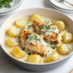 For this Creamy Herb Chicken & Potatoes, you need: - 4 boneless, skinless chicken breasts - 2 cups baby potatoes, halved - 1 cup heavy cream - 1 cup chicken broth - 2 tablespoons olive oil These ingredients form the base of the dish. The chicken provides protein, while the baby potatoes add heartiness. The heavy cream and chicken broth create the rich sauce. To boost the flavor, gather: - 1 tablespoon Dijon mustard - 1 teaspoon dried thyme - 1 teaspoon dried rosemary - 2 garlic cloves, minced - Salt and pepper to taste These seasonings bring depth and aroma. Mustard adds a slight tang, while thyme and rosemary give an earthy taste. Garlic adds a wonderful fragrance to the dish. For a fresh touch, consider: - Fresh parsley, chopped Garnishing with parsley makes the dish visually appealing. It also adds a bright, fresh flavor. Enjoy your Creamy Herb Chicken & Potatoes with this simple yet effective garnish! {{ingredient_image_2}} First, preheat your oven to 400&deg;F (200&deg;C). This step helps cook everything evenly. Next, heat olive oil in a large skillet over medium heat. While waiting, season the chicken breasts with salt and pepper. Once the oil is hot and shimmering, place the chicken in the skillet. Sear each side for 5-7 minutes. You want a nice golden brown crust. After searing, remove the chicken and set it aside on a plate. Now, it&rsquo;s time to add the baby potatoes to the same skillet. Cook them for about 3-4 minutes. Stir them occasionally. Look for them to turn golden and get a bit tender. Once they start to soften, add minced garlic, dried thyme, and dried rosemary. Saut&eacute; this mix for one more minute. This step fills your kitchen with a lovely aroma. Next, carefully pour chicken broth into the skillet. Bring this mixture to a gentle simmer. Once it's bubbling slightly, stir in the heavy cream and Dijon mustard. Mix everything well until it's smooth and creamy. This sauce adds rich flavor to the chicken and potatoes. Return the seared chicken to the skillet. Nestle it between the potatoes for even cooking. Now, transfer the whole skillet to your preheated oven. Bake for 20-25 minutes. The chicken should reach an internal temperature of 165&deg;F (74&deg;C). After baking, take the skillet out and let it rest for a few minutes. Garnish with fresh parsley before serving to add a touch of color. To achieve juicy chicken, use a meat thermometer. Cook the chicken until it reaches 165&deg;F (74&deg;C). This guarantees safety and taste. Searing first adds flavor and a nice crust. Always let the chicken rest for a few minutes before serving. This helps keep the juices inside. You can change the cream in this recipe. Use sour cream or Greek yogurt for a tangy twist. For a lighter option, try coconut milk or cashew cream. You can also add cheese, like Parmesan, for extra richness. Fresh herbs, like basil or chives, can enhance flavor too. Experiment to find your favorite mix! This recipe serves four, but you can easily adjust it. To serve two, cut the ingredients in half. For larger groups, simply double everything. Use a bigger skillet to cook more chicken and potatoes. Keep the cooking times the same, but check the chicken's temperature to ensure it's done. Pro Tips Resting the Chicken: Allow the chicken to rest for a few minutes after baking. This helps the juices redistribute, making the meat more tender and flavorful. Choosing Potatoes: For best results, use small, waxy potatoes like baby Yukon Golds or red potatoes. They hold their shape well during cooking. Customizing Herbs: Feel free to experiment with fresh herbs if you have them. Fresh thyme and rosemary can elevate the flavor even further. Serving Suggestions: This dish pairs wonderfully with a side of steamed green vegetables or a fresh salad to balance the richness of the cream. {{image_4}} You can use many types of potatoes for this dish. Baby potatoes are great, but you can try others too. Yukon Golds add a creamy texture when cooked. Red potatoes hold their shape well and have a nice color. If you want a twist, use sweet potatoes for a hint of sweetness. Just remember to adjust the cooking time based on the potato type. If you want to switch up the protein, chicken is not the only option. Try turkey breasts for a leaner choice. Pork chops work well too; they soak up the creamy sauce nicely. For a vegetarian option, use hearty mushrooms. Portobello mushrooms can stand in for chicken and add rich flavor. Adjust the cooking time based on the protein you choose for best results. You can make this dish lighter or dairy-free if needed. Substitute heavy cream with coconut cream for a dairy-free option. Cashew cream is another great substitute; it adds a nutty flavor. If you want to cut calories, use low-fat milk or a mix of milk and broth. You could also skip the cream and use a broth-based sauce with herbs for flavor. To store leftovers, let the dish cool first. Transfer the chicken and potatoes to an airtight container. Make sure to cover it well to keep moisture in. Refrigerate them for up to three days. This keeps your meal fresh and ready for later. When you're ready to enjoy your leftovers, you can reheat them easily. Place the chicken and potatoes in a skillet over medium heat. Add a splash of chicken broth to keep it moist. Heat for about 5-10 minutes, stirring gently. You can also use the microwave. Place the dish in a microwave-safe bowl, cover it, and heat for 2-3 minutes. If you want to freeze this dish, make sure it cools completely first. Store the chicken and potatoes in a freezer-safe container. You can freeze them for up to three months. To serve later, thaw it in the fridge overnight before reheating. This keeps the flavors intact and ensures a delicious meal. You can use milk mixed with butter. Combine 3/4 cup of milk with 1/4 cup of melted butter. This mix is thicker than regular milk. It works well in many recipes. You can also try coconut cream for a dairy-free option. Yes, you can prepare this dish ahead of time. Cook the chicken and potatoes as directed. After cooking, let it cool. Store it in an airtight container in the fridge. When you are ready to eat, gently reheat it in the oven. To keep chicken juicy, do not overcook it. Use a meat thermometer to check the internal temperature. It should reach 165&deg;F (74&deg;C). Searing the chicken helps lock in moisture. Let the chicken rest before slicing. This allows the juices to redistribute. This blog post covered all you need to create a tasty dish. We discussed main ingredients, flavor enhancers, and optional garnishes. I shared step-by-step instructions to guide your cooking. You learned tips for perfect chicken, flavor variations, and how to adjust serving sizes. We also explored storage options to help with leftovers. My final thought: cooking can be fun and easy. With practice, you&rsquo;ll get better each time. Enjoy trying new flavors and techniques!