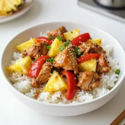 - Chicken Breast and Rice Essentials - 2 boneless chicken breasts, cut into bite-sized pieces - 1 cup jasmine rice - 1 cup chicken broth - Flavor Enhancers - 1 tablespoon soy sauce - 1 tablespoon sesame oil - 1 tablespoon honey - Salt and pepper, to taste - Fresh Produce Components - 1 cup pineapple chunks (either fresh or canned) - 1/2 cup bell peppers, diced (mix of red and yellow for color) - 1/2 cup green onions, finely chopped - 2 cloves garlic, minced - 1 tablespoon fresh ginger, grated Gathering these ingredients makes this dish stand out. The chicken and rice form a solid base. The pineapple adds sweetness and tang. The bell peppers bring crunch and color. Fresh garlic and ginger add warmth and depth. Soy sauce and honey tie all the flavors together. Using jasmine rice makes this meal fragrant and light. Combine all these elements for a delightful dinner! Don't forget the sesame seeds for garnish. They add a nice touch to the final dish. {{ingredient_image_2}} Heating the Pan and Adding Aromatics Start by heating a large skillet over medium heat. Add one tablespoon of sesame oil. Once it gets warm, toss in two cloves of minced garlic and one tablespoon of grated ginger. Saut&eacute; for one to two minutes. You want the kitchen to smell great, but don&rsquo;t let the garlic burn. Cooking the Chicken Pieces Next, add two boneless chicken breasts, cut into bite-sized pieces. Season them with salt and pepper. Cook the chicken for about five to seven minutes. Stir occasionally to brown all sides. Make sure the chicken is cooked through before moving on. Saut&eacute;ing the Bell Peppers Once the chicken is ready, add half a cup of diced bell peppers. I like to use a mix of red and yellow for color. Saut&eacute; everything together for another three minutes. You want the peppers to soften but still hold their shape. Adding Pineapple and Seasonings Now, it&rsquo;s time to add one cup of pineapple chunks to the skillet. You can use fresh or canned, depending on what you have. Pour in one tablespoon of soy sauce and one tablespoon of honey. Stir everything well to combine. Cooking the Mixture Let the mixture cook for about two to three more minutes. This helps all the flavors blend together and heat through. You will notice the sweet and savory aroma filling your kitchen. Boiling and Simmering Process While your chicken mix simmers, take a separate pot. Combine one cup of jasmine rice with one cup of chicken broth. Bring this to a vigorous boil. Once boiling, reduce the heat to low. Cover the pot and let it simmer for about 15 minutes. Fluffing the Rice After 15 minutes, the rice should be tender. Remove the pot from heat and let it sit for a few minutes. Then, fluff it gently with a fork. This will help separate the grains, making it light and fluffy. Now you&rsquo;re ready to serve your delicious pineapple chicken on a bed of rice! Tips for Seasoning Chicken To make your chicken shine, use salt and pepper. I like to season my chicken well. This brings out its natural taste. You can also add garlic or ginger for more flavor. Marinating the chicken in soy sauce for a bit will add depth. Choosing the Right Pineapple Fresh pineapple offers a bright, tangy flavor. If you use canned pineapple, choose one in juice, not syrup. This keeps the dish from being too sweet. Look for pineapple chunks that are vibrant and firm. Best Practices for Cooking Rice For perfect jasmine rice, use a 1:1 ratio of rice to chicken broth. Bring it to a boil, then reduce heat. Cover and simmer for about 15 minutes. This way, the rice becomes fluffy and absorbs all the flavor. Ensuring Chicken is Cooked Through Make sure your chicken pieces are cooked all the way. They should be golden and juicy. Use a meat thermometer to check. Chicken should reach an internal temperature of 165&deg;F. This ensures it is safe to eat. Serving Suggestions Serve your dish in a big bowl for family-style dining. This makes it easy for guests to help themselves. I like to layer the rice first, then top it with the chicken. Garnishing Ideas Garnish with green onions for a pop of color. A sprinkle of sesame seeds adds a nice crunch. You can also add a slice of fresh pineapple or a sprig of cilantro to make it pretty. Pro Tips Use Fresh Pineapple: Fresh pineapple adds a vibrant flavor and texture to the dish, making it even more delightful compared to canned options. Marinate the Chicken: For extra flavor, marinate the chicken in soy sauce and ginger for at least 30 minutes before cooking. Fluff the Rice: Fluff the rice gently with a fork after cooking to keep it light and airy, ensuring a perfect base for your chicken. Garnish Creatively: Experiment with garnishes like cilantro or lime wedges to enhance not just the flavor but also the presentation of your dish. {{image_4}} Alternatives for Chicken If you want to switch up the protein, try using shrimp or tofu. Both pair well with the sweet pineapple. You can also use cooked rotisserie chicken for a faster option. Just add it at the end to warm it up. Using Different Rice Types While jasmine rice is great, you can use brown rice for extra fiber. Quinoa is a fun option too, giving a nutty taste. Just remember, cooking times may vary. Always check the package for guidance. Adding Heat with Spices If you like spice, add a pinch of red pepper flakes or chili powder. This will give your dish a nice kick. You can also use fresh jalape&ntilde;os for a fresh touch. Incorporating Other Vegetables Don&rsquo;t stop at bell peppers! You can add broccoli, snap peas, or carrots for more color and crunch. Just stir them in while cooking the chicken. They will add nutrition and flavor. - Store leftovers in an airtight container. - Keep the container in the fridge for up to three days. To reheat, place the chicken and rice in a microwave-safe dish. Add a splash of chicken broth or water to keep it moist. Cover it with a damp paper towel. Heat on high for 1-2 minutes, stirring halfway through. Check that it's hot all the way through before serving. - You can freeze this dish for up to three months. - Allow the meal to cool completely before freezing. To freeze, portion the chicken and rice into freezer-safe bags or containers. Squeeze out as much air as possible. When ready to eat, thaw the dish overnight in the fridge. To reheat, follow the same steps as above for the microwave or heat it in a skillet over low heat. Stir often, adding a bit of liquid if needed. Enjoy your meal as if it was just made! Can I use brown rice instead of jasmine rice? Yes, you can use brown rice. It adds a nutty flavor and is healthy. Just remember, brown rice takes longer to cook. You need about 40-45 minutes instead of 15 minutes. How can I make this recipe gluten-free? To make it gluten-free, switch the soy sauce for a gluten-free version. Look for tamari or coconut aminos. They both taste great and keep the dish yummy. What's the best way to serve pineapple chicken? Serve pineapple chicken over fluffy rice. You can use a large bowl so everyone can help themselves. Garnish with green onions and sesame seeds for a colorful touch. How long does this recipe take to prepare and cook? This recipe is quick! It takes about 10 minutes to prep and around 20 minutes to cook. In total, you can have a delicious dinner ready in about 30 minutes. Enjoy your meal! You now know how to make tasty pineapple chicken and rice. We covered the key ingredients, cooking steps, and handy tips for a perfect dish. Remember to keep your chicken juicy and your rice fluffy. Don&rsquo;t forget the fun variations you can try! Lastly, store any leftovers safely to enjoy later. Cooking can be simple and enjoyable. With practice, you&rsquo;ll impress everyone with your meals. Enjoy your cooking journey!