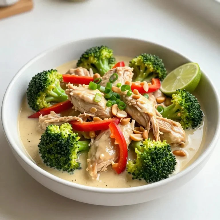 - 2 lbs boneless, skinless chicken thighs - 1 cup creamy coconut milk - 1/2 cup peanut butter (smooth or crunchy) - 1/4 cup soy sauce (or tamari for gluten-free) - 1 large red bell pepper, thinly sliced - 1 cup fresh broccoli florets - 1/2 cup green onions, chopped (for garnish) - 2 tablespoons red curry paste - 1 tablespoon packed brown sugar - 3 cloves garlic, finely minced - 1 tablespoon fresh ginger, grated Gather these ingredients before you begin. Each one plays a vital role in making the dish rich and flavorful. The chicken thighs provide a tender base. Coconut milk and peanut butter create a creamy sauce. Soy sauce adds depth. The red curry paste brings a kick. Fresh veggies add color and crunch. This mix makes for a delightful meal everyone will enjoy. {{ingredient_image_2}} To start, grab a medium bowl. Add 1 cup of creamy coconut milk and 1/2 cup of peanut butter. Whisk them together until smooth. Next, mix in 1/4 cup of soy sauce and 2 tablespoons of red curry paste. These add great flavor! Don’t forget to add 3 cloves of minced garlic and 1 tablespoon of grated fresh ginger. Whisk until everything is well combined. Take 2 lbs of boneless, skinless chicken thighs. Arrange them evenly in the bottom of your crockpot. Pour the smooth peanut sauce over the chicken. Make sure every piece is well coated. Now, layer 1 large sliced red bell pepper and 1 cup of fresh broccoli florets on top. This adds color and crunch! Secure the lid on your crockpot. Set it to cook on low for 6-7 hours or on high for 3-4 hours. Check the chicken for doneness; it should be tender enough to shred easily. When the time is up, use two forks to shred the chicken right in the crockpot. Mix the chicken with the sauce and vegetables for a tasty meal. - For peanut butter, always choose smooth or crunchy based on your taste. - Fresh produce makes a big difference in flavor. Use vibrant red bell pepper and firm broccoli. - The chicken is done when it shreds easily with two forks. - To shred chicken, use two forks and pull apart the meat in opposite directions. - Add spices like cayenne or paprika for a kick. - Adjust the heat by adding more or less red curry paste. Pro Tips Choose Your Chicken Wisely: For the best flavor and texture, opt for boneless, skinless chicken thighs as they remain tender and juicy throughout the cooking process. Peanut Butter Preference: Use creamy peanut butter for a silky sauce or crunchy for added texture. Both will provide a deliciously nutty flavor! Customize the Veggies: Feel free to add or substitute other vegetables like snap peas or carrots to make the dish your own while keeping it colorful and nutritious. Garnish for Flavor: Don't skip the garnishes! Chopped green onions, roasted peanuts, and lime wedges enhance the dish with freshness and crunch. {{image_4}} You can change the main protein in this dish to suit your taste. - Substituting chicken for tofu: Tofu works well in this recipe. Use firm tofu and press it to remove extra water. Cut it into cubes and follow the same steps as the chicken. The sauce will soak into the tofu, giving it a rich flavor. - Using shrimp or beef options: Shrimp cooks quickly. Add it during the last hour of cooking. For beef, use thin slices of flank steak. Add it at the start so it becomes tender. You can easily make this meal plant-based. - Omitting animal products completely: Skip the chicken and use tofu as mentioned. You can also add more veggies. This keeps the dish hearty and satisfying. - Substituting with plant-based ingredients: Replace the chicken with mushrooms or tempeh. Use vegetable broth instead of chicken broth for a deeper flavor. Adding or swapping ingredients can change the taste. - Adding different vegetables: Feel free to toss in carrots, snap peas, or zucchini. These add color and crunch to the dish. - Using alternative sauces or seasonings: Try using almond butter instead of peanut butter. You can also switch the soy sauce for coconut aminos for a sweeter taste. To store leftovers, place the chicken in an airtight container. Make sure it cools first. Seal it tightly to keep out air and moisture. You can store the leftovers in the fridge for up to four days. This way, the flavors remain fresh and tasty. To freeze the dish, let it cool completely before packing. Use freezer-safe bags or containers. Ensure you remove as much air as possible. This helps prevent freezer burn. You can freeze it for up to three months. When you want to enjoy it again, thaw in the fridge overnight. Reheat it in a pot on the stove or in the microwave. For reheating, heat it gently on low to avoid overcooking. Stir occasionally to ensure even heating. Serve with steamed rice or noodles for a full meal. Adding fresh veggies on the side gives a nice crunch. Don’t forget to garnish with green onions and peanuts for extra flavor! It takes about 6 to 7 hours on low. If you choose high, it takes 3 to 4 hours. Either way, the chicken should be tender and ready to shred. This long cooking time helps the flavors blend well. Yes, you can! Use tamari instead of soy sauce. Tamari is a gluten-free option. Check other ingredients for hidden gluten. Many brands offer gluten-free peanut butter and red curry paste. I recommend rice or noodles as a base. You can also serve it with fresh veggies or a salad. Lime wedges add a nice touch. Chopped peanuts and green onions make great toppings too. Enjoy this meal with friends or family for a fun dinner! This blog post covered the delicious Crockpot Thai Peanut Chicken. We explored key ingredients like chicken thighs, coconut milk, and peanut butter. Then, we walked through easy steps to prepare the dish and shared tips for choosing the best ingredients. You can try new protein options and adjust flavors as you like. Store your leftovers safely to enjoy later. With this guide, you'll create tasty meals that please everyone. Dive into the kitchen and make this recipe shine!