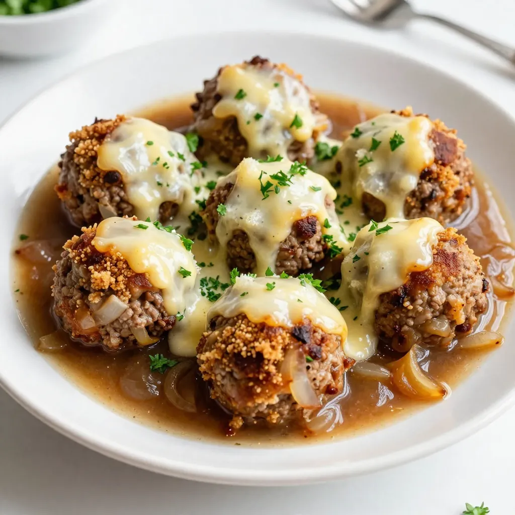 - 1 lb ground beef - 1 cup French onions (caramelized) - 1/2 cup breadcrumbs - 1/4 cup grated Parmesan cheese - 1 large egg - 2 cloves garlic, finely minced - 1 teaspoon dried thyme - 1 cup shredded Gruyère cheese For this French Onion Meatballs recipe, you need ground beef as the base. It gives the meatballs a rich flavor. Caramelized onions add sweetness and depth. You can use store-bought or make your own. Next, breadcrumbs help bind the meatballs. They give a nice texture. Grated Parmesan cheese adds a salty kick. The egg holds everything together. For flavor, I use garlic and thyme. They bring warmth to the dish. Gruyère cheese is the star topping. It melts beautifully and adds creaminess. Gather these ingredients, and you’re ready to create a comforting meal. The blend of flavors will surely impress anyone you serve! {{ingredient_image_2}} - Preheat the oven to 400°F (200°C). - Line a baking sheet with parchment paper. - In a large bowl, combine 1 pound of ground beef and 1 cup of caramelized onions. - Add 1/2 cup of breadcrumbs, 1/4 cup of grated Parmesan cheese, and 1 large egg. - Toss in 2 minced garlic cloves, 1 teaspoon of dried thyme, and salt and black pepper to taste. - Mix everything with your hands until well combined. - Shape the mixture into small meatballs, about 1 to 1.5 inches in size. - Place each meatball on the lined baking sheet, leaving space between them. - Bake the meatballs for 20 minutes until they are golden and cooked through. To make your meatballs tender, use a mix of meat and fat. This adds flavor and moisture. Lean ground beef can be dry. Try a blend with some fat content, like 80/20 beef. Do not overmix your meatball mixture. Mixing too much makes them tough. Just mix until you see no dry spots. This helps keep them light and fluffy! For perfect caramelized onions, cook them low and slow. Use medium heat and take about 20-30 minutes. Stir them often to avoid burning. The goal is a golden brown color and sweet flavor. You can choose store-bought or homemade caramelized onions. Store-bought saves time, but homemade tastes fresher. If you have time, I suggest making them from scratch. You’ll love the flavor boost! Serve your meatballs with crusty bread or creamy mashed potatoes. They pair well with these sides, especially on a chilly night. If you have leftovers, reheat them gently. Avoid the microwave as it can dry them out. Instead, warm them on the stove in a pan with a splash of beef broth. This keeps them moist and flavorful! Pro Tips Use Fresh Ingredients: Always opt for the freshest ground beef and high-quality cheese for the best flavor in your meatballs. Customize Your Seasoning: Feel free to adjust the spices and herbs according to your taste. Adding a pinch of cayenne pepper can give it a nice kick! Don’t Overmix: When combining ingredients, mix just until combined. Overmixing can make the meatballs tough. Broil for Perfect Cheese: Keep an eye on the broiler while melting the cheese, as it can burn quickly. You want it bubbly and golden, not charred. {{image_4}} You can change up the meat in this recipe. Ground turkey or chicken works well. These options make the dish lighter but still tasty. For a vegetarian twist, use lentils or mushrooms. Both are hearty and soak up the flavors nicely. Adding different cheeses can boost the taste. Mozzarella or cheddar can make your meatballs creamier. You can also mix in herbs or spices. Try adding rosemary or paprika for more depth. This small change can take your dish to the next level. There are many fun ways to serve these meatballs. You can make meatball subs. Just place them in a bun with some broth. They also pair well with pasta or rice. This makes a full meal that everyone will love. Don’t forget to add a sprinkle of fresh parsley for color! To keep your French onion meatballs fresh, store them in an airtight container. Make sure the meatballs cool to room temperature first. They will last in the fridge for up to three days. Always label your container with the date so you know when to use them. You can freeze meatballs before or after cooking. If you freeze them raw, shape the meatballs and place them on a baking sheet. Freeze until solid, then transfer them to a freezer bag. For cooked meatballs, let them cool before placing them in a container. They will stay fresh for up to three months. To reheat, bake them at 350°F (175°C) until hot, about 20 minutes. You can also microwave them for a quicker option. When thawing frozen meatballs, do it in the fridge overnight. This keeps them safe. If you need them fast, you can microwave them on low. Always reheat meatballs to an internal temperature of 165°F (74°C). Use glass or BPA-free plastic containers for storage. They are safe and won’t leach chemicals. Yes, you can! Gruyère adds a nice nutty flavor, but other cheeses work well too. Try mozzarella for a creamy melt or cheddar for a sharp taste. You can also use Swiss cheese for a similar flavor profile. Each will give your meatballs a different twist. Making these meatballs gluten-free is simple. Swap regular breadcrumbs for gluten-free breadcrumbs. You can also use crushed gluten-free crackers. Just check the labels for any hidden gluten. This way, everyone can enjoy this tasty dish. Absolutely! You can make meatballs a day ahead. Just prepare them, then store in the fridge. They will stay fresh in an airtight container. When you're ready to cook, bake them as instructed. This makes it easy to enjoy a delicious meal with less stress. In this post, we explored how to make tasty French Onion Meatballs. You learned about key ingredients, like beef and caramelized onions, as well as how to shape and bake them. We also shared tips for making them tender, variations for different diets, and storage advice. With these easy steps and tips, you can impress your family and friends with this delicious dish. Enjoy making and sharing your French Onion Meatballs!