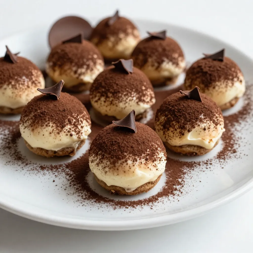 - 1 cup mascarpone cheese - 1 cup heavy cream - 1 cup crushed ladyfinger cookies - 2 tablespoons espresso powder - 3 tablespoons powdered sugar - 1 teaspoon vanilla extract - 1 tablespoon cocoa powder (for rolling) - Dark chocolate shavings (for garnish) Mascarpone cheese adds a rich and creamy base. If you cannot find it, you can use cream cheese. Mix it with a bit of sour cream for a similar taste. Heavy cream gives the truffles a light texture. If you want a lighter option, use half-and-half, but the truffles may be less fluffy. Ladyfinger cookies provide a lovely crunch. If you want to avoid gluten, use gluten-free cookies. Espresso powder gives that classic coffee flavor. You could use instant coffee if that’s what you have. Just make sure to mix it well so it dissolves. When buying mascarpone, look for brands with simple ingredients. A good heavy cream should have at least 36% fat. Check that the ladyfingers are fresh and crisp. For espresso powder, choose a brand that has a rich flavor. Always go for pure vanilla extract, as it adds depth to the truffles. Visit local farmers' markets for fresh ingredients, especially for cream. This can enhance the overall taste of your truffles. If you can, buy organic. This ensures you are getting quality products that are better for you and the planet. {{ingredient_image_2}} To make tiramisu truffles, you start with heavy cream. In a mixing bowl, whip the cream until soft peaks form. This takes about 3 to 5 minutes. Set the whipped cream aside. In another bowl, mix the mascarpone cheese with crushed ladyfinger cookies, espresso powder, powdered sugar, and vanilla extract. Use a spatula to blend these until smooth. Next, fold the whipped cream into the mascarpone mixture. Be gentle to keep it airy. Mix until you see no white streaks. After that, cover the bowl with plastic wrap and chill it in the fridge for at least 1 hour. This step helps the mixture firm up. Once chilled, scoop out portions of the mixture with a tablespoon. Roll each portion into small balls, about 1 inch wide. Then, spread cocoa powder on a plate. Roll each truffle in the cocoa powder to coat them fully. Finally, place the truffles in a serving container. For a nice touch, sprinkle dark chocolate shavings on top. Chill the truffles for another 30 minutes before serving. The key to great truffles is in the folding technique. Gently fold the whipped cream into the mascarpone mixture. This keeps the truffles light and fluffy. If you mix too hard, you'll lose that airy texture. Another tip is to chill the mixture well. This makes it easier to scoop and shape the truffles. Using high-quality ingredients also makes a big difference. Good mascarpone cheese and fresh espresso powder will enhance the flavors. Chilling time is crucial in this recipe. It helps the mixture set and makes it easier to shape. If you skip this step, your truffles might be too soft. After rolling them in cocoa powder, chilling again helps the flavors blend. It also firms them up for a better texture. So, don’t rush this part! To get the best texture, whip the cream until soft peaks form. This takes about 3-5 minutes. Soft peaks give the truffles a light and airy feel. When mixing in the whipped cream, fold gently. This keeps the truffles from becoming heavy. Make sure the mascarpone mixture is smooth before folding in the cream. If your truffles are too soft, they may need more chilling time. Place them in the fridge for about 30 minutes to firm up. If they crumble, your mixture may be too dry. Add a bit more mascarpone or cream to fix this. If the cocoa powder does not stick, roll the truffles again in the cocoa after chilling. Store any leftover truffles in an airtight container in the fridge. They stay fresh for up to 5 days. For longer storage, you can freeze them. Just make sure to wrap them well. Thaw truffles in the fridge before enjoying them again. This keeps their texture and taste intact. Pro Tips Chill Your Tools: Place your mixing bowl and beaters in the refrigerator for 10-15 minutes before whipping the cream. This helps the cream whip faster and achieve better volume. Ladyfinger Quality Matters: Use fresh ladyfinger cookies for the best texture and flavor. Stale cookies can lead to a drier truffle mixture. Experiment with Flavors: Add a splash of coffee liqueur or flavored extracts like almond or hazelnut to the mascarpone mixture for a unique twist on classic tiramisu flavors. Storage Tips: Keep the truffles in an airtight container in the refrigerator for up to a week. For longer storage, freeze them, but roll in cocoa powder only before serving. {{image_4}} You can add fun flavors to your tiramisu truffles. For a zesty twist, try adding orange zest. This brightens the taste and gives a fresh kick. Mix in about one teaspoon of finely grated zest. Another idea is to add a splash of amaretto. Just a tablespoon can enhance the nutty flavor. Be careful not to add too much. You want the coffee taste to shine through. Make your truffles look even more appealing with creative toppings. You can roll them in crushed nuts or sprinkles for a fun look. Dark chocolate shavings add a touch of elegance. Place the truffles in a decorative box for gifting. You can also serve them on a rustic wooden platter lined with parchment paper. Drizzle some melted chocolate over the top for a beautiful finish. If you're looking for vegan options, you can swap out the mascarpone cheese. Use a vegan cream cheese or cashew cream instead. For the heavy cream, opt for coconut cream. This keeps the richness while making it dairy-free. Use vegan ladyfinger cookies for the base. These changes let everyone enjoy delicious tiramisu truffles. After making your tiramisu truffles, you should store them in the fridge. Place them in an airtight container to keep them fresh. This container prevents moisture and odors from affecting the taste. Make sure to layer parchment paper between the truffles if they touch. This helps avoid sticking and keeps them looking nice. You can also freeze tiramisu truffles. First, let them chill in the fridge for 30 minutes. Once firm, place them on a baking sheet in a single layer. Freeze until solid, then transfer them to a freezer-safe bag. Write the date on the bag for easy tracking. They can last up to three months in the freezer. When ready to eat, thaw them in the fridge overnight. Tiramisu truffles will stay fresh in the fridge for about five days. Keep an eye on their appearance. If they start to look dry or lose their flavor, it’s time to discard them. To enjoy the best taste, eat them within the first few days. Always check for any off smell or changes in texture before eating, as this ensures you enjoy them at their best. Yes, you can make Tiramisu Truffles ahead of time. They taste even better after a day in the fridge. Just follow the full recipe and chill them properly. You can store them in an airtight container. This keeps them fresh for up to a week. The flavors blend and deepen, making them extra tasty. If you don't have mascarpone cheese, you can use cream cheese. Mix it with a bit of heavy cream for a similar texture. Ricotta cheese is another option. Just blend it well to make it smooth. This way, you still get a creamy filling. Each option gives a unique flavor twist to the truffles. Yes, Tiramisu Truffles are suitable for kids, but with a note. They contain espresso powder, which has caffeine. If you prefer, you can omit the espresso or use decaf. The truffles will still taste good without the coffee flavor. Kids will enjoy the sweet, creamy taste and chocolate coating. You now have all the tools to make perfect Tiramisu truffles. We covered the key ingredients, helpful tips, and step-by-step instructions. Remember, chilling is important for the best texture. Explore variations to match your taste, and don’t forget these truffles freeze well. Lastly, I hope you feel ready to impress friends and family with your delicious creations. Enjoy making Tiramisu truffles today!