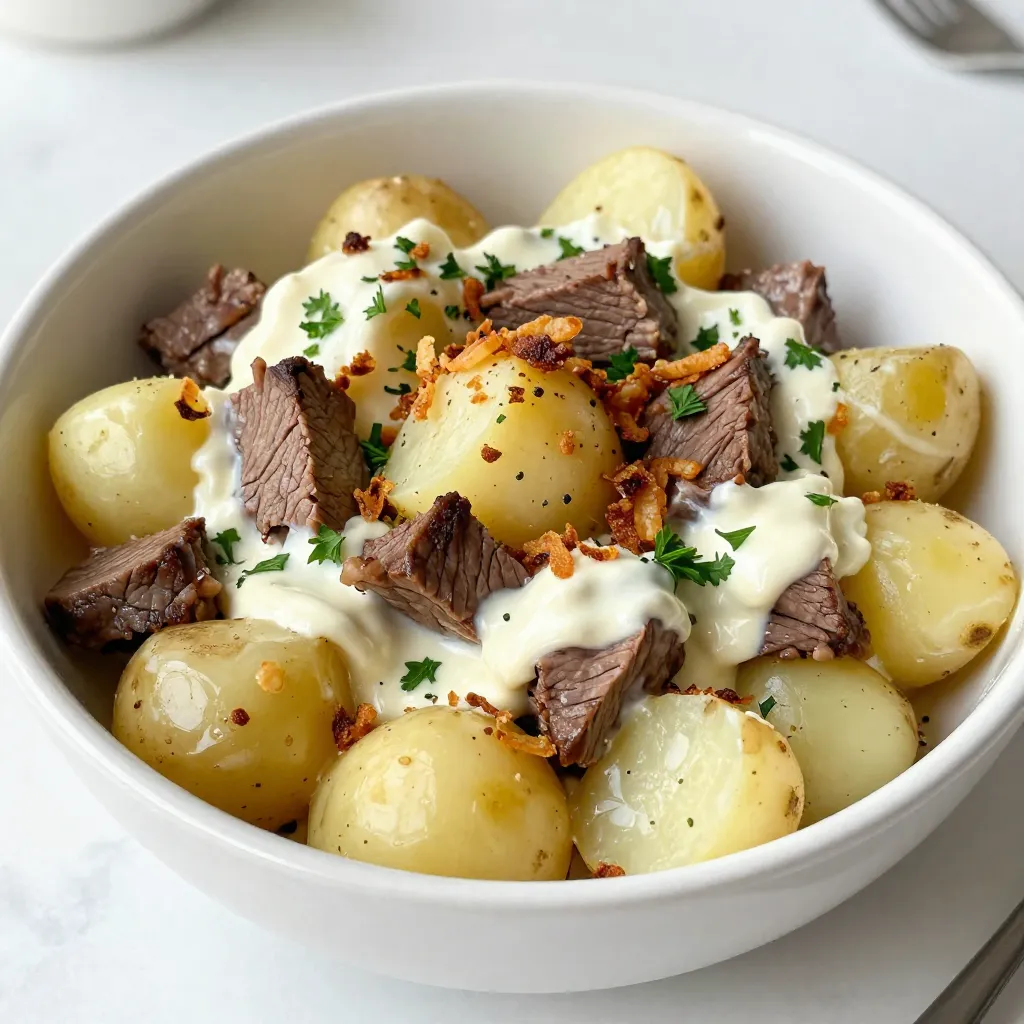 - 2 pounds baby Yukon gold potatoes, halved - 1/2 cup sour cream - 1/4 cup mayonnaise - 1 cup cooked steak, chopped into bite-sized pieces Baby Yukon gold potatoes are perfect for this dish. Their creamy texture shines when cooked. Sour cream and mayonnaise create a rich dressing that ties everything together. Chopped steak adds a savory touch and makes this salad hearty. - 4 green onions, finely chopped - 1/2 cup crispy fried onions - Salt and pepper to taste - Fresh parsley, chopped (for garnish) Green onions give the salad a fresh crunch. Crispy fried onions add texture and flavor. Seasoning with salt and pepper enhances every bite. Garnishing with fresh parsley makes the dish look appealing. This potato salad is more than just a side; it’s a meal on its own. The blend of flavors and textures makes it satisfying. You’ll love how easy it is to make and how great it tastes. {{ingredient_image_2}} Boiling Method Start by boiling the baby Yukon gold potatoes. Place the halved potatoes in a big pot. Cover them with cold salted water. Heat the pot on medium-high until the water boils. Once boiling, lower the heat to medium. Let the potatoes cook until they are fork-tender, about 15 to 20 minutes. Cooling Technique After cooking, drain the potatoes in a colander. Let them cool for a few minutes. This step helps prevent the dressing from getting too warm. Mixing Ingredients In a mixing bowl, combine sour cream, mayonnaise, Dijon mustard, and apple cider vinegar. Add a pinch of salt and pepper. Use a whisk to mix until smooth and creamy. Achieving the Right Consistency You want the dressing to be thick but pourable. If it feels too thick, add a tiny splash of water or vinegar. Taste it to make sure the flavor is just right. Folding Techniques In a large bowl, add the cooled potatoes, chopped steak, and green onions. Pour the dressing over everything. Use a spatula to gently fold the ingredients together. Be careful not to mash the potatoes. Adjusting Flavor After folding, taste the salad. If it needs more flavor, add more salt and pepper. You can also add extra steak or onions if you want. Cooking Time for Potatoes To get perfect potatoes, cook them for 15 to 20 minutes. Start with cold, salted water. Bring it to a boil, then reduce the heat. When they are fork-tender, they are done. Don't overcook them, or they will be mushy. Creaminess of Dressing The dressing makes the salad creamy. Mix sour cream, mayonnaise, Dijon mustard, and apple cider vinegar. Whisk until smooth. If you want it creamier, add more sour cream. Adjust the flavors with salt and pepper for the best taste. Presentation Tips Serve your salad in a beautiful dish. Top it with fresh parsley and crispy fried onions. This adds color and texture. A nice presentation makes your dish more appetizing. Pairing Ideas This salad pairs well with grilled meats. Serve it alongside steak, chicken, or burgers. It also goes great with fresh bread or corn on the cob. Overcooking Potatoes Overcooked potatoes ruin the salad. They become mushy and lose their shape. Keep an eye on them while they cook to avoid this mistake. Dressing Ratio Issues Using too much dressing makes the salad soggy. Start with the recommended amounts. You can always add more later if needed. Balance is key for the best flavor and texture. Pro Tips Choose the Right Potatoes: Yukon gold potatoes are creamy and hold up well in salads, but you can also use red potatoes for a slightly different texture and flavor. Chill Before Serving: For the best flavor, let the potato salad chill in the refrigerator for at least an hour. This allows the flavors to meld beautifully. Customize Your Steak: Feel free to experiment with different cuts of steak or even leftover grilled steak for a more robust flavor in your salad. Add Extra Veggies: Consider adding diced bell peppers, celery, or pickles to enhance the texture and flavor of your potato salad. {{image_4}} Vegan Options You can make a vegan version of steakhouse potato salad. Start by using vegan mayonnaise and a plant-based sour cream. Swap the steak for marinated grilled mushrooms or jackfruit. These options will give you a satisfying texture and flavor without meat. Gluten-Free Alternatives This recipe is mostly gluten-free. Just ensure your mayonnaise and any added ingredients are gluten-free. You can also use fresh herbs for extra flavor without added gluten. Additional Ingredients To boost flavor, consider adding diced pickles or celery for crunch. You might also try adding a little smoked paprika for a nice kick. For a zestier taste, mix in some chopped dill or capers. Spice Variations If you love heat, add some diced jalapeños or a dash of hot sauce. You can also sprinkle in your favorite spices, like garlic powder or onion powder. These small changes can make your salad unique. Serving in Individual Cups For a fun twist, serve the potato salad in small cups. This works great for parties or picnics. Each guest gets their own portion, making it easy to grab and eat. Creative Garnishing Ideas Garnish your salad with fresh herbs or extra crispy onions. You can even use a sprinkle of paprika for color. A few cherry tomatoes on the side can add a pop of color too. - Place the potato salad in an airtight container. - Store it in the fridge right away. Using the right container helps keep the flavors fresh. I always recommend glass or plastic containers with tight lids. This keeps out air and moisture. - It lasts about 3 to 5 days in the fridge. - Look for off smells or changes in texture. If you notice the salad looks watery or has an odd smell, it's best to toss it. Freshness is key to enjoying that hearty flavor. - Use the microwave for quick reheating. - Heat in short bursts to avoid mushy potatoes. I suggest stirring the salad every 30 seconds. This helps keep the texture nice. You want to enjoy that crunch from the crispy onions, so avoid overheating. Yes, you can make steakhouse potato salad ahead of time. This dish tastes even better after sitting in the fridge for a few hours. Prepare it up to a day in advance. Store it in an airtight container to keep it fresh. When serving, give it a quick stir. This helps mix the flavors again. For the best flavor, I recommend using ribeye or sirloin steak. These cuts are tender and full of flavor. You can also use flank or filet mignon for a different taste. Just make sure to cook the steak to your liking. Chop it into bite-sized pieces before adding it to the salad. Yes, you can use other types of potatoes. While baby Yukon gold potatoes are my favorite, red potatoes work well too. They hold their shape and add a nice texture. You can even try fingerling potatoes for a fun twist. Just make sure to cook them until they are fork-tender. This blog post covered the key ingredients for steakhouse potato salad, from Yukon Gold potatoes to tasty dressings. I shared step-by-step cooking and mixing methods to create a delicious dish. You now know tips for perfect texture, serving ideas, and common mistakes to avoid. Try variations that suit your diet and enhance flavors. With proper storage, this dish can last and taste great. Remember, cooking is a journey, so have fun in the kitchen!