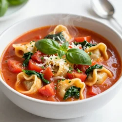 To make this savory tomato tortellini soup, gather these ingredients: - 1 tablespoon olive oil - 1 medium onion, diced - 3 cloves garlic, minced - 1 medium carrot, diced - 2 celery stalks, diced - 1 can (14.5 oz) diced tomatoes, including juices - 4 cups vegetable broth - 1 teaspoon dried basil - 1/2 teaspoon dried oregano - Salt and black pepper, to taste - 1 package (9 oz) cheese tortellini - 2 cups fresh spinach, packed - 1/4 cup fresh basil, chopped (for garnish) - Grated Parmesan cheese, for serving If you need to swap some ingredients, here are a few ideas: - Use garlic powder instead of fresh garlic. - Swap vegetable broth for chicken broth for more flavor. - If you don&rsquo;t have fresh spinach, use kale or Swiss chard. - For a gluten-free option, choose gluten-free tortellini. - You can add a splash of cream for a richer soup. Choosing the right ingredients makes a big difference. Here are some tips: - Tomatoes: Look for bright red, firm tomatoes. They should smell sweet. - Onions: Choose onions that are firm and have no soft spots. - Spinach: Pick fresh spinach with bright green leaves and no wilting. - Herbs: Fresh herbs should feel vibrant and fragrant. - Tortellini: Check the package for freshness and avoid any that appear damaged. These tips will help you find the best ingredients for your soup, making every bowl a delight! {{ingredient_image_2}} Start by gathering your fresh veggies. You need a medium onion, three cloves of garlic, one carrot, and two celery stalks. Dice the onion, carrot, and celery into small pieces. Mince the garlic as well. This step builds the base flavor for your soup. Heat one tablespoon of olive oil in a large pot over medium heat. Add the diced onion first. Saut&eacute; it for about five minutes until it turns translucent. You will smell the sweet aroma of the onion. Next, add the minced garlic, diced carrot, and diced celery to the pot. Cook this mix for three to four minutes. Stir it occasionally to keep things from sticking. The vegetables should be tender and fragrant at this point. Now, it&rsquo;s time to create the soup base. Carefully pour in one can of diced tomatoes with their juices and four cups of vegetable broth. Stir in one teaspoon of dried basil and half a teaspoon of dried oregano. Season with salt and black pepper. Increase the heat a bit and bring the soup to a gentle simmer. Let this simmer for about five minutes. This helps the flavors to blend together. You should notice the rich aroma filling your kitchen. Once your soup is simmering, add the cheese tortellini to the pot. Cook the tortellini according to the package instructions, usually for three to five minutes. You will know they are ready when they float to the surface and are tender. Just before you serve, stir in two cups of fresh spinach. Let it wilt in the hot broth for one to two minutes. This adds a lovely color and boosts the soup's nutrition. Taste the soup and adjust the seasoning if needed. Serve your soup hot, garnished with chopped fresh basil and grated Parmesan cheese. Enjoy every warm, comforting bite! Cook the tortellini for 3 to 5 minutes. Look for them to float. This means they are ready. Don't overcook them. Overcooked tortellini can become mushy. Follow the package instructions for the best results. Add a splash of balsamic vinegar to boost the taste. You can also include a pinch of red pepper flakes for some heat. Fresh herbs like thyme or rosemary can add depth. If you like, drizzle a bit of high-quality olive oil before serving. It adds richness and flavor. Serve the soup hot in deep bowls. Make sure each bowl has plenty of tortellini and spinach. Top it with fresh basil for a pop of color. Grated Parmesan cheese adds a savory touch. A slice of crusty bread pairs well too. Enjoy every comforting spoonful! Pro Tips Fresh Ingredients Matter: Using fresh vegetables and herbs will elevate the flavor of your soup significantly. Opt for fresh spinach and basil whenever possible. Customize Your Broth: If you want a richer taste, consider using homemade vegetable broth or adding a splash of white wine to the soup for added depth. Don&rsquo;t Overcook the Tortellini: Keep an eye on the tortellini while cooking; they are done when they float to the top. Overcooking can lead to a mushy texture. Garnish for the Win: Enhance presentation and flavor by garnishing with a drizzle of high-quality olive oil and extra Parmesan cheese just before serving. {{image_4}} You can make this soup heartier by adding proteins. Cooked chicken or sausage works great. Simply shred or slice the cooked meat and stir it in before serving. Sausage adds a nice spice, while chicken gives a mild flavor. Both options will fill you up and make the soup even more delicious. For a vegetarian or vegan twist, skip the cheese tortellini. Instead, use vegetable-based tortellini or add beans for protein. You can also swap the vegetable broth with a homemade version. This way, you still get a rich taste without any animal products. Fresh veggies like zucchini or bell peppers can add more texture and flavor, too. Feel free to switch up the herbs and spices! Basil and oregano are classic, but you can try thyme or rosemary for a different taste. A pinch of red pepper flakes gives a spicy kick. Experiment with your favorite flavors to customize your soup. Just remember to add a little at a time to keep it balanced. To keep your soup fresh, let it cool first. Use an airtight container. Store it in the fridge for up to three days. If you want to save it longer, consider freezing. Always label the container with the date. This way, you won't forget when you made it. When you're ready to enjoy your soup again, pour it into a pot. Heat it on medium-low. Stir often so it warms evenly. You can also use the microwave. Place it in a microwave-safe bowl and cover it. Heat for about 2-3 minutes, stirring halfway through. Always check the temperature before serving. Freezing is a great way to extend the life of your soup. Use freezer-safe containers or bags. Leave some space at the top for expansion. It&rsquo;s best to freeze the soup without the tortellini. Cook the tortellini fresh when you reheat the soup. This keeps everything nice and tender. You can freeze it for up to three months. Yes, you can use frozen tortellini in this soup. Just add the frozen tortellini directly to the pot. You do not need to thaw them first. Cook them according to the package directions, usually about 3-5 minutes. They will heat through and become soft in the warm broth. You can store Tomato Tortellini Soup for about 3-4 days in the fridge. Make sure to keep it in an airtight container. The flavors get better over time. If you want to store it longer, consider freezing it. This soup pairs well with many sides. You can serve it with a simple green salad. Garlic bread is also a great choice. For a more filling meal, add a meat dish like grilled chicken or sausage. Each option adds a tasty touch to your meal. This blog post covered all you need for a great Tomato Tortellini Soup. We explored ingredients, cooking steps, and clever tips to enhance flavor. Remember to use fresh veggies and try different proteins or herbs. Storage and reheating hacks make meals easy down the line. With everything you&rsquo;ve learned, you can create a tasty soup that warms your heart. Enjoy making this dish and share your creations!