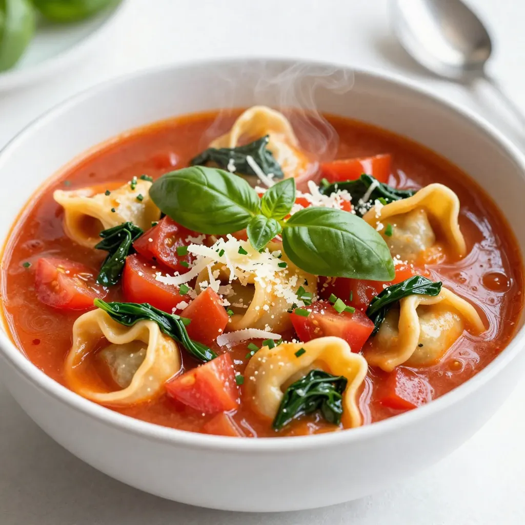 To make this savory tomato tortellini soup, gather these ingredients: - 1 tablespoon olive oil - 1 medium onion, diced - 3 cloves garlic, minced - 1 medium carrot, diced - 2 celery stalks, diced - 1 can (14.5 oz) diced tomatoes, including juices - 4 cups vegetable broth - 1 teaspoon dried basil - 1/2 teaspoon dried oregano - Salt and black pepper, to taste - 1 package (9 oz) cheese tortellini - 2 cups fresh spinach, packed - 1/4 cup fresh basil, chopped (for garnish) - Grated Parmesan cheese, for serving If you need to swap some ingredients, here are a few ideas: - Use garlic powder instead of fresh garlic. - Swap vegetable broth for chicken broth for more flavor. - If you don’t have fresh spinach, use kale or Swiss chard. - For a gluten-free option, choose gluten-free tortellini. - You can add a splash of cream for a richer soup. Choosing the right ingredients makes a big difference. Here are some tips: - Tomatoes: Look for bright red, firm tomatoes. They should smell sweet. - Onions: Choose onions that are firm and have no soft spots. - Spinach: Pick fresh spinach with bright green leaves and no wilting. - Herbs: Fresh herbs should feel vibrant and fragrant. - Tortellini: Check the package for freshness and avoid any that appear damaged. These tips will help you find the best ingredients for your soup, making every bowl a delight! {{ingredient_image_2}} Start by gathering your fresh veggies. You need a medium onion, three cloves of garlic, one carrot, and two celery stalks. Dice the onion, carrot, and celery into small pieces. Mince the garlic as well. This step builds the base flavor for your soup. Heat one tablespoon of olive oil in a large pot over medium heat. Add the diced onion first. Sauté it for about five minutes until it turns translucent. You will smell the sweet aroma of the onion. Next, add the minced garlic, diced carrot, and diced celery to the pot. Cook this mix for three to four minutes. Stir it occasionally to keep things from sticking. The vegetables should be tender and fragrant at this point. Now, it’s time to create the soup base. Carefully pour in one can of diced tomatoes with their juices and four cups of vegetable broth. Stir in one teaspoon of dried basil and half a teaspoon of dried oregano. Season with salt and black pepper. Increase the heat a bit and bring the soup to a gentle simmer. Let this simmer for about five minutes. This helps the flavors to blend together. You should notice the rich aroma filling your kitchen. Once your soup is simmering, add the cheese tortellini to the pot. Cook the tortellini according to the package instructions, usually for three to five minutes. You will know they are ready when they float to the surface and are tender. Just before you serve, stir in two cups of fresh spinach. Let it wilt in the hot broth for one to two minutes. This adds a lovely color and boosts the soup's nutrition. Taste the soup and adjust the seasoning if needed. Serve your soup hot, garnished with chopped fresh basil and grated Parmesan cheese. Enjoy every warm, comforting bite! Cook the tortellini for 3 to 5 minutes. Look for them to float. This means they are ready. Don't overcook them. Overcooked tortellini can become mushy. Follow the package instructions for the best results. Add a splash of balsamic vinegar to boost the taste. You can also include a pinch of red pepper flakes for some heat. Fresh herbs like thyme or rosemary can add depth. If you like, drizzle a bit of high-quality olive oil before serving. It adds richness and flavor. Serve the soup hot in deep bowls. Make sure each bowl has plenty of tortellini and spinach. Top it with fresh basil for a pop of color. Grated Parmesan cheese adds a savory touch. A slice of crusty bread pairs well too. Enjoy every comforting spoonful! Pro Tips Fresh Ingredients Matter: Using fresh vegetables and herbs will elevate the flavor of your soup significantly. Opt for fresh spinach and basil whenever possible. Customize Your Broth: If you want a richer taste, consider using homemade vegetable broth or adding a splash of white wine to the soup for added depth. Don’t Overcook the Tortellini: Keep an eye on the tortellini while cooking; they are done when they float to the top. Overcooking can lead to a mushy texture. Garnish for the Win: Enhance presentation and flavor by garnishing with a drizzle of high-quality olive oil and extra Parmesan cheese just before serving. {{image_4}} You can make this soup heartier by adding proteins. Cooked chicken or sausage works great. Simply shred or slice the cooked meat and stir it in before serving. Sausage adds a nice spice, while chicken gives a mild flavor. Both options will fill you up and make the soup even more delicious. For a vegetarian or vegan twist, skip the cheese tortellini. Instead, use vegetable-based tortellini or add beans for protein. You can also swap the vegetable broth with a homemade version. This way, you still get a rich taste without any animal products. Fresh veggies like zucchini or bell peppers can add more texture and flavor, too. Feel free to switch up the herbs and spices! Basil and oregano are classic, but you can try thyme or rosemary for a different taste. A pinch of red pepper flakes gives a spicy kick. Experiment with your favorite flavors to customize your soup. Just remember to add a little at a time to keep it balanced. To keep your soup fresh, let it cool first. Use an airtight container. Store it in the fridge for up to three days. If you want to save it longer, consider freezing. Always label the container with the date. This way, you won't forget when you made it. When you're ready to enjoy your soup again, pour it into a pot. Heat it on medium-low. Stir often so it warms evenly. You can also use the microwave. Place it in a microwave-safe bowl and cover it. Heat for about 2-3 minutes, stirring halfway through. Always check the temperature before serving. Freezing is a great way to extend the life of your soup. Use freezer-safe containers or bags. Leave some space at the top for expansion. It’s best to freeze the soup without the tortellini. Cook the tortellini fresh when you reheat the soup. This keeps everything nice and tender. You can freeze it for up to three months. Yes, you can use frozen tortellini in this soup. Just add the frozen tortellini directly to the pot. You do not need to thaw them first. Cook them according to the package directions, usually about 3-5 minutes. They will heat through and become soft in the warm broth. You can store Tomato Tortellini Soup for about 3-4 days in the fridge. Make sure to keep it in an airtight container. The flavors get better over time. If you want to store it longer, consider freezing it. This soup pairs well with many sides. You can serve it with a simple green salad. Garlic bread is also a great choice. For a more filling meal, add a meat dish like grilled chicken or sausage. Each option adds a tasty touch to your meal. This blog post covered all you need for a great Tomato Tortellini Soup. We explored ingredients, cooking steps, and clever tips to enhance flavor. Remember to use fresh veggies and try different proteins or herbs. Storage and reheating hacks make meals easy down the line. With everything you’ve learned, you can create a tasty soup that warms your heart. Enjoy making this dish and share your creations!