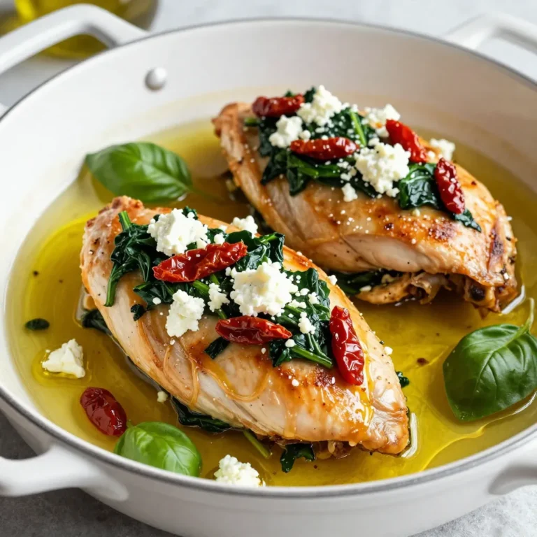 - 4 boneless, skinless chicken breasts - 1 cup fresh spinach, finely chopped - 1/2 cup sun-dried tomatoes, finely chopped - 1/2 cup feta cheese, crumbled - 1/4 cup cream cheese, softened - 1 garlic clove, minced - 1 teaspoon dried oregano - 1 teaspoon salt - 1/2 teaspoon black pepper - 2 tablespoons olive oil - 1/4 cup chicken broth - Fresh basil leaves for garnish Choosing high-quality chicken breasts: Look for chicken breasts that are firm and plump. They should have a light pink color without any dark spots. This ensures freshness and better flavor. Best types of spinach and sun-dried tomatoes: Use fresh spinach for a vibrant taste. For sun-dried tomatoes, choose those packed in oil. They add rich flavor and moisture to the filling. Importance of fresh herbs and cheese: Fresh herbs like basil enhance the dish's aroma. Feta cheese adds a tangy kick. Using high-quality ingredients in your filling makes a big difference. They create a rich, savory flavor that transforms your chicken. {{ingredient_image_2}} Preheat your oven to 375°F (190°C). This step is vital. A hot oven helps the chicken cook evenly. Next, make the filling. In a medium bowl, combine these ingredients: - 1 cup fresh spinach, finely chopped - 1/2 cup sun-dried tomatoes, finely chopped - 1/2 cup feta cheese, crumbled - 1/4 cup cream cheese, softened - 1 garlic clove, minced - 1 teaspoon dried oregano - 1 teaspoon salt - 1/2 teaspoon black pepper Mix all ingredients until they form a creamy filling. This blend is packed with flavor. Now, take the chicken breasts. Slice a pocket into the thickest part. Don't cut all the way through. This keeps the filling inside. Stuff each breast generously with your filling. Press gently to pack it in, but don’t overfill. Heat 2 tablespoons of olive oil in a large skillet over medium-high heat. Once the oil is hot, add the stuffed chicken breasts. Sear each side for about 3-4 minutes until golden brown. This step adds a nice crust. Next, pour 1/4 cup of chicken broth around the chicken in the skillet. This broth keeps the chicken moist while it cooks. Carefully transfer the skillet to your preheated oven. Bake for 20-25 minutes. The chicken should reach an internal temperature of 165°F (75°C). After baking, remove the skillet from the oven. Let the chicken rest for 5 minutes. This helps the juices inside to spread out. Garnish your gourmet stuffed chicken with fresh basil leaves before serving. For a great presentation, place the chicken on a serving platter. Drizzle pan juices over the top. Scatter more basil leaves around the dish for a colorful touch. Enjoy your delicious meal! To ensure your stuffed chicken is perfect, check for doneness. Use a meat thermometer. The chicken should reach 165°F (75°C). This step is key for safe eating. To keep the chicken moist, sear it before baking. Searing adds flavor and creates a nice crust. Pour chicken broth around the chicken in the skillet. This helps retain moisture while it cooks. For a gourmet touch, arrange the stuffed chicken on a platter. Drizzle pan juices over the chicken for added flavor. Scatter fresh basil leaves for color. Pair your stuffed chicken with sides like roasted veggies or creamy mashed potatoes. A crisp salad also works well. For wine, consider a light white wine like Sauvignon Blanc. One common mistake is overstuffing the chicken. This can cause the filling to spill out during cooking. Stuff it just enough to fill the pocket without bursting. Another mistake is not letting the chicken rest before slicing. Resting helps the juices settle. If you skip this, the chicken can be dry. Always allow it to rest for about five minutes. Pro Tips Choose the Right Chicken Breasts: Look for chicken breasts that are uniform in size to ensure even cooking. Don’t Overstuff: Be cautious not to overfill the chicken breasts to prevent the filling from spilling out while cooking. Let It Rest: Allowing the chicken to rest after baking is crucial for juicy meat, as it helps the juices redistribute. Experiment with Fillings: Feel free to customize the filling with other ingredients like mushrooms, different cheeses, or herbs for unique flavors. {{image_4}} You can have fun with the stuffing! Here are some tasty ideas: - Cheese alternatives: Try goat cheese for a tangy kick. Mozzarella adds a nice stretch. - Vegetable variations: Mushrooms bring an earthy flavor. Artichokes add a unique touch. You can even use zoodles for a lighter option. If you follow a special diet, you can still enjoy this dish. - Gluten-free options: Use gluten-free breadcrumbs in the stuffing. Always check labels to be sure. - Low-carb alternatives: Skip the starches and focus on vegetables. Stuff with spinach and cheese for a filling meal. Want to make your stuffed chicken pop? Here are some ideas: - Incorporating spices and herbs: Add a pinch of paprika or thyme for extra depth. Fresh herbs like parsley or dill can also brighten the flavor. - Adding nuts or seeds for crunch: Chopped walnuts or sunflower seeds add texture. They provide a nice contrast to the creamy stuffing. To store leftovers, first let the chicken cool. Place the stuffed chicken in an airtight container. This keeps it fresh and safe. You can store it in the fridge for up to three days. If you use a glass container, it helps avoid odors. Always label the container with the date. This way, you know when it was cooked. To reheat stuffed chicken, use the oven for best results. Preheat your oven to 350°F (175°C). Place the chicken in a baking dish and add a splash of chicken broth. Cover it with foil to keep it moist. Heat for about 20-25 minutes. Check that it’s warm all the way through. You can also use a microwave, but it may dry out. Heat in short bursts, checking often. Freezing stuffed chicken is easy. First, let it cool completely. Wrap each piece tightly in plastic wrap. Then, place it in a freezer bag. Remove as much air as possible before sealing. You can freeze it for up to three months. To thaw, move it to the fridge overnight. This keeps the chicken safe and helps it stay juicy. Yes, you can prep gourmet stuffed chicken ahead of time. To do this, follow these steps: - Prepare the filling and stuff the chicken breasts. - Store them in an airtight container in the fridge. - Cook within 24 hours for best taste. You can also freeze them. Wrap each chicken breast tightly in plastic wrap. Place them in a freezer bag and store for up to three months. When ready to cook, thaw in the fridge overnight. This keeps the chicken juicy and tasty. The chicken must reach an internal temperature of 165°F (75°C). This is important for food safety. Use a meat thermometer to check the temperature in the thickest part of the chicken. When it hits this number, the chicken is safe to eat. Cooking it properly also ensures that the meat stays moist and tender. If it cooks too long, it may dry out. Always let it rest for five minutes after cooking. This helps the juices settle. Yes, grilling stuffed chicken is a great option! Here are some tips: - Preheat your grill to medium heat. - Sear the chicken on both sides for 3-4 minutes before moving it to indirect heat. - Cook until it reaches 165°F (75°C) in the center. Grilling gives a nice smoky flavor. Just be careful not to let the filling spill out while grilling. Use toothpicks to secure the opening if needed. Leftover stuffed chicken can last for about 3 to 4 days in the fridge. Store it in an airtight container to keep it fresh. Always check for any off smells or changes in texture before eating leftovers. You can also freeze leftovers. Wrap them well and store for up to three months. When ready to eat, thaw in the fridge and reheat gently to avoid drying it out. Enjoy your gourmet meal again! You learned how to make gourmet stuffed chicken with tasty ingredients. We covered choosing quality items, cooking steps, and popular stuffing ideas. I shared tips for serving and storage, ensuring your meals stay fresh. Be sure to avoid common mistakes, like overstuffing. Explore variations to keep things fun. This dish is sure to impress. Enjoy your cooking adventure and delight your family or friends with this easy, flavorful meal!