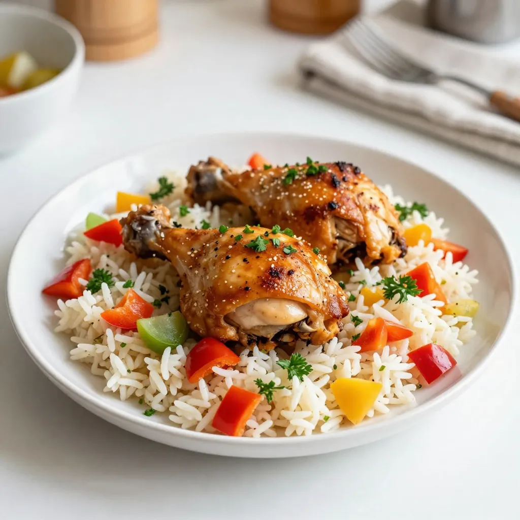 For this smothered chicken rice skillet, you'll need some key items. - Chicken thighs: Use 4 boneless, skinless chicken thighs. They stay juicy and cook well. - Rice: One cup of long-grain white rice works best. It cooks evenly and pairs nicely. - Broth: Two cups of chicken broth adds flavor. You can use low-sodium options if desired. - Vegetables: You’ll need one medium onion, diced, and one bell pepper, diced. Add one cup of frozen mixed vegetables for extra color and taste. Now, let's talk about the seasonings and oil. - Olive oil: Two tablespoons of olive oil help sauté the veggies and chicken. It adds a nice richness. - Spices: For seasoning, use one teaspoon of smoked paprika, one teaspoon of dried oregano, and half a teaspoon of ground black pepper. Adjust salt to taste. - Optional garnishes: Fresh parsley adds a lovely touch on top. It brightens the dish and makes it look great. {{ingredient_image_2}} - Seasoning the chicken: Start by taking the four chicken thighs. Generously season both sides with salt, black pepper, smoked paprika, and dried oregano. The spices will add great flavor to the chicken. - Cooking the chicken in the skillet: Heat two tablespoons of olive oil in a large skillet over medium heat. Once the oil is hot, add the seasoned chicken thighs. Cook them for about 5-7 minutes on each side. You want them golden brown and fully cooked. After cooking, take the chicken out and let it rest on a plate. - Adding onion and bell pepper: In the same skillet, toss in the diced onion and bell pepper. Sauté these veggies for about 3-4 minutes. You want the onion to become soft and see-through. - Incorporating garlic: Next, add minced garlic to the skillet. Cook for one more minute. The garlic will fill your kitchen with a lovely aroma. - Toasting the rice: Now, add one cup of long-grain white rice to the skillet. Stir well to coat the rice with the oil and veggies. Toast the rice for about 2 minutes. This helps the rice soak up all the flavors. - Adding broth and returning chicken: Pour in two cups of chicken broth, stirring gently. Make sure to scrape up any tasty bits stuck to the bottom. Then, return the cooked chicken thighs to the skillet, nestling them into the rice. - Covering and cooking duration: Sprinkle one cup of frozen mixed vegetables over the top. Cover the skillet with a lid. Let the mixture come to a gentle simmer. - Fluffing the rice before serving: Once it simmers, turn the heat to low. Cook for 20-25 minutes. After this time, remove the skillet from heat and let it sit for 5 minutes. This lets the rice firm up. Finally, use a fork to fluff the rice and mix it with the chicken. Enjoy your meal! - To keep the chicken juicy, do not overcook it. Cook each side for 5-7 minutes. Use a meat thermometer to check for an internal temperature of 165°F. This ensures it stays moist and tender. - For rice texture, long-grain white rice works best. It stays fluffy and separates well. Avoid short-grain rice, as it tends to clump together and become sticky. - Pair your dish with a fresh side salad or crusty bread. Both add great texture and flavor. A green salad with a light vinaigrette complements the richness of the chicken and rice. - For garnishing, fresh parsley adds a nice pop of color. You can also sprinkle some red pepper flakes for a touch of heat. This not only enhances flavor but also makes your dish look appealing. Pro Tips Even Cooking: For evenly cooked chicken, choose thighs of similar size. This ensures they cook at the same rate and avoid any undercooked pieces. Flavor Boost: Enhance the dish by marinating the chicken thighs in olive oil, smoked paprika, and oregano for a few hours before cooking for deeper flavor. Rice Texture: Rinsing the rice before cooking can remove excess starch, resulting in fluffier rice that doesn’t clump together. Resting Time: Allowing the dish to rest after cooking helps the flavors meld together and ensures the rice firms up for better serving. {{image_4}} You can easily boost the flavor of your smothered chicken rice skillet. Start by adding spices. Try a pinch of cayenne for heat. You can also use chili powder for a smokier taste. Hot sauce can add a nice kick as well. Consider using different vegetables too. You can swap the frozen mixed veggies for fresh ones. Spinach, zucchini, or mushrooms work great. Just chop them up and add them in when you sauté the onion and bell pepper. These simple changes can make your dish even more exciting! If you need gluten-free options, use gluten-free rice. Many types of rice are naturally gluten-free. Just check the label to be sure. You can also use chicken broth labeled gluten-free. Want to change the protein? You can swap chicken thighs for tofu, turkey, or pork. Just adjust the cooking time based on the protein you choose. This way, you can make the dish fit your diet while keeping it tasty! To keep your smothered chicken rice skillet fresh, follow these tips: - Refrigeration: Let the dish cool to room temperature. Then, place it in an airtight container. Store it in the fridge for up to 3 days. This keeps the flavors intact and makes it easy to grab for a quick meal. - Freezing: For longer storage, freeze the dish. Use a freezer-safe container. It stays good for up to 2 months. When ready to eat, thaw it in the fridge overnight before reheating. This method helps maintain the taste and texture. When it’s time to enjoy your leftovers, try these methods: - Microwave: Place a portion in a bowl and cover it loosely. Heat at medium power for 2-3 minutes. Stir halfway through to ensure even heating. This method is quick and convenient. - Stovetop: Heat a skillet over medium heat. Add a splash of chicken broth or water to keep it moist. Stir the dish and heat for about 5-7 minutes. This method helps keep the rice fluffy and the chicken juicy. To keep the rice fluffy, avoid overcooking it during reheating. Stir gently to mix the chicken and rice without breaking the grains. Enjoy your delicious meal again! Yes, you can use brown rice! However, brown rice takes longer to cook. You should adjust the cooking time to about 40-45 minutes. Make sure to add extra broth or water since brown rice absorbs more liquid. If you don't have chicken thighs, you can use chicken breasts. They will work well but may dry out faster. You can also try turkey thighs or even tofu for a vegetarian option. Just adjust the cooking time to ensure they cook through. Absolutely! This recipe is great for meal prep. You can make a big batch and store it in individual containers. Just keep it in the fridge for up to four days. You can also freeze portions for up to three months. Simply thaw in the fridge before reheating. Yes! Adding more veggies can boost the dish's nutrition. Consider adding spinach, zucchini, or mushrooms. You can mix in fresh or frozen vegetables. Just add them at the same time as the frozen mixed vegetables for even cooking. This dish combines simple ingredients to create a hearty meal. We covered the best chicken and rice, perfect seasonings, and cooking steps. Tips about storage and variations help you make it yours. You can tweak flavors or adapt for diets easily. In short, cooking at home can bring joy. With practice, you’ll make a dish your family loves. Enjoy your cooking adventures and share your results!