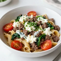 To make high-protein beef pasta, gather these simple ingredients: - 8 oz whole grain pasta (or protein-enriched pasta for an extra boost) - 1 lb lean ground beef - 1 cup cottage cheese - 1 cup fresh spinach, chopped - 1 cup cherry tomatoes, halved - 2 cloves garlic, minced - 1 small onion, finely diced - 1 teaspoon dried oregano - 1 teaspoon dried basil - Salt and black pepper to taste - 1 tablespoon olive oil - Fresh parsley, chopped (for garnish) This set of ingredients is key to creating a rich and filling dish. Whole grain pasta offers fiber and complex carbs. Lean ground beef provides the protein you need for energy. Cottage cheese adds creaminess and extra protein. Fresh spinach and tomatoes bring color and nutrients. Garlic and onion boost flavor, while herbs give depth. Olive oil keeps the dish moist, and parsley adds a fresh touch. Each ingredient plays a role in making this meal not just tasty but also healthy. You can easily find these items at your local grocery store. Enjoy cooking and savoring every bite! {{ingredient_image_2}} 1. Bring salted water to a boil in a large pot. 2. Add 8 oz of whole grain or protein-enriched pasta. 3. Cook until the pasta is al dente, following package instructions. 4. Drain the pasta and set aside. 1. In a spacious skillet, warm 1 tablespoon of olive oil over medium heat. 2. Add 1 small diced onion and 2 minced garlic cloves. 3. Saut&eacute; for 2 to 3 minutes until the onion is translucent. 1. Add 1 lb of lean ground beef to the skillet. 2. Cook and stir frequently until the beef is browned. 3. Break up any large chunks with a spatula for even cooking. 1. Stir in 1 cup of chopped spinach and 1 cup of halved cherry tomatoes. 2. Cook for 3 to 4 minutes, stirring until the spinach wilts and tomatoes soften. 1. Lower the heat and fold in 1 cup of cottage cheese. 2. Add 1 teaspoon of dried oregano and 1 teaspoon of dried basil. 3. Season with salt and black pepper to taste. 1. Carefully combine the cooked pasta with the beef mixture in the skillet. 2. Toss everything gently, ensuring the pasta is coated. 3. Taste and adjust seasoning with more salt and pepper if needed. 4. Serve hot, garnished with chopped fresh parsley. Cooking pasta right is key for a great dish. You want it firm, or al dente. This means it should be cooked but still have a slight bite. Overcooked pasta gets mushy and loses its shape. To achieve this, check the pasta a minute or two before the package says it&rsquo;s done. Do not forget to salt the pasta water. This step adds flavor to the pasta itself. Use about one tablespoon of salt for every four quarts of water. The water should taste like the sea. This salt will help enhance the overall flavor of your meal. Using lean ground beef is smart. It gives you protein without too much fat. Lean beef can make your dish healthier while still being tasty. It also helps keep the dish light and satisfying. If you want an even healthier option, try ground turkey or chicken. These alternatives are low in fat and high in protein too. To make your pasta pop, think about spices. Adding dried oregano and basil brings a nice depth to the dish. You can also mix in fresh herbs like parsley or thyme for extra freshness. Cheese is another great way to boost flavor. You can use ricotta, mozzarella, or even a sprinkle of parmesan. Choosing fresh ingredients makes a big difference. Fresh spinach and cherry tomatoes add bright colors and nutrients. Always pick the freshest produce you can find for the best taste. Pro Tips Choose the Right Pasta: Opt for protein-enriched pasta for an additional boost in protein content, ideal for a post-workout meal. Enhance Flavor with Fresh Herbs: Fresh basil or parsley can elevate the dish's flavor profile. Consider adding them as a garnish just before serving for a vibrant touch. Make it Meal Prep Friendly: This dish stores well in the fridge. Prepare a larger batch to enjoy throughout the week; just reheat and add a splash of water for creaminess. Experiment with Veggies: Feel free to add other vegetables like bell peppers or zucchini to increase the nutritional value and add variety to your meal. {{image_4}} You can make this dish vegetarian by using a plant-based meat substitute. Many brands now offer tasty options that mimic the flavor and texture of ground beef. You can also add more vegetables to boost nutrition and flavor. Try bell peppers, zucchini, or mushrooms for a hearty mix. This adds color and taste while keeping the dish filling. For a gluten-free meal, choose pasta made from rice, quinoa, or lentils. These types are easy to find in stores. Adjust the cooking times as needed. Gluten-free pasta often cooks faster than regular pasta. So, keep an eye on it to avoid mushiness. To make your pasta even more filling, you can add beans or lentils. These ingredients are great sources of protein and fiber. They also add unique flavors and textures. For toppings, consider grated cheese or seeds. Cheese adds creaminess, while seeds give a nice crunch. These additions make your meal even more satisfying. After you finish your meal, let the leftovers cool down. This step is key to keeping the food safe. Once cool, store the pasta in airtight containers. Glass or plastic containers work well. Make sure to leave some space in the top for air. Label the containers with the date. This way, you will know how long they last. When you want to heat your pasta again, use the stove or microwave. Both methods work great. If using the stove, add a splash of water to keep it moist. Stir it often to heat it evenly. If using the microwave, cover the dish with a lid or a damp paper towel. This helps avoid sogginess. Heat in short bursts, checking it often. To freeze portions, first let the pasta cool completely. Then, divide it into meal-sized servings. Use freezer-safe bags or containers for best results. Remove as much air as you can to prevent freezer burn. When you are ready to eat, thaw the pasta in the fridge overnight. To reheat, use the stove or microwave as described above. Enjoy your tasty meal again! This beef pasta is high in protein due to its main ingredients. The lean ground beef offers a strong protein boost. One pound of lean ground beef gives about 80 grams of protein. The cottage cheese adds even more protein, with one cup providing around 28 grams. Whole grain pasta also contributes some protein, with 8 ounces containing about 14 grams. Together, these ingredients create a filling dish that packs a protein punch. You can save time by using pre-chopped vegetables. Look for packages of diced onions and minced garlic at the store. You can also use frozen spinach instead of fresh. It cooks faster and is just as tasty. For the pasta, consider using quick-cooking varieties or even microwaveable options. These shortcuts help you get dinner on the table faster without losing flavor. Yes, you can. If you don&rsquo;t like cottage cheese, try ricotta or cream cheese. Ricotta has a similar texture and adds a creamy touch. Cream cheese will make the dish richer and thicker. Both options change the flavor a bit, but they still work well. Just remember to mix them in slowly to keep the dish creamy. To serve more people, simply double your recipe. Use 2 pounds of lean ground beef and 16 ounces of pasta. For cheese and vegetables, double those amounts too. If you want to make less, just halve everything. This way, you keep the taste the same. Adjust the seasonings to your liking, as larger portions might need a bit more salt and pepper. This beef pasta dish combines healthy ingredients for a rich flavor. You learned the key steps for cooking pasta, saut&eacute;ing veggies, and combining flavors. I shared tips for making variations, ensuring perfect texture, and storing leftovers. Remember, you can adjust proteins and make it veggie-friendly. This recipe offers delicious options for everyone. Enjoy cooking and savor every bite!