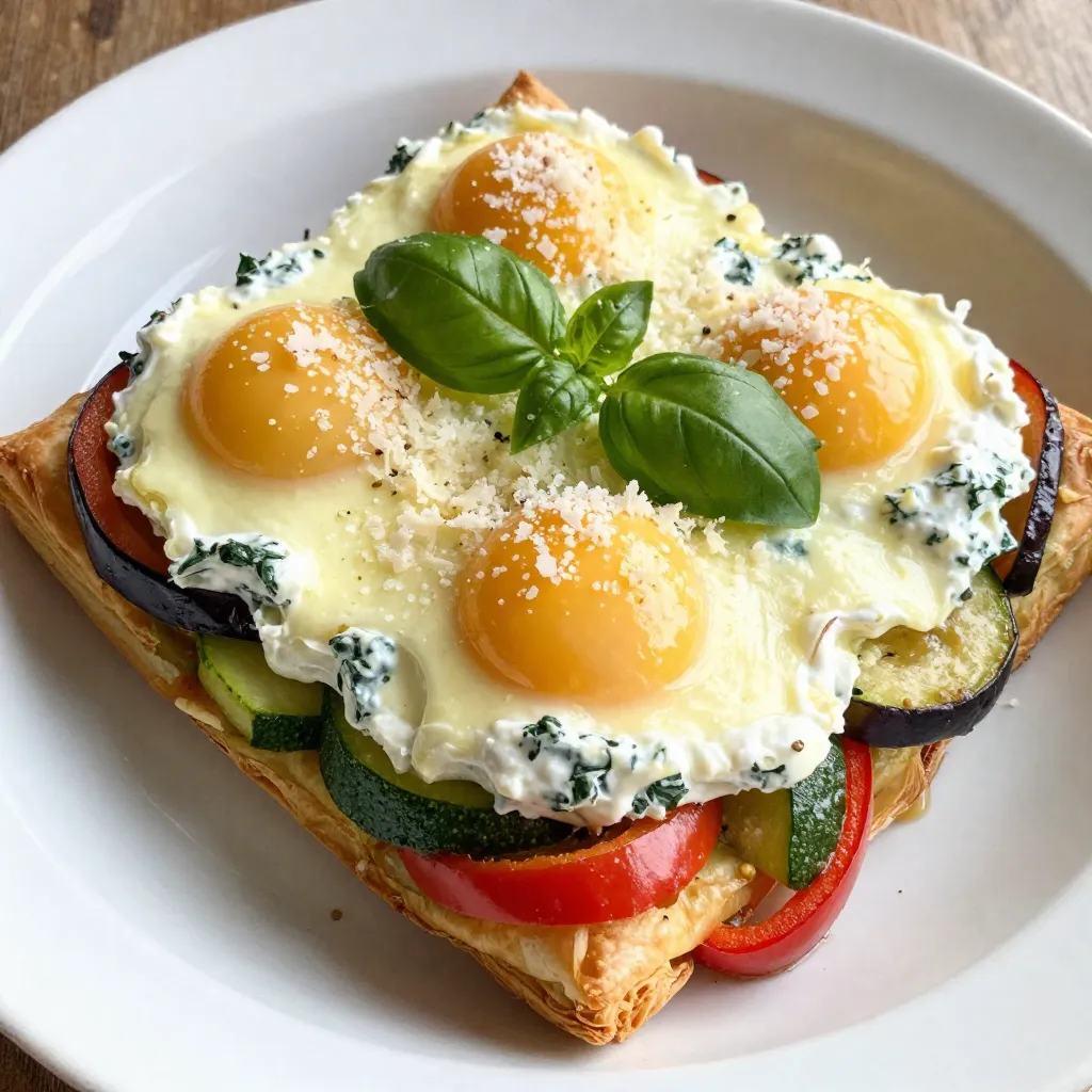 - 4 large eggs - 1 medium zucchini, thinly sliced - 1 medium eggplant, thinly sliced - 1 red bell pepper, thinly sliced - 1 cup ricotta cheese - 1 cup fresh spinach, chopped - 1/2 cup grated Parmesan cheese, divided - 1 tablespoon olive oil - 1 teaspoon garlic powder - Salt and pepper, to taste - Fresh basil leaves, for garnish Baked Egg Napoleon is packed with nutrients. Each serving has about: - Calories: 320 - Protein: 18g - Carbs: 18g - Fat: 20g - Fiber: 4g This dish gives you protein from eggs and cheese. The veggies add fiber and vitamins. Choosing fresh ingredients makes your dish better. Here are some tips: - Eggs: Look for firm shells without cracks. Fresh eggs have a bright yolk. - Zucchini and Eggplant: Choose ones that feel firm and heavy. They should have shiny skin. - Red Bell Pepper: Pick peppers that are smooth and bright. Avoid any with soft spots. - Spinach: Look for fresh, vibrant green leaves. Avoid yellow or wilting leaves. - Ricotta Cheese: Choose cheese that looks creamy and fresh. Check the expiration date. These tips will help you pick the best ingredients for your Baked Egg Napoleon. Enjoy crafting this delightful meal! {{ingredient_image_2}} First, gather your ingredients. You need fresh vegetables like zucchini, eggplant, and bell pepper. Next, get your eggs and ricotta cheese. You will also need Parmesan cheese, spinach, and some spices. This recipe takes about 15 minutes to prep. 1. Start by preheating your oven to 375°F (190°C). 2. In a large skillet, add one tablespoon of olive oil. Heat the oil over medium heat. 3. Add the sliced zucchini, eggplant, and red bell pepper to the skillet. 4. Sauté the vegetables for about 5-7 minutes. Stir them often until they soften. 5. Season with salt, pepper, and garlic powder to taste. When cooked, take the skillet off the heat. 6. In a mixing bowl, combine 1 cup of ricotta cheese and 1 cup of chopped spinach. 7. Add half a cup of grated Parmesan cheese to the bowl. Mix well until smooth. 8. Season the ricotta mix with salt and pepper as you like. 1. Grab your baking dish and start layering. First, add the sautéed vegetables. 2. Spoon some of the ricotta mixture over the veggies and spread it out. 3. Keep layering the ingredients until you run out. Finish with the ricotta on top. 4. Use a spoon to make four small wells in the ricotta layer. 5. Crack an egg into each well. Sprinkle the rest of the Parmesan cheese on top. 6. Cover the baking dish with aluminum foil to keep it moist. 7. Bake in the oven for 20 minutes. 8. After 20 minutes, remove the foil. Bake for another 10-15 minutes. Check the eggs for doneness. 9. Once baked, take the dish out and let it cool for a few minutes. 10. Garnish with fresh basil leaves before serving. Enjoy your meal! To get the best eggs, choose large, fresh eggs. Crack them gently into the wells. This helps keep the yolks whole. Bake them until the whites are set but the yolks are still soft. For firmer yolks, bake a little longer. Keep an eye on them as they cook. Use fresh herbs like basil and parsley for a flavor boost. Add spices like paprika or cayenne for heat. Mix fresh garlic into the ricotta for more depth. A splash of lemon juice can brighten the dish. Taste your layers as you go to adjust seasoning. Serve Baked Egg Napoleon on individual plates for a nice touch. Drizzle some olive oil around the edge for elegance. Top each serving with a sprig of fresh basil. You can also sprinkle a bit more Parmesan cheese on top just before serving. This adds flavor and a nice visual flair. Pro Tips Use Fresh Ingredients: The flavor and texture of your Baked Egg Napoleon will greatly benefit from using fresh vegetables and herbs. Seasonal produce not only tastes better but also adds vibrant color to your dish. Experiment with Cheese: While ricotta and Parmesan are delicious, feel free to mix in other cheeses like feta or mozzarella for different flavor profiles. Just remember to adjust the salt content accordingly. Control Egg Doneness: To achieve your desired level of doneness for the eggs, keep an eye on them during the final baking stage. If you prefer runny yolks, remove the dish from the oven earlier. Make Ahead: You can prepare the layers a day in advance and store them in the fridge. Just add the eggs and bake when you're ready to serve, making this a great option for meal prep or gatherings. {{image_4}} You can easily swap ingredients in Baked Egg Napoleon. If you don’t have eggplant, use mushrooms. They add a nice texture. Instead of ricotta, cottage cheese works well too. It gives a similar creaminess. You can also try different cheeses, like feta or goat cheese, for a tangy flavor. If you want a kick, add some red pepper flakes to the ricotta mix. While I love baking this dish, you can also cook it on the stovetop. Simply layer the vegetables and ricotta in a skillet. Crack the eggs on top and cover it. Cook on low heat for about 15 minutes. This gives a nice, fluffy texture. You could even try using a slow cooker. Layer the ingredients as usual and cook on low for 2-3 hours. This recipe shines in every season. In spring, add fresh asparagus or peas for bright flavors. Summer is perfect for fresh tomatoes or corn to enhance sweetness. When fall arrives, incorporate roasted butternut squash or kale for warmth. In winter, use hearty greens like Swiss chard. Each season brings new tastes that keep this dish exciting! After enjoying your Baked Egg Napoleon, let it cool first. Then, place it in an airtight container. Make sure to cover it well to keep it fresh. Store it in the fridge for up to three days. When ready to eat leftovers, preheat your oven to 350°F (175°C). Place the Baked Egg Napoleon in an oven-safe dish. Cover it with foil to prevent drying out. Heat for about 15 to 20 minutes or until warm. You can also use a microwave. Just heat it for 1-2 minutes, checking to avoid overcooking. You can freeze Baked Egg Napoleon for later enjoyment. Cut it into portions before freezing. Wrap each piece in plastic wrap, then place in a freezer-safe bag. It will keep for up to three months. To thaw, move it to the fridge overnight. Reheat as mentioned above. This way, you can enjoy this tasty dish anytime! Yes, you can make Baked Egg Napoleon ahead of time. Prepare it fully, then cover it well. Store it in the fridge for up to 24 hours. When you're ready to bake, just remove it from the fridge. Bake as directed, but add a few extra minutes if it's cold. This makes it great for brunch or busy mornings. Baked Egg Napoleon pairs well with many sides. Here are some ideas: - A fresh green salad. - Toasted crusty bread. - Roasted potatoes for a hearty side. - Sliced avocado for creaminess. - A light yogurt with herbs for a cool dip. These sides balance the rich flavors of the dish and make it even more filling. Baked Egg Napoleon can fit into many diets. It is vegetarian and gluten-free. If you want it dairy-free, use a plant-based ricotta. For a low-carb option, skip the eggplant. Always check ingredient labels for allergens. This dish is flexible, making it great for different diets and tastes. In this post, I shared the essential skills for making Baked Egg Napoleon. We covered ingredient lists, cooking steps, and tips to improve each bite. You can choose your ingredients based on season and preference. Storing and reheating leftovers is simple and keeps the dish fresh. With careful preparation and a little creativity, you can make this recipe your own. Enjoy the fun of cooking and the great taste of your creations!