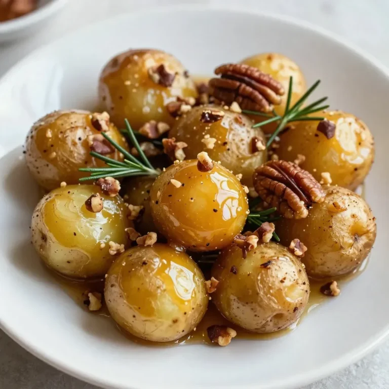 - 2 pounds baby potatoes, halved - 1/4 cup honey - 3 tablespoons olive oil - 1 teaspoon garlic powder - 1 teaspoon smoked paprika - Salt and freshly cracked black pepper - Fresh rosemary sprigs for garnish - Optional: 1/4 cup chopped pecans or walnuts When making honey roasted potatoes, you need simple yet flavorful ingredients. Start with baby potatoes. They are small, tender, and perfect for this dish. Halve each potato to help them cook evenly. Next, grab some honey. This sweet ingredient brings a lovely glaze to the potatoes. The olive oil adds richness and helps crisp the outside. Garlic powder and smoked paprika add depth and warmth. Don’t forget salt and pepper. They boost all the flavors and make the dish pop. Fresh rosemary sprigs will make your potatoes smell great and look pretty. If you like crunch, add chopped pecans or walnuts. They give a nice texture to the dish. Gather these ingredients, and you’re ready to create a delicious side that everyone will love! {{ingredient_image_2}} Preheating your oven to 400°F (200°C) is key. A hot oven cooks the potatoes evenly. This temperature helps the honey glaze caramelize. Position the oven rack in the center for best results. To make the honey mixture, grab a large bowl. Add 1/4 cup of honey and 3 tablespoons of olive oil. Next, sprinkle in 1 teaspoon of garlic powder and 1 teaspoon of smoked paprika. Add a pinch of salt and black pepper. Whisk until the mix is smooth and well combined. Now, add 2 pounds of halved baby potatoes to the bowl. Use your hands or a spatula to toss the potatoes. Make sure each potato piece gets a nice coat of the honey mixture. This step is crucial for flavor and texture. Prepare a baking sheet by lining it with parchment paper. This helps with cleanup and prevents sticking. Spread the coated potatoes in a single layer on the sheet. Avoid overcrowding; it helps them roast evenly. Roast the potatoes for 25-30 minutes. Halfway through, take them out and toss gently. This step promotes even cooking and browning. For extra crunch, add 1/4 cup of chopped pecans or walnuts during the last 5 minutes. This gives a delightful texture. Once the potatoes are golden brown and tender, take them out. Garnish with fresh rosemary sprigs before serving. This adds aroma and a lovely look. To get the best honey roasted potatoes, avoid overcrowding the pan. Spread the potatoes out. Each piece needs space to cook well. If they are too close, steam forms. This keeps them from getting crispy. For oven settings, preheat your oven to 400°F (200°C). This temperature works best for roasting. It allows the honey to caramelize. Aim for a light golden color for perfect crispiness. Want to boost the taste? Try adding spices and herbs. Rosemary pairs well with honey and potatoes. You could also add thyme or oregano. If you like heat, sprinkle in some chili powder. Mix in a pinch of cayenne pepper for a kick. Experiment with flavors to find your favorite blend. When serving, think about presentation. Use a rustic bowl or a nice platter. Let the rosemary sprigs cascade over the edges. This looks inviting and adds a festive touch. For meal pairings, honey roasted potatoes go great with chicken or pork. They also taste wonderful with a fresh salad. Try serving them alongside grilled veggies for a colorful plate. Pro Tips Use Fresh Herbs: Fresh rosemary adds a wonderful aroma and flavor; feel free to experiment with other herbs like thyme or parsley for variation. Adjust Sweetness: Depending on your preference, you can adjust the amount of honey used. Try using maple syrup for a different flavor profile. Uniform Sizing: Ensure all potato halves are of similar size to promote even cooking and browning for a perfect roast. Pre-soak for Crispiness: Soaking the halved potatoes in cold water for 30 minutes before roasting can help achieve a crispier texture. {{image_4}} You can use many types of potatoes for this dish. I love using baby potatoes for their tender skin and creamy texture. However, golden potatoes add a buttery taste. Red potatoes give a nice color and a slight sweetness. Feel free to mix them for fun flavors and textures. If you want a change from honey, you can try maple syrup. Maple syrup brings a nice depth of flavor and enhances the dish. Agave syrup is another good choice. It is sweet and has a mild taste. These alternatives keep your dish sweet without losing the delightful glaze. To boost flavor, add lemon zest to the mix. The zest brightens the dish and adds a fresh twist. You can also explore herbs like thyme or oregano. These herbs pair well with honey and potatoes. Just sprinkle them in the glaze for an extra layer of taste. To keep your honey roasted potatoes fresh, use airtight containers. Glass or plastic containers work well. Store them in the fridge for up to four days. Make sure they cool down before sealing them. This prevents steam from making them soggy. Reheat the potatoes in the oven for the best texture. Preheat your oven to 350°F (175°C). Spread the potatoes on a baking sheet. Heat for about 10-15 minutes until hot. You can also use a microwave. Just be mindful that they may lose some crispness. To freeze honey roasted potatoes, place them in a single layer on a baking sheet. Freeze them until firm, about two hours. Then, transfer them to a freezer bag. Be sure to remove as much air as possible. They can last for up to three months in the freezer. To use, thaw them in the fridge overnight before reheating. Yes, you can make honey roasted potatoes in advance. Cook them, let them cool, and store them in the fridge. They can last for about three days. Reheat them in the oven to keep them crispy. This way, you save time on busy days. If you need a substitute for honey, try maple syrup or agave nectar. Both options will give you a sweet flavor. They work well in the recipe. Adjust the amount to taste, as some sweeteners are stronger than others. Check the potatoes after 25 minutes. They should be golden brown and tender. You can use a fork to test them. If it goes in easily, they are done. If not, give them a few more minutes. Honey roasted potatoes can be a healthy side dish. They are made with fresh potatoes and healthy fats from olive oil. However, honey adds sugar. Enjoy them in moderation as part of a balanced diet. Yes, you can use sweet potatoes instead of regular ones. They will add a different flavor and color. Cut them into similar sizes for even cooking. You might want to adjust the cooking time slightly, as sweet potatoes can roast faster. In this blog post, we covered the essential ingredients and steps to make honey roasted potatoes. You learned how to prepare the honey mixture, coat the potatoes, and roast them to perfection. We shared tips for achieving the best flavor and texture, plus ideas for storing leftovers. Remember, you can switch ingredients for more variety, like different potatoes or sweeteners. Enjoy these easy yet tasty potatoes as a side dish at any meal. Trust me, they will impress everyone at your table.