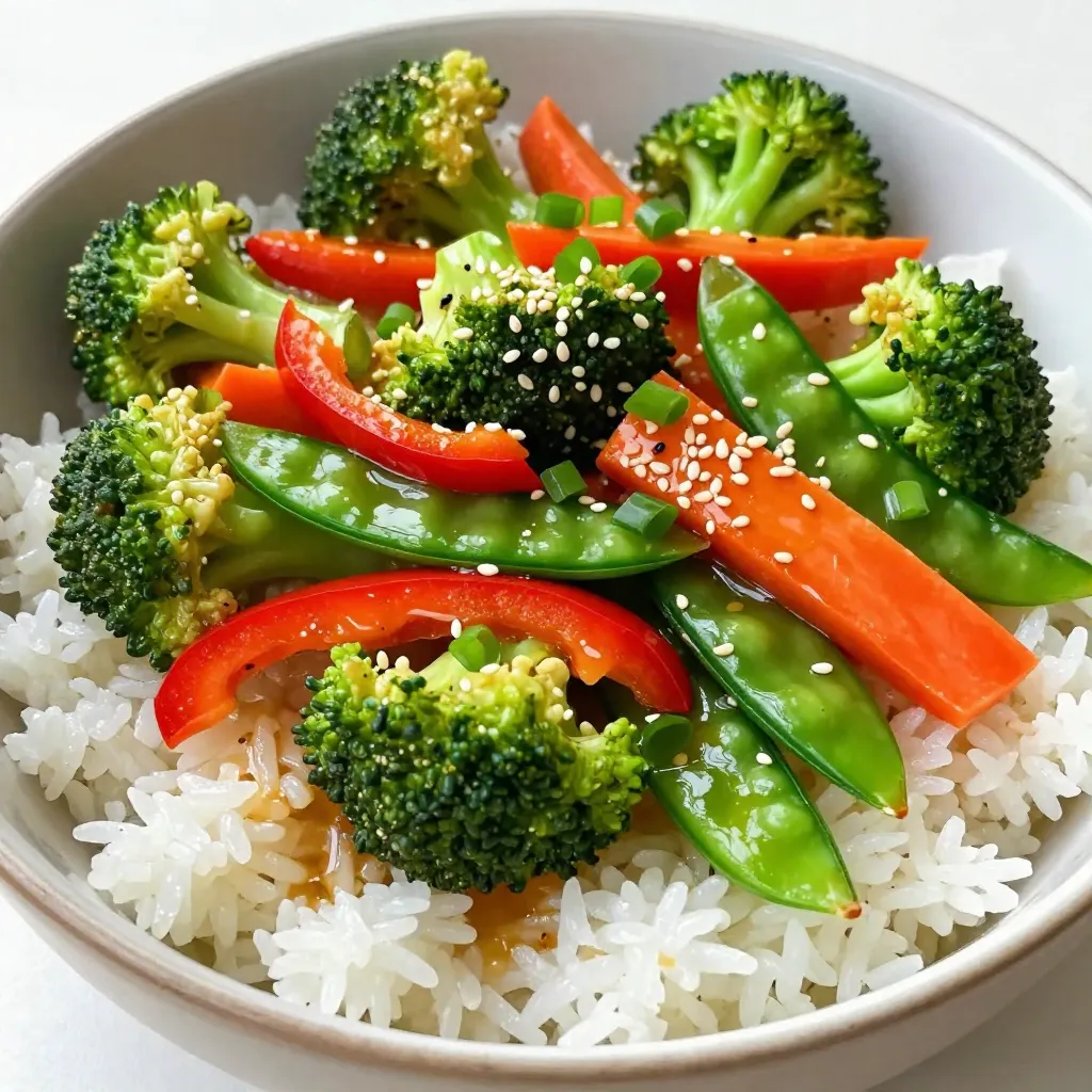 For a tasty sesame ginger stir-fry, you need these main ingredients: - 2 tablespoons sesame oil - 1-inch piece of fresh ginger, finely grated - 3 cloves of garlic, minced - 1 red bell pepper, thinly sliced - 1 cup broccoli florets - 1 cup sugar snap peas (or snow peas) - 1 cup carrots, cut into matchsticks (julienned) - 1 cup mushrooms, sliced - 3 tablespoons low-sodium soy sauce - 1 tablespoon honey or maple syrup - 2 green onions, thinly sliced (for garnish) - 2 tablespoons sesame seeds (toasted, if desired) These ingredients provide a great mix of flavors and textures. The sesame oil gives a nutty taste, while the ginger and garlic add warmth. You can add more flavor with these optional ingredients: - Red pepper flakes for a spicy kick - Fresh cilantro for a bright finish - Lime juice for a zesty twist These extras can lift the dish. Try adding them based on your taste. Don't have an ingredient? No worries. Here are some swaps and tips: - Use olive oil instead of sesame oil if you need to. - You can replace sugar snap peas with green beans. - If you lack fresh ginger, ground ginger works too, but use less. These substitutions help you create a great dish, even if you're missing something. Just keep the balance of flavors in mind. {{ingredient_image_2}} Start by gathering all your ingredients. You’ll need sesame oil, ginger, garlic, and fresh veggies. Measure out the soy sauce and honey too. This makes cooking quick and easy. Prepare your vegetables by slicing and chopping. This way, they cook evenly. 1. Heat 2 tablespoons of sesame oil in a large wok or skillet over medium-high heat. Look for the oil to shimmer. 2. Add 1-inch grated ginger and 3 minced garlic cloves to the pan. Sauté them for about 30 seconds. They should smell great but not burn. 3. Toss in the sliced red bell pepper, 1 cup broccoli florets, 1 cup sugar snap peas, 1 cup julienned carrots, and 1 cup sliced mushrooms. Stir-fry for 5-7 minutes. Keep stirring until the veggies are bright and tender-crisp. 4. In a small bowl, mix 3 tablespoons of soy sauce and 1 tablespoon of honey (or maple syrup). Whisk until combined. 5. Pour this sauce over the veggies and toss everything. Make sure the vegetables are well coated. 6. Cook for an extra 2-3 minutes. This lets the sauce caramelize lightly, adding rich flavor. 7. Once done, take the wok off heat. Add 2 sliced green onions and 2 tablespoons of toasted sesame seeds before serving. For a great stir-fry, use high heat. This keeps the veggies crisp and colorful. Keep them moving in the pan to avoid burning. Use a wok if you have one; it’s perfect for stir-frying. If you don’t, a large skillet works too. Always cut your veggies small and uniform. This ensures they cook evenly. Remember to prep before you cook to save time! When making Sesame Ginger Stir-Fry, avoid overcooking your veggies. They should stay bright and firm. Cooking them too long turns them mushy. Also, don’t skip the ginger and garlic. They add key flavors. Lastly, remember to prep all your ingredients first. A quick stir-fry cooks fast! You need a good wok or a large skillet for this dish. A high heat source is important. Use a wooden spoon or spatula for stirring; it prevents scratches. A good knife is essential for cutting veggies thinly. Having measuring spoons handy helps with accuracy. To spice things up, add red pepper flakes or a dash of sriracha. You can also use spicy soy sauce for a kick. If you prefer it milder, skip the ginger or garlic. Adding more honey or maple syrup will also tone down the heat. Adjust to your taste! Pro Tips Prep Vegetables Ahead: For a quicker cooking time, chop all your vegetables in advance and store them in the fridge until you're ready to stir-fry. Use Fresh Ingredients: Fresh vegetables will provide the best flavor and texture. Look for vibrant colors and firm produce for optimal results. High Heat is Key: Ensure your wok or skillet is hot before adding ingredients. This helps to sear the vegetables quickly, preserving their crunch. Customize Your Sauce: Feel free to experiment with the sauce by adding chili paste for heat or sesame oil for a deeper flavor profile. {{image_4}} You can easily add protein to your sesame ginger stir-fry. Tofu is a great choice for a vegetarian dish. Use firm tofu for the best texture. Just press the tofu to remove excess water, then cut it into cubes. Sauté it before adding the veggies. Chicken adds a nice flavor too. Use boneless, skinless chicken breast. Cut it into thin strips for quick cooking. Cook it in the sesame oil until it’s golden brown. Then, add the vegetables and sauce. Shrimp is another tasty option. Choose raw, peeled shrimp. Add it to the pan after the veggies start to cook. It cooks fast, so keep an eye on it. Once it turns pink, you know it's done! Feel free to switch up the vegetables based on the season. In spring, add asparagus or snap peas for a fresh taste. In summer, zucchini or bell peppers shine bright. In fall, butternut squash or Brussels sprouts bring warmth. Winter is perfect for kale or hearty greens. Mixing different colors of veggies makes your dish pop. Try using purple cabbage or orange carrots. The more colors, the more nutrients your meal has! You can serve sesame ginger stir-fry over whole grains or noodles. Brown rice is a healthy option. It adds fiber and keeps you full longer. Quinoa is another great choice. It’s packed with protein and cooks fast. If you prefer noodles, go for whole grain or rice noodles. They soak up the flavor of the sauce well. Cook them according to package instructions. Then, toss them in the stir-fry just before serving. This adds a fun twist to your meal! To store your Sesame Ginger Stir-Fry, let it cool first. Place it in an airtight container. The stir-fry will stay fresh in the fridge for up to three days. Make sure you seal the container well to keep out air and moisture. This helps keep the flavors bright and the veggies crisp. When you're ready to enjoy the leftovers, reheat them on the stove. Use a non-stick pan over medium heat. Add a splash of water or a bit of sesame oil to keep it moist. Heat for about 5 minutes, stirring often. This way, the veggies stay tasty and warm without getting soggy. If you want to save some stir-fry for later, freezing is a great option. Let the stir-fry cool completely before you freeze it. Use freezer-safe bags or containers. Remove as much air as possible. Your stir-fry can last in the freezer for up to three months. When you're ready to eat, thaw it in the fridge overnight and reheat on the stove. The best oil for stir-frying is sesame oil. It has a great flavor and a high smoke point. This oil can handle the heat without burning. You can also use oils like canola or peanut oil. They work well too if you want a different taste. Yes, you can make Sesame Ginger Stir-Fry ahead of time. Cook it as usual, then let it cool. Store it in an airtight container in the fridge for up to three days. When you are ready to eat, just reheat it in a pan. To make this recipe gluten-free, simply use gluten-free soy sauce. There are many brands that offer great flavor. Also, make sure all other sauces and ingredients are gluten-free. This way, you can enjoy your stir-fry without worry! In this blog post, we explored making a tasty Sesame Ginger Stir-Fry. You learned about key ingredients, helpful preparation steps, and cooking tips. We covered options for proteins, veggies, and how to adjust spice levels. Plus, we shared storage tips to keep leftovers fresh. Now you have the tools to create a quick and delicious meal. Don’t hesitate to get creative with flavors and ingredients. Enjoy cooking and make it your own!